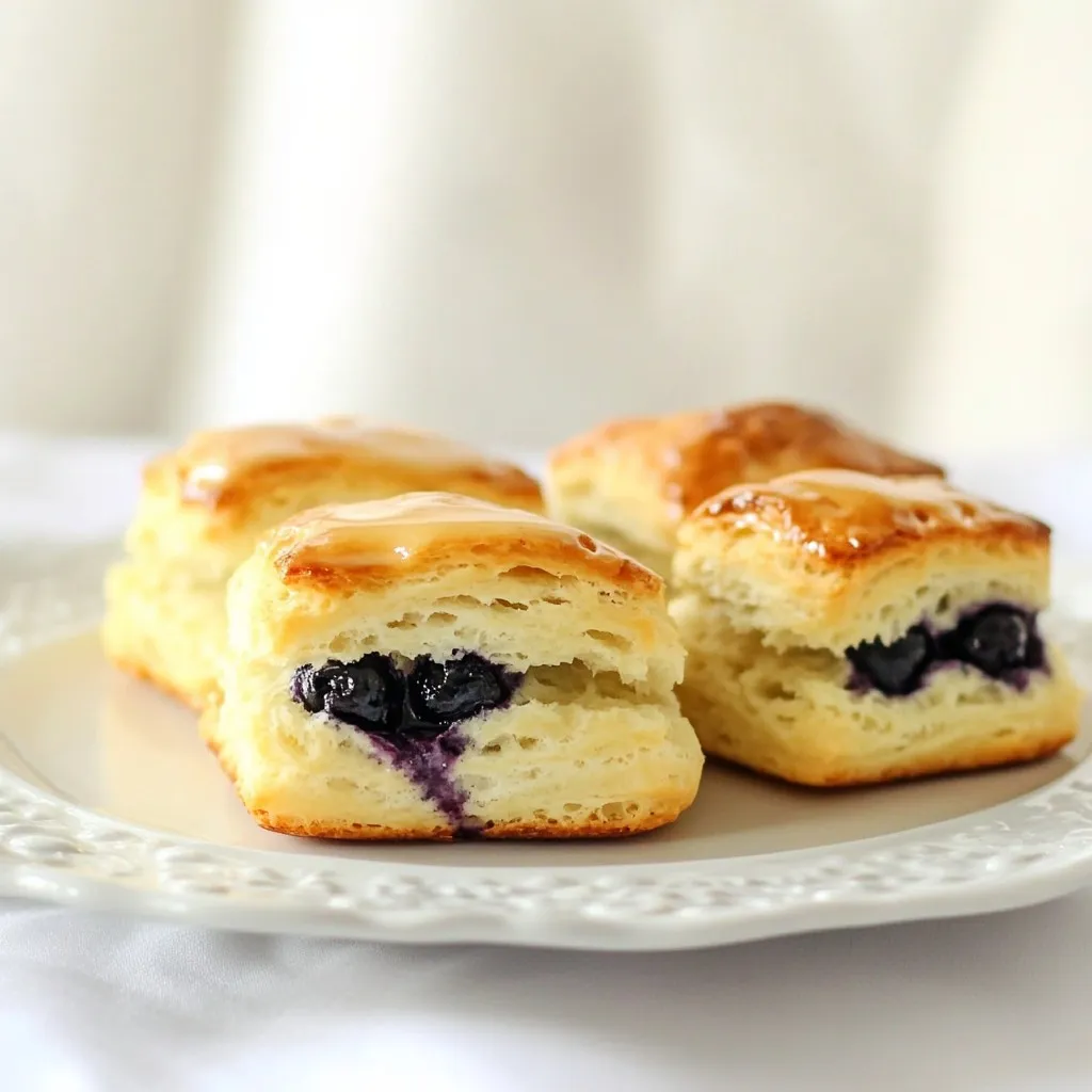 - 2 cups all-purpose flour - 1/4 cup granulated sugar - 1 tablespoon baking powder - 1/2 teaspoon salt - 1/2 cup unsalted butter, chilled and cubed - 3/4 cup buttermilk (or 3/4 cup milk plus 1 tablespoon vinegar) - 1 cup fresh blueberries, rinsed and drained - 1 teaspoon vanilla extract - 1 tablespoon heavy cream (for brushing the tops) - All-purpose flour: This is the base of your biscuits. It gives them structure. You can try whole wheat flour for a nuttier taste, but the texture will change. - Granulated sugar: This adds sweetness. You can swap it for brown sugar for a richer flavor. - Baking powder: This is your leavening agent. If you run out, use baking soda with some vinegar to create a similar effect. - Salt: This enhances flavors. Always use it for balance. You can use sea salt or kosher salt as alternatives. - Unsalted butter: Chilled butter helps create flaky layers in your biscuits. You can use margarine, but the taste will differ. - Buttermilk: This adds moisture and tang. If you don’t have any, mix milk with vinegar to make a homemade version. - Fresh blueberries: These are the star of the show! Frozen blueberries work too, but they may make your dough a bit wetter. - Vanilla extract: This gives a lovely aroma. You can skip it if you prefer a more straightforward flavor. - Heavy cream: This creates a golden finish. You can use milk if you don’t have cream on hand. - Look for blueberries that are deep blue in color. They should be firm and plump. - Avoid any berries that are shriveled or have green spots. These are signs of overripeness. - Check the bottom of the container for juice stains. This can mean the berries are too ripe. - If possible, buy organic blueberries. They often taste better and are free from harmful pesticides. - Store fresh blueberries in the fridge. Use them within a week for the best flavor and texture. {{ingredient_image_2}} Start by preheating your oven to 425°F (220°C). This high heat helps the biscuits rise. Line a baking sheet with parchment paper. This will prevent the biscuits from sticking and make cleanup easy. In a large bowl, mix together the flour, sugar, baking powder, and salt. Whisk until everything is well combined. Next, take your chilled butter and add it to the bowl. You can use a pastry cutter or your fingers to break the butter into the flour. Mix until it looks like coarse crumbs, with small pieces of butter still visible. Make a well in the center of the crumb mixture. Pour in the buttermilk and add the vanilla extract. Use a spoon to stir gently until the dough just starts to come together. Be careful not to overmix. Next, fold in the blueberries gently, so they stay whole. Lightly flour a clean surface and turn the dough onto it. Knead it gently just enough to form a ball. Shape the dough into a rectangle about 1-inch thick. Use a round cutter or glass to cut out the biscuits. Gather any scraps, reshape them, and cut more biscuits until you use all the dough. Place the biscuits on your baking sheet. Brush a thin layer of heavy cream on top using a pastry brush. This will give them a nice golden color when baked. Finally, bake for 12-15 minutes until they are lightly golden. Enjoy the smell as they bake! To get those soft, melt-in-your-mouth blueberry biscuits, focus on the dough. Start with cold butter. This keeps the biscuits flaky. When mixing, blend the butter until it looks like coarse crumbs. Then, add the buttermilk and stir gently. Overmixing will lead to tough biscuits, which we do not want. One common mistake is using warm butter instead of cold. This changes the texture. Another mistake is overworking the dough. Knead just enough to bring the dough together. Finally, avoid smashing the blueberries. They should stay whole for the best flavor and texture. Having the right tools makes a difference. Use a large mixing bowl for easy stirring. A pastry cutter helps mix the butter into the flour. A round cutter or glass can cut the biscuits neatly. Parchment paper on the baking sheet helps with easy cleanup. Each tool plays an important role in creating perfect biscuits! Pro Tips Chill the Ingredients: For the best texture, ensure your butter and buttermilk are very cold. This helps create flaky layers in your biscuits. Don’t Overmix: Mix the dough just until combined. Overmixing can lead to tough biscuits instead of tender, melt-in-your-mouth goodness. Fresh Blueberries: Use fresh blueberries for the best flavor and texture. If using frozen, do not thaw them before adding, as they can make the dough wet. Brush Before Baking: Brushing the tops with heavy cream enhances browning and gives a beautiful finish to your biscuits. {{image_4}} You can easily jazz up your blueberry biscuits. Try adding lemon zest for a bright, fresh taste. A teaspoon of cinnamon or nutmeg gives a warm, cozy flavor. Mix these in with the dry ingredients to spread the flavor evenly. Just a little zest or spice can change the whole biscuit! If you want a fun twist, swap out blueberries for other fruits. Raspberries bring a tart kick, while blackberries add sweetness. Cherries are also a great choice if you want to go bold. Just remember to adjust the sugar if your fruit is sweeter or tart. Don’t have buttermilk? No problem! You can make a quick substitute. Mix 3/4 cup of milk with 1 tablespoon of vinegar. Let it sit for a few minutes. This will mimic buttermilk’s tangy flavor. You can also use yogurt thinned with a bit of milk. Each option will keep your biscuits soft and delicious. To keep your blueberry biscuits fresh, store them in an airtight container. Place a piece of parchment paper between layers if stacking. This helps prevent sticking. Keep the container at room temperature for up to two days. If you want to keep them longer, consider freezing. Freezing biscuits is easy. First, let them cool completely after baking. Next, wrap each biscuit in plastic wrap. Place the wrapped biscuits in a freezer bag. Seal the bag well, removing as much air as possible. They can last up to three months in the freezer. When you are ready to enjoy them, simply thaw in the fridge overnight. To reheat your biscuits, preheat your oven to 350°F (175°C). Place the biscuits on a baking sheet. Heat them for about 10 minutes, or until warm. This method helps keep the biscuits soft and tasty. For a quick option, use the microwave. Heat them for 15-20 seconds. Enjoy your melt-in-your-mouth delight! Yes, you can prepare the dough ahead. Wrap it in plastic wrap and store it in the fridge for a day. This helps the flavors blend and saves you time later. Just remember to cut them into shapes before chilling. When you’re ready, bake them straight from the fridge. This gives you warm biscuits in no time! If your dough feels too sticky, don't worry. Lightly flour your work surface and your hands. Add a bit more flour to the dough, one tablespoon at a time, until it feels manageable. Be careful not to add too much flour, as this can make your biscuits tough. You want a soft dough that still holds its shape. You’ll know your biscuits are done when they turn a light golden brown on top. Check the edges; they should look set and a bit crisp. A toothpick inserted in the center should come out clean. If you see any wet batter, give them a few more minutes. Trust your nose, too; the smell will be amazing when they’re ready! You learned how to make delicious biscuits from scratch. We covered ingredients, tips, and variations. Choosing fresh blueberries and avoiding common mistakes is key. Remember, the right tools will help you succeed. You can add flavors like lemon zest or even other fruits. Finally, proper storage keeps your biscuits fresh longer. With these steps, you can bake perfect biscuits every time. Enjoy the process and share your love for baking with others!