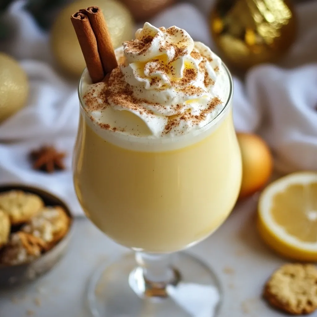 This cocktail is simple yet magical. Here’s what you need: - 1 cup eggnog (store-bought or homemade) - ½ cup whole milk - ¼ teaspoon pure vanilla extract - 1 tablespoon granulated sugar - ¼ teaspoon ground cinnamon, plus extra for garnish - ¼ teaspoon ground nutmeg - 1 small sugar cookie, crushed (for garnish) - Whipped cream (for a luxurious topping) - Optional: Extra cinnamon stick for garnish and stirring Each ingredient plays a key role. The eggnog gives a creamy base. Whole milk adds richness. Vanilla extract brings warmth. Cinnamon and nutmeg add festive spice. The sugar cookie garnish adds crunch and a hint of sweetness. You can swap some ingredients if needed: - Eggnog: Use almond or soy milk for a dairy-free option. - Whole milk: You can use 2% milk or oat milk. - Granulated sugar: Maple syrup or honey works well for natural sweetness. - Whipped cream: Try coconut whipped cream for a dairy-free topping. These swaps keep the same cozy feel while catering to your needs. Choose the best ingredients for a great cocktail: - Eggnog: If you buy it, look for brands with simple, natural ingredients. - Milk: Use whole milk for a creamier taste; it makes a big difference. - Spices: Freshly ground cinnamon and nutmeg have more flavor than pre-ground. - Sugar cookie: A homemade cookie adds a personal touch. Use your favorite recipe! These tips will make your drink taste even better and impress your guests. {{ingredient_image_2}} First, grab a medium saucepan. Pour in 1 cup of eggnog and ½ cup of whole milk. Set the heat to low. Stir gently as it warms. Watch closely; do not let it boil. Boiling changes the creamy texture. Heat until it feels warm to the touch. Now it’s time to add flavor. Add ¼ teaspoon of pure vanilla extract. Next, mix in 1 tablespoon of granulated sugar. Sprinkle in ¼ teaspoon of ground cinnamon and ¼ teaspoon of ground nutmeg. Stir well until the sugar dissolves. Make sure the spices blend throughout the mixture. This makes the drink taste rich and cozy. When the base is ready, take it off the heat. Let it cool for about 5 minutes. This makes it warm but not too hot to drink. After cooling, choose your favorite tall glass. Pour the mixture into the glass, filling it about three-quarters full. This leaves space for the whipped cream. Now, let’s make it pretty! Swirl some whipped cream on top. This adds a nice, rich layer. Next, sprinkle crushed sugar cookie over the cream. This gives a sweet crunch. Finally, dust a little ground cinnamon for extra flavor. If you want, add a cinnamon stick for stirring and decoration. Enjoy your festive drink! To make the best Sugar Cookie Eggnog Cocktail, focus on your heat. Always use low heat when warming the eggnog and milk. This keeps the drink creamy. Stir gently to mix well, but don’t let it boil. If it boils, the texture changes and it won't be as smooth. Add your spices carefully. Measure your cinnamon and nutmeg right. Too much can overpower the drink. Presentation is key for any cocktail. Use a tall glass to showcase your drink. Fill it about three-quarters full to leave space for whipped cream. When you add the whipped cream, swirl it on top for a fun look. Crushed sugar cookies on the cream add a nice crunch. A sprinkle of cinnamon on top is both pretty and tasty. For a final touch, consider adding a cinnamon stick. It adds flair and a hint of spice. You can customize your cocktail’s flavor. If you like it sweeter, add more sugar. For a stronger spice taste, increase the cinnamon or nutmeg a bit. Want to make it richer? Swap whole milk for heavy cream. If you prefer a lighter drink, use low-fat milk or a non-dairy option. Experiment with these adjustments to find your perfect blend. Pro Tips Use Fresh Spices: Freshly ground cinnamon and nutmeg will enhance the flavor profile of your cocktail, giving it a more vibrant and aromatic taste. Chill Your Glass: For an extra refreshing experience, chill your cocktail glasses in the freezer for about 10 minutes before serving. Adjust Sweetness: Depending on your personal taste, feel free to adjust the amount of sugar you add to the cocktail base. You can also use flavored syrups for a unique twist. Garnish Creatively: Experiment with different garnishes such as mini marshmallows or chocolate shavings for added texture and visual appeal. {{image_4}} You can make a dairy-free version of this cocktail. Use almond milk or oat milk instead of whole milk. For the eggnog, look for dairy-free brands. These alternatives keep the creamy taste without the dairy. You still get the same festive vibe. Want a kick? Add your favorite spirit! Rum or bourbon works best. Start by adding one ounce to the warm mixture. Stir well and taste. You can always add more if needed. This twist makes it perfect for adult holiday gatherings. Get creative with seasonal flavors! Try adding a splash of peppermint extract for a minty twist. You can also use flavored syrups, like hazelnut or gingerbread. Sprinkle in some crushed candy canes for a fun garnish. Each option brings a new festive taste to your cocktail. To keep your sugar cookie eggnog cocktail fresh, store your ingredients properly. Use airtight containers for opened eggnog and whole milk. Keep them in the fridge to avoid spoilage. Be sure to check expiration dates on store-bought items. If you make homemade eggnog, use it within three days for the best taste. Refrigerate the cocktail base if you have leftovers. Allow it to cool to room temperature first. Then, transfer it to an airtight container. Store it in the fridge for up to two days. Before serving, check for any signs of spoilage. If it smells or looks off, it’s best to toss it out. Reheating the cocktail base is simple. Pour it into a saucepan over low heat. Stir gently to prevent burning. Heat until just warm, but do not let it boil. This keeps the creamy texture smooth. Serve it again in your favorite glass, and enjoy the festive flavors! Yes, you can make this cocktail ahead of time. Prepare the base by heating the eggnog and milk. Add the flavors and let it cool. Store it in the fridge for up to 24 hours. When you're ready to serve, just warm it gently on the stove. This way, you save time and enjoy more moments with friends. Eggnog pairs well with various alcohols. Rum is a classic choice, giving a warm and cozy feel. Bourbon adds a rich and smooth flavor. Brandy also works nicely, offering a fruity touch. You can mix and match based on your taste. Experiment to find your favorite blend. Making a non-alcoholic version is simple. Just skip the alcohol and use the same ingredients. You can add extra spices like vanilla or cinnamon for more flavor. This way, everyone can enjoy the festive taste without alcohol. It’s perfect for parties where guests may not drink. In this blog post, we explored key ingredients for crafting the perfect cocktail. You learned about substitutions, quality tips, and step-by-step instructions for mixing and serving. We discussed tips for making your drink shine, variations to fit any taste, and storage guidelines to keep ingredients fresh. Remember, a great cocktail starts with quality ingredients and thoughtful preparation. Experiment with flavors to create your unique twist. Enjoy the process, and impress your friends with your new skills!