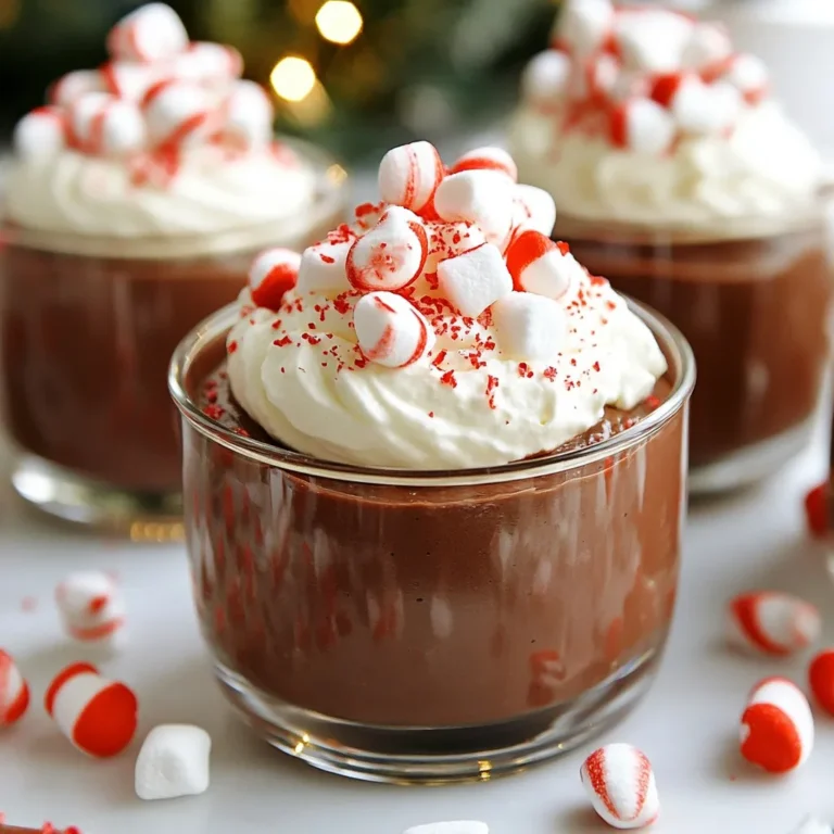 - 1 cup heavy whipping cream (divided) - 1/2 cup whole milk - 1/3 cup granulated sugar - 1/2 cup semi-sweet chocolate chips - 1/4 cup unsweetened cocoa powder - 1 teaspoon pure vanilla extract - 1/4 teaspoon peppermint extract - A pinch of salt - Whipped cream for topping - Crushed peppermint candies for garnish - Mini marshmallows (optional) Gather these simple ingredients to create your peppermint hot cocoa chocolate mousse cups. Each item plays a key role in building rich flavor and a smooth texture. The heavy whipping cream gives a fluffy base, while the semi-sweet chocolate chips provide a deep chocolate taste. Whole milk keeps the mousse creamy, and granulated sugar adds sweetness. Unsweetened cocoa powder intensifies the chocolate flavor, while pure vanilla and peppermint extracts bring warmth and festive cheer. Don't forget the toppings! Whipped cream adds a light, airy finish. Crushed peppermint candies give a nice crunch and brightness. Mini marshmallows are optional but fun for a cozy touch. With these ingredients, your mousse cups will look and taste amazing! {{ingredient_image_2}} To start, combine the chocolate chips, heavy cream, and whole milk in a small saucepan. Use low heat to melt the chocolate. Stir the mixture continuously until it becomes smooth. This step is key for a rich texture. Once melted, take it off the heat and let it cool for a few minutes. In a medium bowl, whisk together the granulated sugar, unsweetened cocoa powder, vanilla extract, peppermint extract, and a pinch of salt. This combination adds depth to your mousse. Gradually mix in the cooled chocolate mixture, whisking until it becomes creamy and fully blended. This will form the base of your mousse. Next, take the remaining heavy cream and pour it into a clean bowl. Use a handheld mixer or a whisk to beat the cream until stiff peaks form. Be careful not to overwhip it. You want it to be fluffy, not grainy. This whipped cream adds lightness to your mousse. Now, gently fold the whipped cream into the chocolate mixture. Use a spatula for this step. Fold carefully to avoid deflating the whipped cream. Continue folding until the mixture is smooth and well combined. You should not see any streaks of whipped cream in the chocolate. Portion the mousse into dessert cups or small glasses. Cover each cup with plastic wrap and place them in the refrigerator. Chill the cups for at least two hours. This allows the mousse to set firmly, making it easy to enjoy. When you are ready to serve, take the mousse cups out of the fridge. Top each cup with whipped cream. Then, sprinkle crushed peppermint candies over the top. If you like, add mini marshmallows for extra fun. These toppings make the mousse look festive and delicious. To avoid overwhipping your cream, focus on the signs of a perfect texture. You'll know you’re there when the cream holds soft peaks. This means the cream should look thick but still have a little bounce. If you whip too long, the cream will turn grainy and may turn into butter. Keep your eye on it and stop as soon as it looks fluffy. How you present your mousse cups makes a big difference. Use a decorative tray to serve them. It adds a festive touch. You can even place a peppermint stick in each cup for a fun twist. For extra flair, sprinkle cocoa powder or chocolate shavings around the plate. This makes the dessert look chic and inviting. When folding the whipped cream into the chocolate mixture, use a spatula. It’s important to be gentle. Start by adding a small amount of whipped cream to the chocolate base. Fold it in lightly. Then, gradually add the rest of the whipped cream. This technique keeps the mousse airy. Avoid stirring too hard, as it can deflate the whipped cream. Pro Tips Use Fresh Ingredients: Always opt for fresh heavy cream and high-quality chocolate chips for the best flavor and texture in your mousse. Chill Your Tools: For an even fluffier whipped cream, chill your mixing bowl and beaters in the refrigerator before whipping. Be Gentle When Folding: When combining the whipped cream with the chocolate mixture, use a gentle folding motion to maintain the light and airy texture. Let It Set: Allow the mousse to chill for a full 2 hours or more to achieve the perfect consistency before serving. {{image_4}} You can switch up the flavor of your mousse easily. Try using different extracts. Instead of peppermint, use almond or hazelnut extracts for a unique twist. Just a few drops can change the whole taste. Keep the same base recipe and see what you like best! Toppings can make your mousse even more fun. Instead of whipped cream, use chocolate ganache. This rich topping adds a new layer of flavor. You can also add chocolate shavings or colorful sprinkles for extra flair. Each topping gives a different look and taste to your mousse cups. Want a dairy-free option? It’s simple! Substitute heavy cream and milk with plant-based cream and milk. Almond milk or coconut cream works well. This way, everyone can enjoy your peppermint hot cocoa chocolate mousse cups, regardless of dietary needs. To store your mousse cups, cover each cup with plastic wrap. Place them in the fridge. This keeps them fresh and tasty. Make sure they sit flat to avoid spills. Always chill for at least two hours before serving. This helps the mousse set and taste better. Can you freeze mousse cups? Yes, you can! However, I suggest only freezing for a short time. If you freeze them, cover tightly with plastic wrap and then foil. When you want to enjoy them, move them to the fridge to thaw overnight. This keeps the texture nice and creamy. How long do mousse cups stay fresh? In the fridge, they can last up to four days. After that, they may lose their flavor and texture. If you freeze them, aim to eat them within a month for the best taste. Always check for any changes in smell or look before eating! Yes, you can make these mousse cups ahead of time. Prepare them up to two days before you plan to serve. Store them covered in the fridge. This allows the flavors to blend and the mousse to set well. Just add toppings right before serving for the best taste. You can use coconut cream or full-fat yogurt instead of heavy whipping cream. Coconut cream adds a nice flavor and works well in desserts. Full-fat yogurt gives the mousse a creamy texture but may make it a bit less rich. Both options will change the flavor slightly. To boost the peppermint flavor, add an extra drop of peppermint extract. You can also mix in crushed peppermint candies into the mousse. If you want a lighter flavor, use peppermint-infused whipped cream as a topping. Experiment to find what you enjoy the most! Yes, you can use sugar substitutes like stevia or erythritol. These options can keep the mousse sweet without extra calories. Keep in mind, some sugar substitutes may change the texture slightly. Make sure to adjust the amount based on the brand's sweetness. If you don’t have dessert cups, use small glasses or even coffee mugs. You can also layer the mousse in a larger bowl for a shared dessert. Get creative with what you have on hand. Just be sure to chill it well before serving! In this post, we explored how to make delicious Peppermint Hot Cocoa Chocolate Mousse Cups. You learned about the key ingredients, step-by-step instructions, and helpful tips. Remember to fold gently for a fluffy texture. You can also try different flavors or toppings to make it your own. Keep your mousse chilled for the best taste. With these insights, you’re set to impress friends and family with this sweet treat. Enjoy every creamy bite!