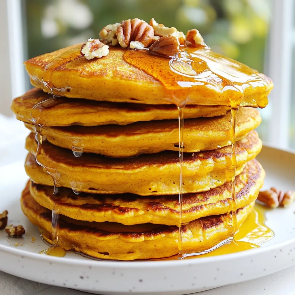 To make these tasty pancakes, you need these key ingredients: - 1 cup rolled oats - 1/2 cup pumpkin puree - 1/2 cup cottage cheese - 2 large eggs - 1/4 cup protein powder (vanilla or unflavored) - 1 tsp baking powder - 1/2 tsp pumpkin pie spice - 1/4 tsp salt - Olive oil or cooking spray for frying These main ingredients give the pancakes a great texture and a protein boost. The oats add fiber, while the pumpkin adds moisture and flavor. Cottage cheese makes them creamy and rich in protein. Eggs help bind everything together, and the protein powder adds even more nutrition. You can customize your pancakes with these optional ingredients: - 1-2 tbsp maple syrup (for sweetness) - A handful of nuts like pecans or walnuts - Chocolate chips or dried fruit for extra flavor Adding maple syrup can sweeten the pancakes and enhance their taste. Nuts give a nice crunch and add healthy fats. Chocolate chips can turn these pancakes into a fun treat! Each serving of these high protein pumpkin pancakes is packed with nutrition. Here’s a quick breakdown of what you get: - Calories: About 300 - Protein: Roughly 25g - Carbohydrates: Around 35g - Fat: About 10g These pancakes are not only delicious but also keep you full and energized. The high protein content makes them a smart choice for breakfast. Enjoy this healthy start to your day! {{ingredient_image_2}} To start, gather your ingredients. In a high-speed blender, add: - 1 cup rolled oats - 1/2 cup pumpkin puree - 1/2 cup cottage cheese - 2 large eggs - 1/4 cup protein powder - 1 tsp baking powder - 1/2 tsp pumpkin pie spice - 1/4 tsp salt - 1-2 tbsp maple syrup (if you want it sweeter) Blend these on high. You want a smooth and creamy batter. Make sure there are no lumps left. This step is key for fluffy pancakes. Next, take a non-stick skillet or griddle. Heat it over medium heat. Once warm, coat the surface with olive oil or cooking spray. This helps to keep the pancakes from sticking. Now, pour 1/4 cup of the batter onto the skillet for each pancake. Let them cook undisturbed. You will see bubbles forming on the surface after about 2-3 minutes. The edges will look firmer. This means they are ready to flip. Using a spatula, carefully flip the pancakes over. Cook them on the other side for another 2-3 minutes. You want them golden brown and cooked through. Once cooked, take the pancakes off the skillet. Place them on a warm plate. You can also use a low-temperature oven to keep them warm. Repeat the cooking process with the rest of the batter. These steps will help you make delicious high protein pumpkin pancakes. Enjoy every bite! To get the best pancake texture, blend the batter well. You want it smooth and creamy. If your batter is too thick, add a splash of milk or water. Heat your skillet to medium, not high. This helps cook the pancakes evenly. Flip when bubbles form and edges look set. This timing gives you fluffy pancakes. You can swap some ingredients for healthier options. Use Greek yogurt instead of cottage cheese for extra protein. If you want a dairy-free option, use silken tofu. For oats, try oat flour if you prefer a finer texture. Instead of maple syrup, use mashed banana for natural sweetness. These swaps keep your pancakes tasty and nutritious. Serve your pancakes stacked high on a plate. Drizzle with maple syrup for sweetness. Add a sprinkle of pumpkin pie spice for extra flavor. Want some crunch? Top with toasted pecans or walnuts. Fresh fruit like sliced bananas or berries makes a great addition. Serve with a side of yogurt to boost protein even more. Enjoy this wholesome meal! Pro Tips Use Fresh Pumpkin Puree: For the best flavor and texture, consider using homemade pumpkin puree rather than canned. It can brighten the taste of your pancakes and provide a fresher, more vibrant flavor. Experiment with Spices: While pumpkin pie spice is a classic choice, don’t hesitate to add a pinch of nutmeg or cinnamon for an extra flavor dimension. Tailor the spices to your personal taste for a unique twist. Check Doneness Carefully: To ensure your pancakes are perfectly cooked, check the internal temperature with a food thermometer; they should reach 160°F. This guarantees they are safe to eat and wonderfully fluffy. Make Ahead and Freeze: For a quick breakfast option, make a batch of pancakes ahead of time and freeze them. Simply reheat in the toaster or microwave for a nutritious meal in minutes. {{image_4}} To make these pancakes vegan, replace the eggs and cottage cheese. Use a flax egg instead of eggs. Mix 1 tablespoon of ground flaxseed with 2.5 tablespoons of water. Let it sit for a few minutes to thicken. For the cottage cheese, use silken tofu. Blend it until smooth to mimic the creamy texture. You can still use rolled oats, pumpkin puree, protein powder, and spices. This vegan twist keeps the protein high and the flavor delicious. For a gluten-free version, simply choose gluten-free oats. They work just as well as regular oats. Make sure your protein powder is gluten-free too. Also, check the baking powder to ensure it’s gluten-free. You can use almond flour or coconut flour instead of oats for a different texture. These options keep your pancakes fluffy and light while still being gluten-free. You can easily change the flavor of these pancakes. Add extra spices like cinnamon, nutmeg, or ginger for a warm taste. You can also mix in some chocolate chips for a sweet touch. If you want a fruity twist, add mashed bananas or blueberries to the batter. For nut lovers, toss in chopped walnuts or pecans. Each variation adds a unique flavor to your breakfast treat. Enjoy experimenting with different tastes! To store leftover pancakes, let them cool first. Place them in an airtight container. You can stack them with parchment paper in between to avoid sticking. Keep the container in the fridge. They will stay fresh for about three days. For meal prep, freezing is a great option. Wrap each pancake in plastic wrap. Then, put them in a freezer-safe bag or container. They can last for up to three months in the freezer. When you want them, just take out what you need. To reheat, use the microwave or a skillet. If using the microwave, warm for about 30 seconds. Check them and heat more if needed. For the skillet, heat on medium-low for about one minute per side. This way, the pancakes will regain their fluffy texture. Enjoy them warm for the best taste! These pancakes are high in protein due to key ingredients. First, cottage cheese adds a creamy texture and boosts protein. Second, protein powder contributes even more protein. With two eggs in the batter, you also gain additional protein. The combination of these ingredients gives you a filling meal. Yes, you can use various types of protein powder. Vanilla or unflavored protein works best, but feel free to experiment. Plant-based protein powder is a good choice too. Just keep in mind that some powders can change the pancake's taste or texture. To enhance the pumpkin flavor, add more pumpkin pie spice to the batter. You can also try using fresh pumpkin puree instead of canned. A splash of vanilla extract will boost the pumpkin taste too. Lastly, topping the pancakes with spiced pumpkin seeds can add flavor and crunch. You can tell the pancakes are done when bubbles form on the surface. The edges should look firm and slightly dry. After flipping, cook until the other side turns golden brown. A toothpick inserted in the center should come out clean to ensure they are fully cooked. Yes, you can make these pancakes ahead of time. Prepare the batter and store it in the fridge overnight. Just give it a quick stir before cooking. You can also cook the pancakes in advance and store them. Reheat them in the toaster or microwave when ready to eat. High protein pumpkin pancakes are easy and tasty. We covered key ingredients, step-by-step instructions, and helpful tips. You learned about variations and storage options to keep your pancakes fresh. These pancakes can suit many diets, from vegan to gluten-free. Embrace your creativity and swap in your favorite flavors. Enjoy these nutritious pancakes any time. They boost your energy and health while tasting great. Now, it’s time to cook and savor your delicious creations!