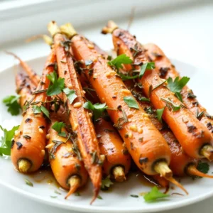 To make Garlic Herb Roasted Carrots, gather these simple ingredients: - 1 pound baby carrots, thoroughly washed and trimmed - 3 tablespoons extra virgin olive oil - 4 cloves garlic, finely minced - 1 teaspoon dried thyme - 1 teaspoon dried rosemary - 1 teaspoon coarse sea salt - &frac12; teaspoon freshly ground black pepper - Fresh parsley, finely chopped (for garnishing) These ingredients create a flavorful dish. Baby carrots provide natural sweetness. Olive oil helps the herbs stick and adds richness. Garlic gives the dish a lovely aroma. Dried thyme and rosemary add depth to the flavor. Sea salt enhances all the tastes, while black pepper adds a hint of spice. Finally, fresh parsley brightens the dish and makes it look beautiful. When you combine these ingredients, you create a tasty side that pairs well with many meals. Use this recipe to impress your family or guests. The vibrant colors and inviting scents will surely draw everyone in. {{ingredient_image_2}} 1. Preheat the oven Start by preheating your oven to 425&deg;F (220&deg;C). This heat will help the carrots roast well. 2. Prepare the marinade In a big bowl, mix 3 tablespoons of olive oil, 4 minced garlic cloves, 1 teaspoon each of thyme and rosemary, 1 teaspoon of sea salt, and &frac12; teaspoon of black pepper. Whisk until it&rsquo;s all combined. The mixture should smell amazing. 3. Coat the carrots Add 1 pound of baby carrots to the bowl. Toss them well in the marinade. Make sure every carrot gets a nice coat. This is where the flavor starts to build. 1. Arrange on baking sheet Line a baking sheet with parchment paper. Spread the marinated carrots in a single layer. Leave some space between each carrot to help them roast evenly. 2. Oven roasting details Place the baking sheet in your hot oven. Roast the carrots for 25-30 minutes. This time will make them tender and give them a nice caramelized look. 3. Stirring midway for even cooking Halfway through roasting, take the sheet out and gently stir the carrots. This helps them cook evenly and get that golden color all around. 1. Serving suggestions Once the carrots are done, take them out of the oven. Place them on a serving platter. This dish looks great on any table. 2. Garnishing with parsley Finish with a sprinkle of fresh parsley. This adds a pop of color and fresh taste. Your Garlic Herb Roasted Carrots are now ready to enjoy! To get tender carrots, aim for baby carrots. They cook faster and have great flavor. If you use larger carrots, cut them into smaller pieces. This helps them roast evenly. Always wash and trim your carrots before cooking. It makes a big difference in taste. Herbs can change the taste of your dish. If you don't have thyme or rosemary, try oregano or basil. Both work well with carrots. You can also add other vegetables. Sweet potatoes or parsnips roast nicely with carrots. Mix them for a colorful dish. For serving, choose a rustic wooden bowl. It adds a warm, homey feel. You can also use a colorful ceramic dish to show off the bright orange of your carrots. When plating, try stacking the carrots in a fan shape. This makes your dish look fancy and inviting. Pro Tips Choose Fresh Carrots: Opt for fresh, vibrant baby carrots for the best flavor and texture. Look for ones that are firm and free from blemishes. Experiment with Herbs: Feel free to swap out the dried thyme and rosemary for other herbs like dill or oregano to customize the flavor profile to your liking. High Heat is Key: Roasting at a high temperature caramelizes the natural sugars in the carrots, enhancing their sweetness and creating a lovely golden color. Don&rsquo;t Overcrowd the Pan: Give each carrot enough space on the baking sheet to ensure they roast evenly and achieve that desired crispness. {{image_4}} You can change the flavor of your carrots by using different herbs. An Italian herb blend adds a nice twist. Mix in oregano, basil, and marjoram for a delicious taste. Using fresh herbs can make your dish even tastier. Fresh thyme or rosemary gives a bright flavor that dried herbs can&rsquo;t match. Just remember to use more fresh herbs than dried. A good rule is three times the amount. Adding a touch of sweetness can enhance the flavor of your roasted carrots. Honey or maple syrup can add a lovely glaze. Just drizzle a bit over the carrots before roasting. You can also mix in other root vegetables. Think parsnips or sweet potatoes. This adds variety and texture to your dish. Just cut them to the same size as your carrots. If you love heat, try adding chili flakes. A pinch can bring a nice kick to your dish. Just be careful not to add too much. Adding citrus zest can brighten up the flavor. Lemon or orange zest can add a fresh taste that pairs well with the garlic. Just sprinkle some on after roasting for a zesty finish. After making Garlic Herb Roasted Carrots, let them cool first. Store leftovers in an airtight container. They stay fresh in the fridge for up to four days. When you're ready to eat, reheat them in the oven at 350&deg;F (175&deg;C) for about 10 minutes. This way, they regain some of their crispy texture. You can freeze roasted carrots if you want to keep them longer. First, let them cool completely. Spread them out on a baking sheet in a single layer. Freeze for about two hours, then transfer them to a freezer bag. Remove as much air as you can to prevent freezer burn. For thawing, take them out a day before and place them in the fridge. You can also reheat them directly from the freezer in the oven. Garlic Herb Roasted Carrots stay fresh for four days in the fridge. If you freeze them, they last for about three months. Check for signs of spoilage, like mold or an off smell. If they look or smell bad, throw them away. Always trust your senses when it comes to food safety. Yes, you can use regular carrots. Just peel and cut them into sticks. Aim for sizes similar to baby carrots. This helps them roast evenly. Regular carrots add good flavor. Roasted carrots can last for about 3 to 5 days in the fridge. Keep them in an airtight container. Check for any signs of spoilage before eating. If they smell bad or look slimy, toss them out. Yes, you can prepare them ahead. Chop and coat the carrots with the marinade. Store them in the fridge for up to 24 hours. This makes the flavors even better. - Tips for pre-roasting: - Marinate the carrots the night before. - Spread them on a baking sheet before roasting. - Add a bit more oil if needed to keep them moist. Garlic Herb Roasted Carrots go well with many dishes. They pair nicely with grilled chicken or roasted meats. They also complement quinoa or rice dishes. Add them to salads for a colorful touch. These carrots add flavor and color to your meal. Roasting baby carrots is easy and rewarding. You learned about simple ingredients and prep steps. The instructions helped you create a tasty dish. Tips on flavors and storage keep your meal fresh. You can mix herbs and even sweeten your carrots. Final thoughts: enjoy being creative with your cooking. Experiment with different flavors and serve your carrots in fun ways. The joy of cooking lies in trying new things, so get started!