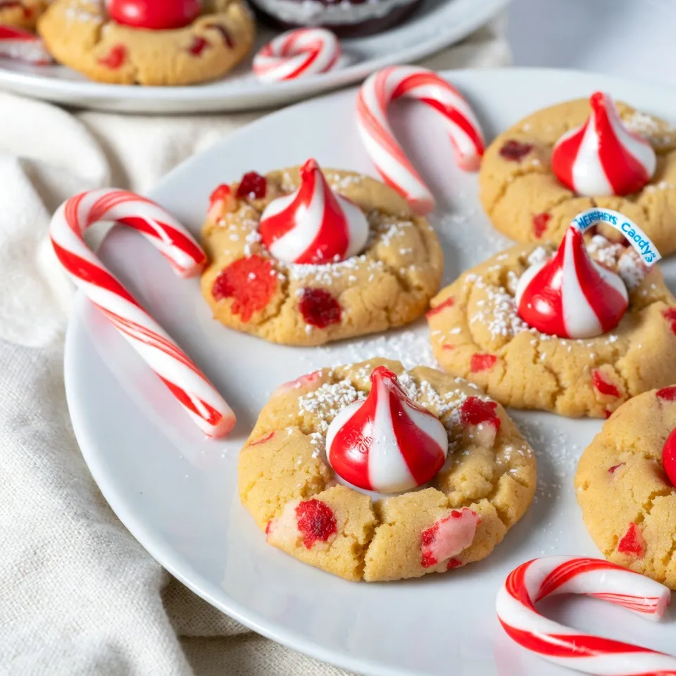 - 1 cup unsalted butter - ¾ cup powdered sugar - 1 teaspoon pure vanilla extract - 1 teaspoon almond extract - 2 cups all-purpose flour - ½ teaspoon baking powder - ¼ teaspoon salt I love using unsalted butter because it gives me control over the salt in the cookies. The powdered sugar makes the cookies sweet and smooth. Vanilla and almond extracts add rich flavors. All-purpose flour gives the cookies structure, while baking powder helps them rise. A pinch of salt balances the sweetness. - 1 cup crushed candy canes - 24 Hershey's Candy Cane Kisses Crushed candy canes add a fun crunch and a burst of peppermint flavor. I like to use about four to five candy canes for one cup. The Hershey's Candy Cane Kisses melt beautifully on top. They make the cookies look festive and add a chocolatey taste. - Mixing bowls - Electric mixer - Baking sheets - Parchment paper You need mixing bowls for combining the dough. An electric mixer makes creaming the butter and sugar easy. Baking sheets hold the cookies while they bake. Parchment paper keeps the cookies from sticking. These tools make the process smooth and fun. {{ingredient_image_2}} 1. First, preheat your oven to 350°F (175°C). Line two baking sheets with parchment paper. 2. In a large bowl, add 1 cup of softened unsalted butter and ¾ cup of sifted powdered sugar. Mix them with an electric mixer for about 3-5 minutes. You want it light and fluffy. 3. Next, add 1 teaspoon of pure vanilla extract and 1 teaspoon of almond extract. Mix until smooth and well blended. 1. In another bowl, whisk together 2 cups of all-purpose flour, ½ teaspoon of baking powder, and ¼ teaspoon of salt. This helps spread the flavors evenly. 2. Gradually mix the dry ingredients into the wet mixture. Use low speed until a smooth dough forms. 1. Now, gently fold in 1 cup of crushed candy canes. This adds a festive crunch. 2. Take a tablespoon of dough and roll it into a ball. Place each ball about 2 inches apart on your baking sheets. 3. With your thumb or the back of a teaspoon, make a small indentation in each dough ball. 4. Bake the cookies for 10-12 minutes. The edges should be lightly golden and the centers set. 5. When you take them out of the oven, press a Hershey's Candy Cane Kiss into the center of each cookie. Let it melt slightly to create a chocolate swirl. 6. Let the cookies rest for five minutes on the baking sheets. Then, transfer them to wire racks to cool completely. Enjoy these festive treats! To get the best dough consistency, start with softened butter. It helps mix better with sugar. Beat the butter and powdered sugar until light and fluffy. This usually takes about 3 to 5 minutes. When adding flour, mix on low speed to avoid a mess. The dough should be soft but not sticky. For baking, preheat your oven to 350°F (175°C). Bake the cookies for 10 to 12 minutes. The edges should turn golden while the centers look set. This timing helps keep the cookies soft and chewy. If your dough is crumbly, try adding a splash of milk. This will help bind the dough better. Mix it in gradually until the dough holds together. If your cookies bake unevenly, make sure your oven is calibrated. Rotate the baking sheets halfway through baking for even heat. A light dusting of powdered sugar gives a snowy look to your cookies. You can also arrange the cookies on a festive platter. For a fun touch, add whole candy canes or small holiday decorations. This makes your presentation colorful and inviting. Pro Tips Chill the Dough: If your dough is too soft or sticky, chill it in the refrigerator for about 30 minutes. This will make rolling the cookies easier and help them maintain their shape while baking. Use Fresh Candy Canes: For the best flavor and crunch, use fresh candy canes. Stale candy canes can lose their texture and flavor, affecting the overall taste of your cookies. Don’t Overbake: Keep an eye on the baking time. It's better to underbake slightly, as cookies will continue to firm up while cooling on the baking sheet. Customize Toppings: Feel free to experiment with different toppings. You can use white chocolate chips or peppermint bark instead of Candy Cane Kisses for a unique twist! {{image_4}} You can switch up the sweet flavors in these cookies. Try using different flavored Kisses. You might like peanut butter or caramel Kisses for a twist. Each type adds a new taste and fun to your cookies. Incorporating chocolate chips is another great option. Use semi-sweet or white chocolate chips. They mix well with the candy canes and create a rich flavor. You can even blend chocolate chips with Kisses for double the treat. Making these cookies gluten-free is simple. Use a gluten-free flour blend in place of regular flour. This swap keeps the cookies soft and tasty. You can enjoy the same festive treat without gluten. For vegan substitutes, replace the butter with coconut oil or vegan butter. Use flax eggs instead of regular eggs. These changes keep your cookies plant-based and just as yummy. Want to boost the peppermint flavor? Adding peppermint extract is a great choice. Just a little will make your cookies extra minty and fresh. This is perfect for holiday vibes. You can also include zest from citrus fruits. Lemon or orange zest brightens the flavor. It adds a surprising twist that blends well with the peppermint. Try it out for a unique cookie experience! To keep your Candy Cane Kiss Cookies fresh, use airtight containers. Glass jars or plastic bins work great. Store them at room temperature away from sunlight. These cookies will stay fresh for about one week. If you want to save some for later, freezing is a good option. First, let the cookies cool completely. Place them on a baking sheet in a single layer. Freeze for about an hour. Then, transfer them to a freezer bag. Squeeze out as much air as possible. They can last up to three months in the freezer. To thaw, simply take the cookies out of the freezer. Leave them at room temperature for about 30 minutes. This helps them regain their soft texture. When you want to enjoy warm cookies, reheating is easy. Preheat your oven to 300°F (150°C). Place the cookies on a baking sheet for about 5 minutes. This warms them without losing their crunch. You can also use the microwave. Heat them for 10-15 seconds. Enjoy the melty chocolate and festive flavor! Yes, you can make the dough in advance. After mixing, wrap it in plastic wrap. Store it in the fridge for up to three days. When you are ready to bake, let it sit at room temperature for 10-15 minutes. This makes it easier to roll into balls. Candy Cane Kiss Cookies stay fresh for about a week. Store them in an airtight container at room temperature. If you want to keep them longer, you can freeze them. They will last for up to three months in the freezer. Absolutely! You can use different flavored Kisses if you like. Milk chocolate, dark chocolate, or even peanut butter Kisses work well. Just remember that this will change the flavor of your cookies, but it can be fun to experiment! Yes, these cookies are great for shipping! They hold their shape well during transport. Just make sure to pack them tightly in a sturdy container. Add some cushioning like bubble wrap to keep them safe. If you can't find Candy Cane Kisses, don't worry! You can use regular Hershey's Kisses or even chocolate chips. You can also top the cookies with crushed candy canes after baking for that festive touch. Making Candy Cane Kiss Cookies is easy and fun. We covered the key ingredients, tools, and steps to make these festive treats. Plus, I shared great tips for perfect cookies and fun variations. You can adapt these recipes to your taste, whether you want gluten-free or vegan options. Enjoy baking and sharing these cookies with friends and family. They’re sure to bring joy to any celebration!