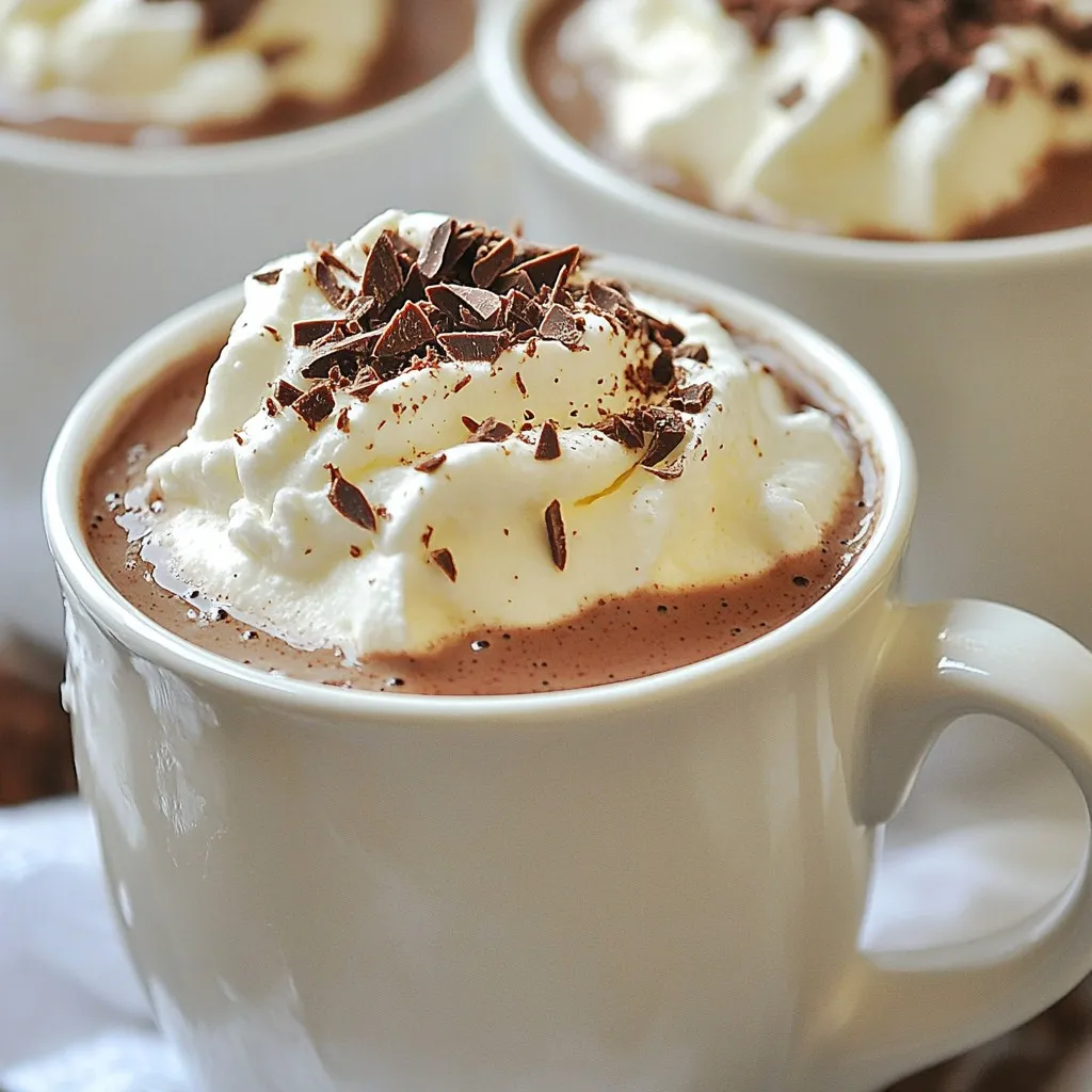 - 4 cups milk (whole, almond, oat, or any dairy alternative) - 1 cup heavy cream - 1/2 cup unsweetened cocoa powder - 1 cup semi-sweet chocolate chips - 1/2 cup granulated sugar (adjust to taste) - 1 teaspoon pure vanilla extract - 1/4 teaspoon sea salt - Whipped cream and chocolate shavings for garnish To measure liquids, use a clear cup with markings. Pour slowly to avoid spills. For dry ingredients, use a dry measuring cup. Scoop the ingredient and level it off with a knife. This keeps your amounts accurate. If you want dairy-free hot chocolate, use almond or oat milk. For a lower sugar option, try a sugar substitute like stevia. You can also skip the heavy cream for a lighter drink. These swaps still keep the taste rich and tasty. {{ingredient_image_2}} Start by pouring 4 cups of milk and 1 cup of heavy cream into your Instant Pot. Select the Sauté function. This warms the milk mixture. Stir occasionally for about 5 minutes. Keep an eye on it to prevent sticking. You want it warm but not boiling. Once warm, turn off the Sauté function. This step is crucial to avoid overheating the milk. Next, get a mixing bowl. Sift together 1/2 cup of unsweetened cocoa powder, 1/2 cup of granulated sugar, and 1/4 teaspoon of sea salt. Sifting is key here. It helps blend the dry ingredients well. This way, your hot chocolate will be smooth. If you skip this step, you might find clumps in your drink. Now, whisk the dry mixture into the warm milk and cream. Stir continuously as you add it. This avoids clumps and creates a velvety texture. Once combined, add 1 cup of semi-sweet chocolate chips and 1 teaspoon of pure vanilla extract. Stir until the chocolate melts. After that, secure the lid on the Instant Pot. Make sure the valve is set to sealing. Select the Manual or Pressure Cook setting. Set the timer for 5 minutes. When cooking is done, perform a quick release. Move the valve to the venting position. Be careful; steam will escape. Once the pressure is gone, open the lid and stir the hot chocolate. Taste it and adjust sweetness by adding more sugar if you like. Finally, pour the hot chocolate into mugs. Top with whipped cream and chocolate shavings for a beautiful finish. Enjoy your rich and creamy creation! To avoid clumps in your hot chocolate, mix your dry ingredients well. Sift the cocoa powder and sugar together. This step breaks up any lumps. After mixing, add the dry mix slowly to the warm milk and cream. Whisk continuously as you pour in the dry mix. This method helps blend the ingredients smoothly. If you see any clumps, keep whisking until the mix is velvety and smooth. You can add more flavor to your hot chocolate. Try a pinch of cinnamon or nutmeg for a warm spice. A few drops of peppermint extract can give a refreshing twist. You can also add a splash of brewed coffee for a mocha flavor. For an extra rich taste, consider using dark chocolate chips instead of semi-sweet. Each of these additions can take your hot chocolate to new heights. For a beautiful presentation, pour your hot chocolate into mugs. Top each with a generous swirl of whipped cream. Sprinkle chocolate shavings or mini marshmallows on top. You can also use candy canes for a festive touch. Serve with a side of cookies or a slice of cake for a cozy treat. This way, your hot chocolate will not just taste great but also look inviting. Pro Tips Use Quality Chocolate: Opt for high-quality semi-sweet chocolate chips for a richer flavor and smoother texture in your hot chocolate. Adjust Sweetness: Start with less sugar and gradually add more to suit your taste preferences, ensuring your hot chocolate is just right. Experiment with Flavors: Consider adding a pinch of cinnamon or a splash of peppermint extract for a delightful twist on traditional hot chocolate. Garnish Creatively: Get creative with toppings like marshmallows, crushed candy canes, or a drizzle of caramel for an extra special treat. {{image_4}} You can easily change the flavor of your hot chocolate. Here are some fun ideas: - Mint: Add 1/4 teaspoon of peppermint extract for a cool twist. - Caramel: Stir in 1/4 cup of caramel sauce for a sweet touch. - Spicy: Mix in a pinch of cayenne pepper or cinnamon for warmth. These flavors transform your drink into a new treat each time. You can adjust the ingredients for different diets. For a vegan version, use almond or oat milk and skip the heavy cream. For keto, replace sugar with a low-carb sweetener like erythritol. To make it low-fat, use skim milk and reduce the cream. Each option still gives a tasty hot chocolate experience. Scaling the recipe is simple. To make two servings, cut all the ingredients in half. For eight servings, double the amounts. Just remember to adjust the cooking time as needed. This way, you can enjoy hot chocolate for any occasion, big or small! To store your leftover hot chocolate, let it cool first. Pour it into a clean container. Use a jar or a sealed bowl. Cover it tightly with a lid. Place it in the fridge. This keeps it fresh for about three days. When you're ready to enjoy it again, just reheat. The best way to reheat hot chocolate is on the stove. Pour the hot chocolate into a pot. Heat it over low to medium heat. Stir often to avoid burning. You can also use a microwave. Heat it in short bursts, about 30 seconds. Stir in between bursts. This keeps the texture creamy and smooth. You can freeze hot chocolate if you want to save some for later. Pour it into ice cube trays or freezer-safe bags. Leave some space in the containers. Liquid expands when it freezes. To thaw, place it in the fridge overnight. You can also use the microwave. Just be careful to stir well after thawing. You can make this hot chocolate ahead of time! Just prepare it and let it cool. Pour it into a container with a lid. Store it in the fridge for up to three days. When you want to enjoy it, simply reheat it in the Instant Pot or on the stove. Stir it well to mix any settled ingredients. Homemade hot chocolate stays fresh for about three days in the fridge. After that, it may lose flavor and texture. If you want to keep it longer, consider freezing it. Just pour it into an airtight container. It can last up to three months in the freezer. Thaw it in the fridge before reheating. If your hot chocolate is too thick, add more milk or cream. Stir it in slowly until you reach your desired consistency. If it is too thin, you can thicken it by cooking it a bit longer. You can also add a small amount of cocoa powder for more depth. Adjust to your taste! Yes, you can use this recipe on the stovetop! Start by warming the milk and cream in a pot over medium heat. Stir it often to avoid burning. Mix the dry ingredients in a bowl, then whisk them into the warm milk. Add chocolate chips and vanilla, stirring until melted. Enjoy your stovetop version! In this blog post, we explored the best hot chocolate recipe and its key ingredients. I shared tips for measuring and substituting, ensuring everyone can enjoy this treat. The step-by-step instructions simplify the cooking process, and helpful tips enhance flavor and consistency. Plus, we discussed variations and storage tips. Hot chocolate can be a special moment, bringing joy to anyone. You can tailor it to your taste and share it with loved ones. Enjoy creating your perfect cup!