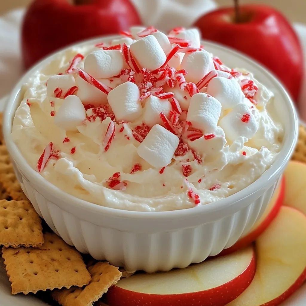 To make Christmas Peppermint Fluff Dip, gather these key items: - 1 cup cream cheese, softened to room temperature - 1 cup powdered sugar - 1 teaspoon vanilla extract - 1 cup whipped topping (like Cool Whip) - 1/2 cup crushed peppermint candies, plus extra for garnish - 1/4 teaspoon peppermint extract - 1/2 cup mini marshmallows These ingredients work together to create a sweet and creamy dip that tastes like the holidays. You can adjust the dip to suit your taste. Consider these options: - Add crushed cookies for a crunchy texture. - Use flavored whipped topping for a twist. - Mix in chocolate chips for extra sweetness. These additions let you create a dip that reflects your unique flavor preferences. When picking ingredients, focus on quality. Here are some tips: - Choose full-fat cream cheese for a rich flavor. - Look for fresh peppermint candies for the best taste. - Use pure vanilla and peppermint extracts for a stronger aroma. High-quality ingredients make a big difference in how your dip turns out. Trust me, your taste buds will thank you! {{ingredient_image_2}} To start, gather your ingredients. You will need cream cheese, powdered sugar, vanilla extract, whipped topping, crushed peppermint candies, peppermint extract, and mini marshmallows. 1. Cream the Cheese: Place the softened cream cheese in a mixing bowl. Beat it on medium speed with an electric mixer until smooth. This helps to avoid lumps. 2. Add Sugar: Gradually sift in the powdered sugar. Mix it on low speed until everything blends well and looks fluffy. 3. Flavor it Up: Next, add the vanilla and peppermint extracts. Blend these in to spread the festive flavor evenly. 4. Fold in Whipped Topping: Carefully fold in the whipped topping using a spatula. Be gentle so you keep the light texture. 5. Add Peppermint and Marshmallows: Finally, stir in the crushed peppermint candies and mini marshmallows. Mix gently to keep the dip fluffy. For a great fluffy texture, use softened cream cheese. If it is too cold, it will be hard to mix. An electric mixer works best to get the cream cheese smooth. When adding powdered sugar, do it slowly. This helps prevent clumps. Mixing on low speed at first keeps everything from flying out of the bowl. When folding in whipped topping, use a spatula. This way, you protect the air bubbles. Keep stirring until just combined. Once your dip is ready, move it to a decorative serving bowl. Cover it tightly with plastic wrap. Chilling it in the fridge for at least 30 minutes is key. This allows the flavors to come together. If you have time, chill it longer for even better taste. Just before you serve, sprinkle more crushed peppermint on top for a festive touch. To serve your Christmas Peppermint Fluff Dip, make it look festive. Use a bright bowl. Add some crushed peppermint on top for color. Arrange dippers like graham crackers, apple slices, or vanilla wafers around the bowl. This makes the dish look inviting and fun. You can also add some small holiday decorations near the dip. This adds to the cheer. If you have leftovers, store them in an airtight container. This keeps the dip fresh. Place it in the fridge. It can last up to three days. Before serving again, you might want to mix it gently. This helps restore its creamy texture. If it seems thick, you can fold in a bit of whipped topping. One common mistake is over-mixing the whipped topping. This can make your dip less fluffy. Be gentle when folding it in. Also, be careful not to skip chilling the dip. Chilling enhances the flavor and texture. Finally, don’t forget the extra crushed peppermint on top before serving. It gives that final festive touch! Pro Tips Chill for Maximum Flavor: Allow the dip to chill for at least 30 minutes before serving; this helps the flavors meld and enhances the overall taste. Use Room Temperature Ingredients: Ensure your cream cheese is softened to room temperature for easier mixing and a creamier texture. Customize Your Dippers: Experiment with various dippers like pretzels, cookies, or fresh fruit to add different flavors and textures to your presentation. Garnish Generously: Don’t skimp on the crushed peppermint for garnish; it adds a festive touch and extra crunch to the dip. {{image_4}} You can change the flavor of the Christmas Peppermint Fluff Dip easily. Try adding other extracts like almond or orange for a unique twist. If you want a chocolate flavor, mix in cocoa powder or mini chocolate chips. This will give your dip a rich taste that pairs well with peppermint. Switching ingredients can make this dip even more fun. For instance, use crushed gingerbread cookies instead of peppermint candies for a cozy holiday theme. You can also try using eggnog-flavored whipped topping to add warmth to the dip. These swaps will keep your dip fresh and exciting every time you serve it. Presentation is key for any dish. Serve the dip in a festive bowl surrounded by colorful dippers. You can use graham crackers, apple slices, or even pretzels. For a more whimsical touch, shape the dip into a holiday tree or snowman. This will impress your guests and make your spread more festive. To enjoy the Christmas Peppermint Fluff Dip, you need tasty dippers. Some of my favorites are: - Graham crackers - Apple slices - Vanilla wafers - Pretzel sticks - Mini cookies These dippers add crunch and flavor. Each bite is a sweet delight. You can mix and match for fun! Make your dip look festive! Use a pretty bowl and add some flair. Here are a few ideas: - Use a large platter and surround the dip with dippers. - Add fresh mint leaves for color and aroma. - Place small candy canes next to the dip for a holiday touch. This will catch your guests' eyes and make them excited to dig in. Turn your dip into a dessert platter! Here’s how: - Add fresh fruit like berries and banana slices. - Include mini cupcakes or brownies for variety. - Use chocolate-covered pretzels for more sweetness. This platter will be the star of your holiday spread. It’s fun, colorful, and full of flavors everyone loves! You can store Christmas Peppermint Fluff Dip in the fridge for up to five days. Make sure to keep it in an airtight container. This helps keep the dip fresh and tasty for your holiday gatherings. If you notice any separation, just stir it gently before serving. Yes, you can make this dip a day ahead of time. Preparing it in advance allows flavors to blend well. Just remember to chill it for at least 30 minutes before serving. This makes it easier for you to enjoy the party without stress. You can use Greek yogurt or vegan cream cheese as substitutes for cream cheese. Both options work well and taste great. Just make sure the substitute is smooth to keep the dip creamy. This way, you can enjoy the dip while meeting dietary needs. If you don’t have crushed peppermint candies, try using chocolate chips or toffee bits. You can also use crushed candy canes for a similar flavor. Each option adds a unique twist to the dip while keeping the festive spirit alive. In this post, we explored the key ingredients and steps to make a delicious dip. I shared tips for selecting quality items, mixing for a fluffy texture, and chilling for great taste. We covered ways to present your dip and how to store leftovers. I also shared some fun variations and serving ideas. The right ingredients and creativity can enhance your dip. Enjoy trying different flavors and impress your friends!