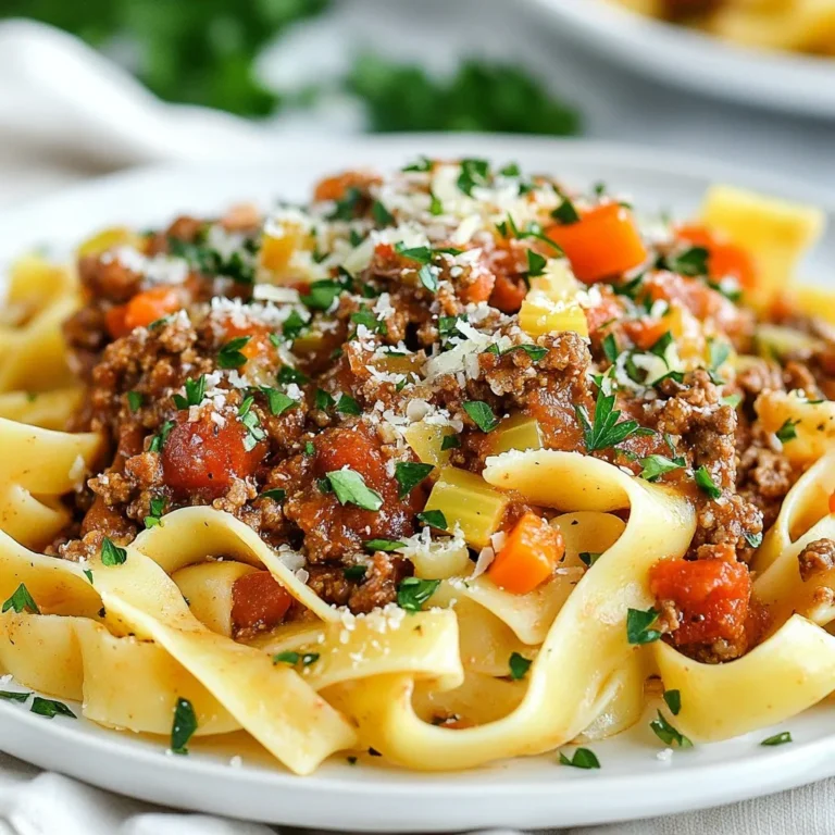 To make a great Bolognese sauce, you need these key items: - 1 tablespoon extra virgin olive oil - 1 medium onion, finely chopped - 2 cloves garlic, minced - 1 medium carrot, finely diced - 1 celery stalk, finely diced - 500g ground beef - 250g ground pork - 1 can (400g) crushed tomatoes - 2 tablespoons concentrated tomato paste - 1 cup rich beef broth - 1 teaspoon dried oregano - 1 teaspoon dried basil - 1 bay leaf - Salt and freshly cracked pepper to taste - Fresh parsley, finely chopped (for garnishing) - Freshly grated Parmesan cheese (for serving) Each of these ingredients plays a vital role in building flavor. The meats give richness. The vegetables add sweetness and depth. Tomatoes provide acidity and body. While the essential ingredients create a solid base, you can enhance the sauce with these extras: - A splash of red wine for depth - A pinch of nutmeg for warmth - Bacon or pancetta for smokiness These optional ingredients can elevate your sauce. Adding wine can deepen the flavor, while nutmeg adds a hint of warmth. If you like a smoky touch, bacon is perfect. You can easily adjust this recipe for various diets. Here are some swaps: - Use ground turkey or chicken for a leaner option. - Replace beef broth with vegetable broth for a vegetarian sauce. - Use lentils or mushrooms instead of meat for a plant-based option. These substitutions keep the spirit of Bolognese alive while meeting your needs. Feel free to experiment. Cooking is about making it your own! {{ingredient_image_2}} Start by gathering your vegetables. You need one medium onion, two cloves of garlic, one medium carrot, and one celery stalk. Chop the onion finely. Mince the garlic. Dice the carrot and celery into small pieces. Heat one tablespoon of extra virgin olive oil in a large saucepan over medium heat. Add the chopped onion and sauté for about five minutes. Wait until the onion turns soft and clear. Then, toss in the minced garlic, diced carrot, and celery. Cook these for another five minutes. Stir them often until they become tender and fragrant. Now it’s time for the meat. Add 500 grams of ground beef and 250 grams of ground pork to the pan. Increase the heat to medium-high. Break the meat apart with a spatula. Cook it for about seven to ten minutes. You want it to turn a nice brown color and be fully cooked. After the meat is browned, drain any extra fat. This keeps your sauce rich but not greasy. Next, stir in one can of crushed tomatoes, two tablespoons of tomato paste, and one cup of rich beef broth. Mix these well so all the ingredients come together. Now, season your mixture. Add one teaspoon of dried oregano, one teaspoon of dried basil, salt, and fresh cracked pepper. Toss in one bay leaf for added flavor. Lower the heat to a gentle simmer. Cover the saucepan with a lid. Let the sauce simmer for at least 30 minutes. For even more flavor, simmer it for up to two hours. Stir occasionally and add a splash of water if the sauce gets too thick. Before serving, taste the sauce and adjust the seasoning. Don’t forget to remove the bay leaf! To make Bolognese sauce burst with flavor, use a few key techniques. First, always start with a good base. Heat extra virgin olive oil in your pan. Add finely chopped onion and sauté it. This step releases sweet notes. Next, add minced garlic, diced carrot, and celery. Sauté until they become soft and fragrant. This mix is called a soffritto, and it gives depth. When browning the meat, use medium-high heat. This helps develop a nice color and robust flavor. Make sure to break apart the ground beef and pork as they cook. Drain excess fat after browning. This keeps the sauce rich but not greasy. Cooking Bolognese sauce can take time, but there are ways to save it. Chop your vegetables in advance. You can even use a food processor for a quick prep. If you are short on time, consider using store-bought mirepoix. This mix of onion, carrot, and celery is ready to go. Another time-saver is to make a larger batch. You can freeze the extra sauce for later meals. Just store it in airtight containers. This way, you can enjoy homemade Bolognese anytime! For the best texture, simmer your sauce gently. A longer simmer allows flavors to meld. I suggest at least 30 minutes, but 2 hours is even better. Stir occasionally to prevent sticking. If it becomes too thick, add a splash of water or broth. Before serving, taste the sauce. Adjust the seasoning to your liking. Remove the bay leaf for a smooth finish. For serving, pair it with your favorite pasta. A sprinkle of parsley and grated Parmesan cheese adds a nice touch. Enjoy your delicious Bolognese! Pro Tips Quality Meat Matters: Using a mix of ground beef and pork enhances the flavor and texture of your Bolognese sauce, making it rich and satisfying. Longer Simmer, Better Flavor: Allowing the sauce to simmer for at least 30 minutes, or up to 2 hours, will deepen the flavors and create a more robust sauce. Fresh Herbs Make a Difference: If possible, use fresh herbs instead of dried for a brighter, more vibrant flavor profile in your sauce. Don't Skip the Parmesan: Serving your Bolognese with freshly grated Parmesan cheese not only adds a creamy texture but also enhances the overall taste of the dish. {{image_4}} If you want a meat-free option, try lentils or mushrooms. Both give a rich texture. Use about 1 cup of cooked lentils or 2 cups of finely chopped mushrooms. Saute them with the onions and garlic. You can also add diced zucchini or bell peppers for extra flavor and color. Bolognese sauce is not just about beef and pork. You can mix it up! Ground turkey or chicken works well too. They add a lighter taste. You can also try using venison or lamb for a different spin. Just make sure to adjust cooking times based on the meat used to keep it juicy. Different regions in Italy offer unique takes on Bolognese. In Bologna, they often add milk or cream for a creamy finish. In other areas, they might use more wine for depth. You could even find Bolognese with pancetta or bacon for a smoky flavor. Each twist brings its own charm to this classic dish. To keep your leftover Bolognese sauce fresh, let it cool first. Once cool, pour it into a clean container. Use a glass or plastic container with a tight lid. Label it with the date. Store the sauce in the fridge for up to 3 days. If you want to keep it longer, freezing is a great option. Freezing Bolognese sauce is easy. After cooling, divide the sauce into smaller portions. Use freezer-safe bags or containers. Press out as much air as possible before sealing. You can store it in the freezer for up to 3 months. When you are ready to use it, simply thaw it in the fridge overnight. To reheat your Bolognese sauce, pour it into a saucepan. Heat it over low to medium heat. Stir often to prevent sticking. If the sauce seems thick, add a splash of beef broth or water. This will help restore its rich flavor. For best results, serve it hot over pasta or bread. Enjoy every bite! The secret lies in the balance of flavors and cooking time. Use quality ingredients like fresh herbs and good meat. Cook the sauce low and slow. This allows the flavors to meld together. Aim for a rich, hearty texture. Don't rush the simmering; let it develop for at least 30 minutes. For best results, a longer simmering time of up to 2 hours is ideal. Bolognese is a meat-based sauce, while marinara is tomato-based. Bolognese uses ground beef and pork, giving it a rich flavor. Marinara is lighter and often vegan, made mainly with tomatoes and garlic. Bolognese also includes vegetables like carrots and celery, which add depth. Marinara is quicker to make, while Bolognese needs time for flavors to deepen. Yes, you can make Bolognese sauce ahead of time. In fact, it often tastes better the next day. Allow it to cool, then store it in the fridge for up to three days. You can also freeze it for up to three months. Just make sure to let it thaw in the fridge before reheating. When reheating, do so gently to keep the flavors intact. In this blog post, we explored how to make Bolognese sauce. We covered essential and optional ingredients, plus substitutions. I shared step-by-step instructions for prepping, browning, and simmering. Tips on cooking techniques and time-saving ideas were also included. You learned about different variations and the best storage methods. Remember, a great Bolognese relies on patience and the right ingredients. Enjoy making this classic dish your own!