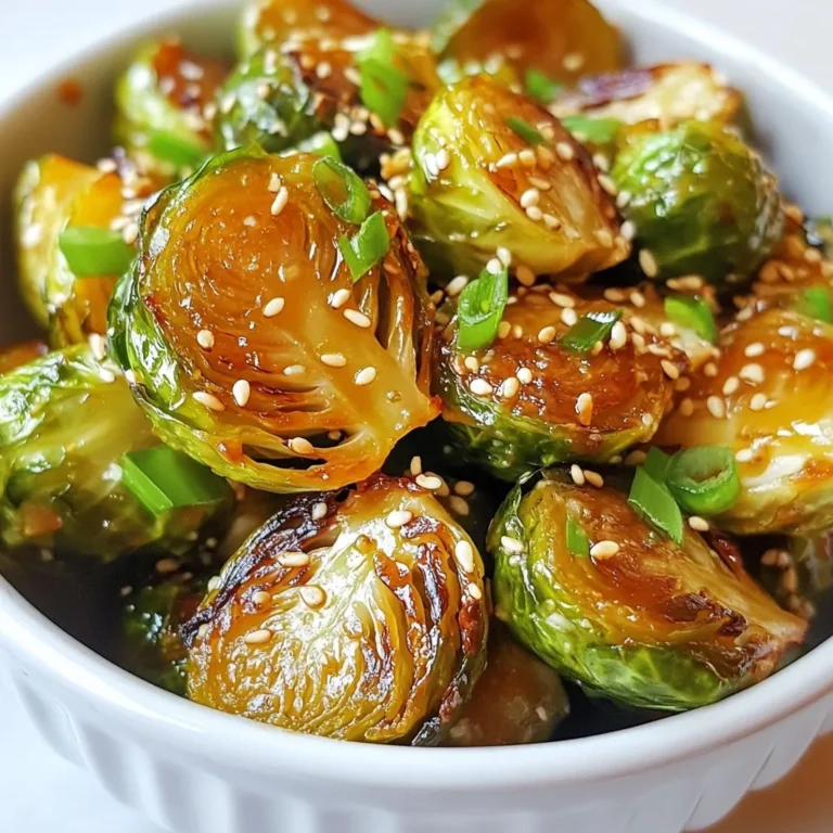 - 1 lb Brussels sprouts - 2 tablespoons extra virgin olive oil - 2 tablespoons pure honey - 1 tablespoon Sriracha sauce - 2 cloves garlic - Sea salt and freshly cracked black pepper - 2 tablespoons sesame seeds (optional) - 2 green onions (for garnish) Gathering the right ingredients is key. You need fresh Brussels sprouts. Look for ones that are bright green and firm. The olive oil adds richness. Honey gives a sweet touch, while Sriracha brings heat. Garlic adds depth, and salt and pepper enhance all the flavors. I like to use sesame seeds for crunch. They are optional, but they make a nice addition. Finally, chop green onions for garnish. They add a fresh bite and a pop of color. With these ingredients, you can create a sweet and spicy dish that makes Brussels sprouts shine. {{ingredient_image_2}} 1. Preheat the oven: Start by setting your oven to 400°F (200°C). This temperature helps the Brussels sprouts roast well. 2. Prepare the baking sheet: Grab a baking sheet and line it with parchment paper. This step makes cleanup easy and keeps the sprouts from sticking. 3. Coat the Brussels sprouts: In a large bowl, add 1 lb of trimmed and halved Brussels sprouts. Pour in 2 tablespoons of extra virgin olive oil. Then add 2 tablespoons of pure honey, 1 tablespoon of Sriracha sauce, and 2 cloves of finely minced garlic. Season with sea salt and freshly cracked black pepper. Use a spatula or your hands to mix everything well. Each sprout should be coated in that sweet and spicy mix. 1. Spread on baking sheet: Carefully transfer the coated Brussels sprouts to your prepared baking sheet. Make sure they are in a single layer. This helps them roast evenly. 2. Roasting time and stirring instructions: Place the baking sheet in the oven. Roast the sprouts for about 20 to 25 minutes. Halfway through, stir them gently. This action helps them get that nice golden brown color. 3. Adding sesame seeds: If you want a bit of crunch, sprinkle 2 tablespoons of sesame seeds over the Brussels sprouts in the last 5 minutes of roasting. This will toast them and add great texture. 1. Cooling and transferring to serving dish: Once roasted, take the baking sheet out of the oven. Let the Brussels sprouts cool for a few minutes. Then, transfer them to a serving dish. 2. Garnishing with green onions: Finally, sprinkle 2 finely chopped green onions over the top. This adds a fresh flavor and a pop of color to your dish. How to increase spiciness To make your Honey Sriracha Brussels sprouts hotter, add more Sriracha sauce. You can also sprinkle in some red pepper flakes for an extra kick. Start with a small amount, then taste as you go. Balancing sweetness If the dish is too sweet, add a splash of lime juice. This sour note will help balance the honey's sweetness. You can also add more olive oil to mellow the flavors. Best roasting practices Roasting at 400°F (200°C) works perfectly. This high heat caramelizes the sprouts, giving them a nice crunch. Spread them out in a single layer on the baking sheet. This helps each piece roast evenly. Alternative cooking methods You can also use an air fryer for quick cooking. Set the temperature to 375°F (190°C) and cook for about 15 minutes. Shake the basket halfway through for even browning. Pairing with proteins These Brussels sprouts go well with grilled chicken or salmon. The sweet and spicy sauce complements richer proteins nicely. You can also serve them alongside steak for a robust meal. Presentation tips for serving Serve the Brussels sprouts warm in a colorful bowl. Add lime wedges on the side for a zesty touch. A sprinkle of extra sesame seeds will give a nice finish, making the dish look even more appealing. Pro Tips Adjust the Heat: If you prefer a milder flavor, reduce the amount of Sriracha or substitute it with a sweet chili sauce. Uniform Halves: Make sure to cut the Brussels sprouts into equal halves to ensure they cook evenly and achieve that perfect caramelization. Experiment with Honey: Try using different types of honey, such as clover or wildflower, to add unique flavor notes to your dish. Serve Immediately: For the best taste and texture, serve the Brussels sprouts right after roasting while they are still warm and crispy. {{image_4}} You can change sweeteners in this recipe. Try maple syrup or agave instead of honey. Both will add a different twist. Each sweetener has a unique flavor that pairs well with the Sriracha. You might also swap out the Brussels sprouts for other veggies. Cauliflower and broccoli work great here. They roast nicely and soak up the honey and spice. Experimenting with these swaps can lead to fun new flavors. Adding nuts can enhance the texture and taste of your dish. Almonds and walnuts work well. Just chop them and sprinkle them on before roasting. They add a nice crunch. Cheese is another fantastic addition. Parmesan or feta cheese can bring a creamy richness. You can sprinkle it over the sprouts right before serving. This adds a savory element that balances the sweetness and heat. To store leftovers, place the Brussels sprouts in an airtight container. They will stay fresh in the fridge for about three days. Make sure they cool down to room temperature before sealing the container. This prevents condensation, which can make them soggy. If you want to freeze Brussels sprouts, first blanch them in boiling water for two minutes. Then, cool them in ice water. Drain well, and place them in freezer bags. They can last for about three months in the freezer. When reheating, you can use either the oven or the microwave. The oven helps keep the sprouts crispy. Preheat the oven to 375°F (190°C). Spread the sprouts on a baking sheet and heat for about 10 minutes. The microwave is quicker but may make them soft. If you use the microwave, heat them in short bursts. This keeps some texture while warming them up. To maintain texture and flavor, avoid reheating more than once. Enjoy your Honey Sriracha Brussels sprouts warm for the best taste! - Can I make this dish ahead of time? Yes, you can prepare Honey Sriracha Brussels sprouts ahead of time. You can coat the sprouts with the honey and Sriracha mix. Store them in the fridge for up to a day. Just roast them when you're ready to serve. - Are Brussels sprouts healthy? Absolutely! Brussels sprouts are low in calories and high in vitamins. They have fiber, which is good for digestion. They also contain antioxidants, which help fight disease. - What can I substitute for Sriracha? If you don't have Sriracha, try using another hot sauce. You can also use chili paste or red pepper flakes. Adjust the amount based on how spicy you want it. - Why are my Brussels sprouts soggy? Soggy sprouts often come from excess moisture. Make sure to dry them well after washing. Spread them out on the baking sheet without crowding. This helps them roast better. - How to avoid burning while roasting? To avoid burning, check the sprouts halfway through. Stir them to ensure even cooking. If they are browning too quickly, lower the oven temperature slightly. - What flavor notes can I expect from Honey Sriracha Brussels Sprouts? You will enjoy a mix of sweet and spicy flavors. The honey adds a rich sweetness, while Sriracha brings heat. Garlic adds depth, and sesame seeds give a nice crunch. - How spicy is Sriracha compared to other hot sauces? Sriracha is medium spicy. It has a unique flavor with garlic and sugar. Compared to Tabasco, Sriracha is milder but sweeter. This blog post covered everything you need for Honey Sriracha Brussels sprouts. We explored the ingredients, step-by-step preparation, and roasting tips. I shared how to adjust flavors and suggested fun variations. We also discussed storage and reheating techniques. Try these tips and enjoy your dish even more. Experiment with ingredients and flavors you love. Cooking should be fun, so make it your own! Happy roasting!