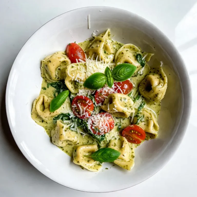 - 12 oz cheese tortellini (fresh or frozen) - 1 cup heavy cream - 1/2 cup basil pesto - 1 cup cherry tomatoes, halved - 1 cup baby spinach - 1/2 cup grated Parmesan cheese - 2 tablespoons olive oil - 2 cloves garlic, minced - Salt and pepper to taste These ingredients work together to create a rich and tasty dish. The cheese tortellini serves as the base, while heavy cream adds creaminess. Basil pesto brings in fresh flavor, and cherry tomatoes add a burst of sweetness. Baby spinach not only adds color but also boosts nutrition. Garlic, salt, and pepper enhance the overall taste. - Sun-dried tomatoes for a tangy twist - Grilled chicken for added protein - Zucchini noodles for a low-carb option - Almond milk instead of heavy cream for a lighter sauce Feel free to mix and match. If you want more flavor, try sun-dried tomatoes. If you need protein, grilled chicken is a great choice. Want a lighter dish? Use almond milk instead of heavy cream. These options let you tailor the recipe to your taste and needs. - Fresh basil leaves - Extra grated Parmesan cheese - A drizzle of olive oil Garnishes make your meal look appealing. Fresh basil adds a pop of color and flavor. Extra Parmesan cheese gives a salty kick. A drizzle of olive oil enhances the dish's richness. These simple touches can elevate your creamy pesto tortellini skillet to a new level. {{ingredient_image_2}} Start by placing a large skillet on medium heat. Once warm, add 2 tablespoons of olive oil. Swirl the oil to coat the pan well. Next, add 2 cloves of minced garlic. Sauté the garlic for about 30 seconds. Keep watch to prevent browning. You want it to smell great and become aromatic. Now, it’s time to add 1 cup of halved cherry tomatoes to the skillet. Cook these for 3-4 minutes, stirring often. You want them to soften and release their juices. This step adds a burst of flavor to the oil. While the tomatoes cook, bring a pot of water to a boil. Add 12 oz of cheese tortellini. Cook according to the package instructions, usually about 3-5 minutes. Once cooked, drain the tortellini and set it aside. This will be ready to mix with the creamy sauce later. To cook tortellini just right, start with a big pot of salted water. Bring it to a boil. Add the tortellini and stir gently. This keeps them from sticking. Fresh tortellini will cook fast, usually in 3-5 minutes. Frozen may take a little longer. Check the package for exact times. When they float to the top, they are ready! Drain them well, but save a bit of the pasta water. This starchy water can help the sauce stick later. If you want a creamier sauce, add more heavy cream. Start with a full cup for a rich taste. If it’s too thick, add a splash of pasta water to loosen it up. For a lighter sauce, reduce the cream and add a little vegetable broth instead. This keeps the flavor while making it less heavy. Taste often and adjust until it’s just how you like it! You can boost the flavor of your creamy pesto tortellini easily. Add sautéed mushrooms or bell peppers for extra texture. For a kick, try red pepper flakes or a squeeze of lemon juice. Fresh herbs like parsley or chives make great additions too. They add bright flavors and color. If you want protein, grilled chicken or shrimp mix in well. The key is to play around and find what you love! Pro Tips Use Fresh Ingredients: For the best flavor, opt for fresh basil pesto and ripe cherry tomatoes. Fresh ingredients will elevate the dish and make it taste more vibrant. Customize Your Greens: Feel free to substitute or add other greens like kale or arugula instead of baby spinach. This can change the flavor profile while adding extra nutrients. Perfectly Cooked Tortellini: Be careful not to overcook the tortellini. They should be al dente, which means they should have a slight bite to them to enhance the overall texture of the dish. Enhance the Flavor: A sprinkle of red pepper flakes or a squeeze of lemon juice can add a delightful kick and brightness to the creamy pesto sauce. Adjust according to your taste preference. {{image_4}} You can boost the nutrition of your creamy pesto tortellini with great veggie add-ins. Try adding: - Zucchini: Dice and sauté it with the garlic. - Bell Peppers: Slice and toss them in for color and crunch. - Mushrooms: Sauté until soft for an earthy flavor. - Broccoli: Steam and add it toward the end for bright color and fiber. These veggies add taste and texture. They make the dish more colorful and lively. Plus, they help you meet your daily vegetable goals. If you want extra protein, chicken or shrimp are perfect choices. For chicken: - Grilled Chicken: Dice grilled chicken breast and mix it in. - Rotisserie Chicken: Use store-bought for ease. Just shred it and add to the skillet. For shrimp: - Shrimp: Sauté shrimp in olive oil until pink before adding them to the creamy sauce. These protein options help make the meal more filling and satisfying. You can still enjoy creamy pesto tortellini if you're gluten-free. Look for gluten-free tortellini made from: - Rice: Delicate and soft, it mimics traditional pasta well. - Corn: Offers a mild flavor and good texture. - Chickpeas: High in protein and fiber, these add a unique twist. These alternatives let everyone enjoy this creamy dish without worry. To keep your creamy pesto tortellini fresh, store leftovers in an airtight container. Make sure to let the dish cool down before sealing it. This helps prevent moisture buildup, which can make the pasta soggy. You can store it in the fridge for up to three days. If you notice any excess liquid, simply drain it before serving. When it's time to enjoy your leftovers, you can reheat them in a skillet or microwave. For the skillet, add a splash of cream or water to help revive the sauce. Heat on medium until warmed through. In the microwave, place the tortellini in a bowl, cover it with a lid or plastic wrap, and heat in short intervals. Stir between intervals to ensure even heating. Freezing is a great option if you want to save your creamy pesto tortellini for later. Portion the dish into freezer-safe containers or bags. Squeeze out any excess air before sealing. You can freeze it for up to three months. When you're ready to eat, thaw it overnight in the fridge. Then reheat as described above. Yes, you can use store-bought pesto. It saves time and adds great flavor. Look for a brand that uses fresh ingredients. This keeps the taste bright and vibrant. You still get a rich, creamy sauce with less effort. If you have homemade pesto, that works even better! To make a lighter version, swap heavy cream for half-and-half or cashew milk. This cut the fat but keeps the creaminess. You can also use less pesto. Try adding more spinach or other veggies. This boosts nutrition without adding calories. You can serve this dish with garlic bread or a simple green salad. A side of roasted veggies also works well. The fresh flavors balance the creamy pasta. For a fun twist, add grilled chicken or shrimp for extra protein. In this blog post, we explored how to make creamy pesto tortellini. We discussed key ingredients and steps, including cooking tips. You can customize the dish with protein or vegetarian options. Proper storage keeps leftovers fresh, making this meal enjoyable later. Remember, cooking is about experimenting and having fun. Use this recipe as your base. Enjoy your culinary journey!