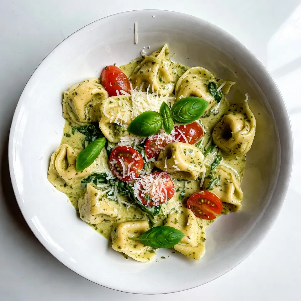 - 12 oz cheese tortellini (fresh or frozen) - 1 cup heavy cream - 1/2 cup basil pesto - 1 cup cherry tomatoes, halved - 1 cup baby spinach - 1/2 cup grated Parmesan cheese - 2 tablespoons olive oil - 2 cloves garlic, minced - Salt and pepper to taste These ingredients work together to create a rich and tasty dish. The cheese tortellini serves as the base, while heavy cream adds creaminess. Basil pesto brings in fresh flavor, and cherry tomatoes add a burst of sweetness. Baby spinach not only adds color but also boosts nutrition. Garlic, salt, and pepper enhance the overall taste. - Sun-dried tomatoes for a tangy twist - Grilled chicken for added protein - Zucchini noodles for a low-carb option - Almond milk instead of heavy cream for a lighter sauce Feel free to mix and match. If you want more flavor, try sun-dried tomatoes. If you need protein, grilled chicken is a great choice. Want a lighter dish? Use almond milk instead of heavy cream. These options let you tailor the recipe to your taste and needs. - Fresh basil leaves - Extra grated Parmesan cheese - A drizzle of olive oil Garnishes make your meal look appealing. Fresh basil adds a pop of color and flavor. Extra Parmesan cheese gives a salty kick. A drizzle of olive oil enhances the dish's richness. These simple touches can elevate your creamy pesto tortellini skillet to a new level. {{ingredient_image_2}} Start by placing a large skillet on medium heat. Once warm, add 2 tablespoons of olive oil. Swirl the oil to coat the pan well. Next, add 2 cloves of minced garlic. Sauté the garlic for about 30 seconds. Keep watch to prevent browning. You want it to smell great and become aromatic. Now, it’s time to add 1 cup of halved cherry tomatoes to the skillet. Cook these for 3-4 minutes, stirring often. You want them to soften and release their juices. This step adds a burst of flavor to the oil. While the tomatoes cook, bring a pot of water to a boil. Add 12 oz of cheese tortellini. Cook according to the package instructions, usually about 3-5 minutes. Once cooked, drain the tortellini and set it aside. This will be ready to mix with the creamy sauce later. To cook tortellini just right, start with a big pot of salted water. Bring it to a boil. Add the tortellini and stir gently. This keeps them from sticking. Fresh tortellini will cook fast, usually in 3-5 minutes. Frozen may take a little longer. Check the package for exact times. When they float to the top, they are ready! Drain them well, but save a bit of the pasta water. This starchy water can help the sauce stick later. If you want a creamier sauce, add more heavy cream. Start with a full cup for a rich taste. If it’s too thick, add a splash of pasta water to loosen it up. For a lighter sauce, reduce the cream and add a little vegetable broth instead. This keeps the flavor while making it less heavy. Taste often and adjust until it’s just how you like it! You can boost the flavor of your creamy pesto tortellini easily. Add sautéed mushrooms or bell peppers for extra texture. For a kick, try red pepper flakes or a squeeze of lemon juice. Fresh herbs like parsley or chives make great additions too. They add bright flavors and color. If you want protein, grilled chicken or shrimp mix in well. The key is to play around and find what you love! Pro Tips Use Fresh Ingredients: For the best flavor, opt for fresh basil pesto and ripe cherry tomatoes. Fresh ingredients will elevate the dish and make it taste more vibrant. Customize Your Greens: Feel free to substitute or add other greens like kale or arugula instead of baby spinach. This can change the flavor profile while adding extra nutrients. Perfectly Cooked Tortellini: Be careful not to overcook the tortellini. They should be al dente, which means they should have a slight bite to them to enhance the overall texture of the dish. Enhance the Flavor: A sprinkle of red pepper flakes or a squeeze of lemon juice can add a delightful kick and brightness to the creamy pesto sauce. Adjust according to your taste preference. {{image_4}} You can boost the nutrition of your creamy pesto tortellini with great veggie add-ins. Try adding: - Zucchini: Dice and sauté it with the garlic. - Bell Peppers: Slice and toss them in for color and crunch. - Mushrooms: Sauté until soft for an earthy flavor. - Broccoli: Steam and add it toward the end for bright color and fiber. These veggies add taste and texture. They make the dish more colorful and lively. Plus, they help you meet your daily vegetable goals. If you want extra protein, chicken or shrimp are perfect choices. For chicken: - Grilled Chicken: Dice grilled chicken breast and mix it in. - Rotisserie Chicken: Use store-bought for ease. Just shred it and add to the skillet. For shrimp: - Shrimp: Sauté shrimp in olive oil until pink before adding them to the creamy sauce. These protein options help make the meal more filling and satisfying. You can still enjoy creamy pesto tortellini if you're gluten-free. Look for gluten-free tortellini made from: - Rice: Delicate and soft, it mimics traditional pasta well. - Corn: Offers a mild flavor and good texture. - Chickpeas: High in protein and fiber, these add a unique twist. These alternatives let everyone enjoy this creamy dish without worry. To keep your creamy pesto tortellini fresh, store leftovers in an airtight container. Make sure to let the dish cool down before sealing it. This helps prevent moisture buildup, which can make the pasta soggy. You can store it in the fridge for up to three days. If you notice any excess liquid, simply drain it before serving. When it's time to enjoy your leftovers, you can reheat them in a skillet or microwave. For the skillet, add a splash of cream or water to help revive the sauce. Heat on medium until warmed through. In the microwave, place the tortellini in a bowl, cover it with a lid or plastic wrap, and heat in short intervals. Stir between intervals to ensure even heating. Freezing is a great option if you want to save your creamy pesto tortellini for later. Portion the dish into freezer-safe containers or bags. Squeeze out any excess air before sealing. You can freeze it for up to three months. When you're ready to eat, thaw it overnight in the fridge. Then reheat as described above. Yes, you can use store-bought pesto. It saves time and adds great flavor. Look for a brand that uses fresh ingredients. This keeps the taste bright and vibrant. You still get a rich, creamy sauce with less effort. If you have homemade pesto, that works even better! To make a lighter version, swap heavy cream for half-and-half or cashew milk. This cut the fat but keeps the creaminess. You can also use less pesto. Try adding more spinach or other veggies. This boosts nutrition without adding calories. You can serve this dish with garlic bread or a simple green salad. A side of roasted veggies also works well. The fresh flavors balance the creamy pasta. For a fun twist, add grilled chicken or shrimp for extra protein. In this blog post, we explored how to make creamy pesto tortellini. We discussed key ingredients and steps, including cooking tips. You can customize the dish with protein or vegetarian options. Proper storage keeps leftovers fresh, making this meal enjoyable later. Remember, cooking is about experimenting and having fun. Use this recipe as your base. Enjoy your culinary journey!