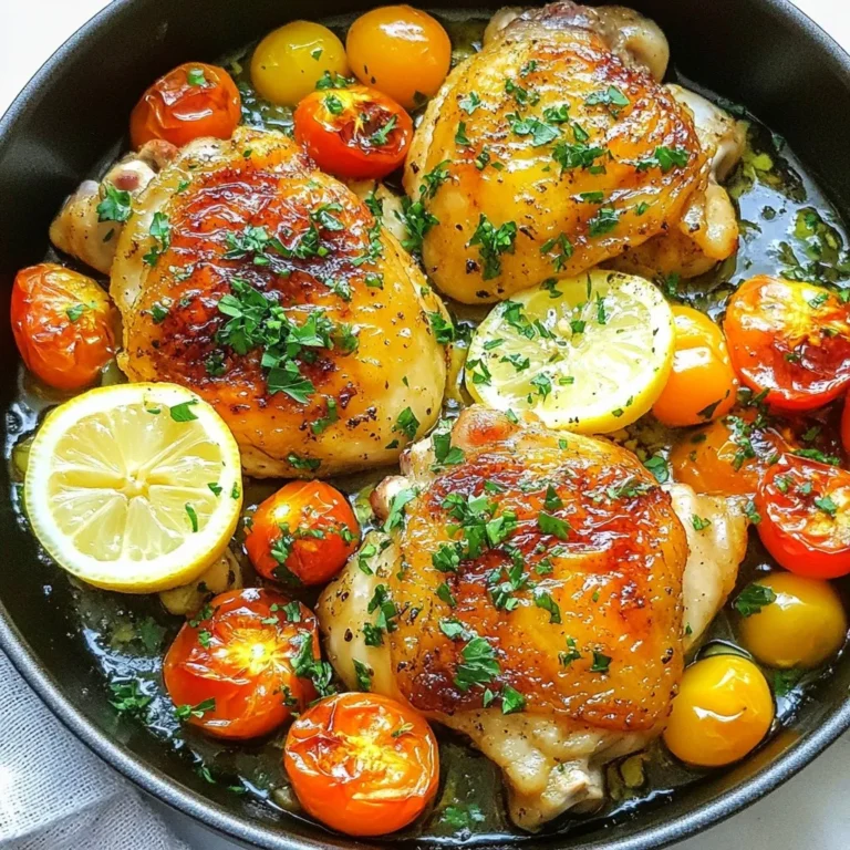 - 4 bone-in, skin-on chicken thighs - 2 tablespoons extra virgin olive oil - 4 cloves of fresh garlic, finely minced - 1 large lemon, juiced and zested - 1 teaspoon dried oregano - 1 teaspoon smoked paprika - ½ teaspoon sea salt - ¼ teaspoon freshly ground black pepper - 1 cup low-sodium chicken broth - 1 cup vibrant cherry tomatoes, halved - Fresh parsley, finely chopped for garnish To make the one-pan lemon garlic chicken thighs, you need just a few ingredients. The chicken thighs are the star. I love using bone-in, skin-on thighs for flavor and moisture. The olive oil helps with cooking and adds richness. Garlic brings a punch of flavor, while lemon adds brightness. Dried oregano and smoked paprika give it depth. Salt and pepper are essential for seasoning. The chicken broth keeps everything moist, and the cherry tomatoes add sweetness. - Large oven-safe skillet - Tongs - Spatula - Knife - Cutting board Having the right tools makes cooking easier. You need a large oven-safe skillet to sear and roast the chicken. Tongs help flip the chicken safely. A spatula is great for mixing and scraping the pan. A knife and cutting board are needed to prepare the garlic and lemon. - Fresh parsley, finely chopped While the dish is great on its own, I love adding fresh parsley. It adds color and a pop of flavor. You can also try other herbs, like thyme or basil, if you want. Feel free to get creative with your garnishes! {{ingredient_image_2}} Start by preheating your oven to 400°F (200°C). This step is key for crisp skin. Next, take the chicken thighs and season them well. Use sea salt, black pepper, smoked paprika, and dried oregano. Rub the spices all over the chicken thighs for great flavor. Set them aside for a moment while you heat the skillet. In a large, oven-safe skillet, add two tablespoons of extra virgin olive oil. Heat the oil over medium-high heat until it shimmers. This will take just a minute. Carefully place the chicken thighs skin-side down in the skillet. Sear them for about 5-7 minutes until the skin turns golden and crispy. Then, flip the chicken and cook for another 3-4 minutes. You want both sides nicely browned. Once done, remove the chicken from the skillet and let it rest on a plate. Now, without cleaning the skillet, add four finely minced garlic cloves. Sauté the garlic for about 30 seconds. You want it fragrant, not burnt. After that, pour in one cup of low-sodium chicken broth. Add the juice and zest of one large lemon. Use a spatula to scrape up any tasty bits stuck to the pan. This adds great flavor to your sauce. Return the chicken thighs to the skillet, placing them on top of the garlic mixture. Add one cup of halved cherry tomatoes around the chicken. Now, carefully transfer the skillet to your preheated oven. Roast for 25-30 minutes. Check that the chicken reaches an internal temperature of 165°F (75°C). Once done, remove the skillet and let the chicken rest for a few minutes. This step helps keep it juicy. Garnish with finely chopped parsley before serving. Enjoy your delicious meal! Preheating the oven is key. Set your oven to 400°F (200°C). This gives your chicken a crisp skin. A hot oven cooks the chicken evenly and quickly. It also helps the lemon garlic flavors stand out. Start by searing the chicken thighs for 5-7 minutes on one side. This makes the skin golden and crispy. Then flip the thighs and cook for another 3-4 minutes. After searing, roast the chicken in the oven for 25-30 minutes. This helps the chicken cook through. To check if the chicken is done, use a meat thermometer. The internal temperature should reach 165°F (75°C). If you don’t have a thermometer, cut into the thickest part of the thigh. The juices should run clear without any pink. Let the chicken rest for a few minutes after cooking. This keeps the juices inside, making it tender and juicy. Pro Tips Choose the Right Chicken Thighs: Opt for bone-in, skin-on chicken thighs for the best flavor and juiciness. The skin helps keep the meat moist during cooking. Perfect Searing: Make sure the skillet is hot enough before adding the chicken. This ensures a crispy skin and locks in moisture. Customize Flavor: Feel free to adjust the seasoning! Experiment with herbs like thyme or rosemary for a different flavor profile. Let it Rest: Allow the chicken to rest for a few minutes after removing it from the oven. This helps the juices redistribute, making the meat more tender. {{image_4}} To get that perfect crispy skin on your chicken thighs, follow these steps. First, dry the chicken well with paper towels. Moisture is the enemy of crispiness. Next, season the skin with salt. Salt draws out moisture and helps the skin crisp up. When you sear the chicken, make sure your skillet is hot. Place the chicken skin-side down and let it cook without moving it. This allows the skin to brown nicely. Cook it for about 5-7 minutes before flipping. Marinades can elevate your chicken to a new level. To make a simple marinade, mix olive oil, lemon juice, garlic, and herbs. Soak the chicken thighs for at least 30 minutes. If you have time, marinate overnight for deeper flavor. This not only adds taste but also keeps the chicken moist while cooking. When you cook marinated chicken, the flavors seal in, making each bite burst with goodness. Fresh herbs offer bright flavors that dried herbs can’t match. If you can, use fresh parsley or oregano for garnishing. Fresh herbs bring a pop of color and a lively taste. However, dried herbs are more concentrated. Use them when fresh is not available. An easy rule is to use one-third the amount of dried herbs compared to fresh. Both options work well. Choose based on what you have on hand. You can easily boost your dish with veggies. Broccoli and bell peppers are great choices. They add color and nutrients. To do this, chop the veggies into bite-sized pieces. Add them to the skillet with the chicken. They will roast nicely in the oven. This keeps them crisp while soaking up the lemon and garlic flavors. If you prefer chicken breasts, feel free to swap them in. Chicken breasts cook faster, so check them sooner. Use the same seasoning and cooking method. Just make sure to keep the skillet hot. This helps seal in the juices and gives good flavor. Cook until the internal temperature hits 165°F (75°C) for safety. Lemon is a star, but you can try other fruits too. Limes, oranges, or even grapefruit work well. Each adds its own twist. For a lime version, use lime juice and zest. It gives a fresh, zesty kick. If you pick orange, it adds sweetness. Just adjust the amount to taste. This keeps the dish fun and new every time you make it. To keep your one-pan lemon garlic chicken thighs fresh, let them cool first. Place the chicken in an airtight container. You can store it in the fridge for up to three days. If you want to keep it longer, consider freezing it. Just make sure to separate the chicken from the sauce to avoid sogginess. When you're ready to enjoy leftovers, reheat them in the oven. Preheat your oven to 350°F (175°C). Place the chicken in a baking dish and cover it with foil. This helps keep it moist. Heat for about 20 minutes or until warmed through. You can also use the microwave, but be careful not to overcook the chicken. To freeze the chicken, wrap each piece tightly in plastic wrap. Then, place them in a freezer-safe bag. You can keep them frozen for up to three months. When you’re ready to eat, thaw them in the fridge overnight. After thawing, reheat as described above for the best results. This way, you can always have a quick meal ready to go! Yes, you can use boneless chicken thighs. They will cook faster than bone-in thighs. This makes them a great choice if you're short on time. Just check the internal temperature to ensure they reach 165°F. Cook them for about 20-25 minutes in the oven. Boneless thighs stay juicy and tender, just like bone-in. They absorb the lemon and garlic flavors well. Many sides complement Lemon Garlic Chicken Thighs. Here are some ideas: - Steamed rice absorbs the delicious sauce. - Quinoa adds a nutty flavor and is healthy. - Roasted vegetables bring color and crunch. - Mashed potatoes give a creamy touch. - A fresh green salad brightens the meal. These sides help balance the rich flavors of the chicken. This dish is easy to make gluten-free! Just ensure your chicken broth is gluten-free. Most brands offer this option. Avoid any sauces or seasonings that contain gluten. The rest of the ingredients like chicken, garlic, lemon, and spices are naturally gluten-free. Enjoy your meal without worry! This blog post covered all you need for making One-Pan Lemon Garlic Chicken Thighs. We explored the main ingredients and tools, step-by-step cooking instructions, and tips for crispy chicken skin. I shared variations to suit your taste and explained how to store leftovers. Enjoy this easy recipe at dinner or for meal prep. With simple swaps, it fits your needs. Now, you can make a tasty dish everyone will love!