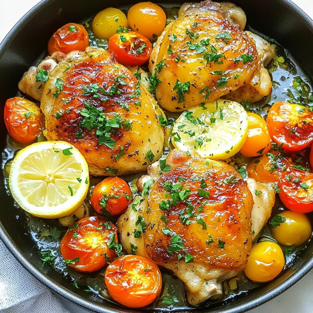 - 4 bone-in, skin-on chicken thighs - 2 tablespoons extra virgin olive oil - 4 cloves of fresh garlic, finely minced - 1 large lemon, juiced and zested - 1 teaspoon dried oregano - 1 teaspoon smoked paprika - ½ teaspoon sea salt - ¼ teaspoon freshly ground black pepper - 1 cup low-sodium chicken broth - 1 cup vibrant cherry tomatoes, halved - Fresh parsley, finely chopped for garnish To make the one-pan lemon garlic chicken thighs, you need just a few ingredients. The chicken thighs are the star. I love using bone-in, skin-on thighs for flavor and moisture. The olive oil helps with cooking and adds richness. Garlic brings a punch of flavor, while lemon adds brightness. Dried oregano and smoked paprika give it depth. Salt and pepper are essential for seasoning. The chicken broth keeps everything moist, and the cherry tomatoes add sweetness. - Large oven-safe skillet - Tongs - Spatula - Knife - Cutting board Having the right tools makes cooking easier. You need a large oven-safe skillet to sear and roast the chicken. Tongs help flip the chicken safely. A spatula is great for mixing and scraping the pan. A knife and cutting board are needed to prepare the garlic and lemon. - Fresh parsley, finely chopped While the dish is great on its own, I love adding fresh parsley. It adds color and a pop of flavor. You can also try other herbs, like thyme or basil, if you want. Feel free to get creative with your garnishes! {{ingredient_image_2}} Start by preheating your oven to 400°F (200°C). This step is key for crisp skin. Next, take the chicken thighs and season them well. Use sea salt, black pepper, smoked paprika, and dried oregano. Rub the spices all over the chicken thighs for great flavor. Set them aside for a moment while you heat the skillet. In a large, oven-safe skillet, add two tablespoons of extra virgin olive oil. Heat the oil over medium-high heat until it shimmers. This will take just a minute. Carefully place the chicken thighs skin-side down in the skillet. Sear them for about 5-7 minutes until the skin turns golden and crispy. Then, flip the chicken and cook for another 3-4 minutes. You want both sides nicely browned. Once done, remove the chicken from the skillet and let it rest on a plate. Now, without cleaning the skillet, add four finely minced garlic cloves. Sauté the garlic for about 30 seconds. You want it fragrant, not burnt. After that, pour in one cup of low-sodium chicken broth. Add the juice and zest of one large lemon. Use a spatula to scrape up any tasty bits stuck to the pan. This adds great flavor to your sauce. Return the chicken thighs to the skillet, placing them on top of the garlic mixture. Add one cup of halved cherry tomatoes around the chicken. Now, carefully transfer the skillet to your preheated oven. Roast for 25-30 minutes. Check that the chicken reaches an internal temperature of 165°F (75°C). Once done, remove the skillet and let the chicken rest for a few minutes. This step helps keep it juicy. Garnish with finely chopped parsley before serving. Enjoy your delicious meal! Preheating the oven is key. Set your oven to 400°F (200°C). This gives your chicken a crisp skin. A hot oven cooks the chicken evenly and quickly. It also helps the lemon garlic flavors stand out. Start by searing the chicken thighs for 5-7 minutes on one side. This makes the skin golden and crispy. Then flip the thighs and cook for another 3-4 minutes. After searing, roast the chicken in the oven for 25-30 minutes. This helps the chicken cook through. To check if the chicken is done, use a meat thermometer. The internal temperature should reach 165°F (75°C). If you don’t have a thermometer, cut into the thickest part of the thigh. The juices should run clear without any pink. Let the chicken rest for a few minutes after cooking. This keeps the juices inside, making it tender and juicy. Pro Tips Choose the Right Chicken Thighs: Opt for bone-in, skin-on chicken thighs for the best flavor and juiciness. The skin helps keep the meat moist during cooking. Perfect Searing: Make sure the skillet is hot enough before adding the chicken. This ensures a crispy skin and locks in moisture. Customize Flavor: Feel free to adjust the seasoning! Experiment with herbs like thyme or rosemary for a different flavor profile. Let it Rest: Allow the chicken to rest for a few minutes after removing it from the oven. This helps the juices redistribute, making the meat more tender. {{image_4}} To get that perfect crispy skin on your chicken thighs, follow these steps. First, dry the chicken well with paper towels. Moisture is the enemy of crispiness. Next, season the skin with salt. Salt draws out moisture and helps the skin crisp up. When you sear the chicken, make sure your skillet is hot. Place the chicken skin-side down and let it cook without moving it. This allows the skin to brown nicely. Cook it for about 5-7 minutes before flipping. Marinades can elevate your chicken to a new level. To make a simple marinade, mix olive oil, lemon juice, garlic, and herbs. Soak the chicken thighs for at least 30 minutes. If you have time, marinate overnight for deeper flavor. This not only adds taste but also keeps the chicken moist while cooking. When you cook marinated chicken, the flavors seal in, making each bite burst with goodness. Fresh herbs offer bright flavors that dried herbs can’t match. If you can, use fresh parsley or oregano for garnishing. Fresh herbs bring a pop of color and a lively taste. However, dried herbs are more concentrated. Use them when fresh is not available. An easy rule is to use one-third the amount of dried herbs compared to fresh. Both options work well. Choose based on what you have on hand. You can easily boost your dish with veggies. Broccoli and bell peppers are great choices. They add color and nutrients. To do this, chop the veggies into bite-sized pieces. Add them to the skillet with the chicken. They will roast nicely in the oven. This keeps them crisp while soaking up the lemon and garlic flavors. If you prefer chicken breasts, feel free to swap them in. Chicken breasts cook faster, so check them sooner. Use the same seasoning and cooking method. Just make sure to keep the skillet hot. This helps seal in the juices and gives good flavor. Cook until the internal temperature hits 165°F (75°C) for safety. Lemon is a star, but you can try other fruits too. Limes, oranges, or even grapefruit work well. Each adds its own twist. For a lime version, use lime juice and zest. It gives a fresh, zesty kick. If you pick orange, it adds sweetness. Just adjust the amount to taste. This keeps the dish fun and new every time you make it. To keep your one-pan lemon garlic chicken thighs fresh, let them cool first. Place the chicken in an airtight container. You can store it in the fridge for up to three days. If you want to keep it longer, consider freezing it. Just make sure to separate the chicken from the sauce to avoid sogginess. When you're ready to enjoy leftovers, reheat them in the oven. Preheat your oven to 350°F (175°C). Place the chicken in a baking dish and cover it with foil. This helps keep it moist. Heat for about 20 minutes or until warmed through. You can also use the microwave, but be careful not to overcook the chicken. To freeze the chicken, wrap each piece tightly in plastic wrap. Then, place them in a freezer-safe bag. You can keep them frozen for up to three months. When you’re ready to eat, thaw them in the fridge overnight. After thawing, reheat as described above for the best results. This way, you can always have a quick meal ready to go! Yes, you can use boneless chicken thighs. They will cook faster than bone-in thighs. This makes them a great choice if you're short on time. Just check the internal temperature to ensure they reach 165°F. Cook them for about 20-25 minutes in the oven. Boneless thighs stay juicy and tender, just like bone-in. They absorb the lemon and garlic flavors well. Many sides complement Lemon Garlic Chicken Thighs. Here are some ideas: - Steamed rice absorbs the delicious sauce. - Quinoa adds a nutty flavor and is healthy. - Roasted vegetables bring color and crunch. - Mashed potatoes give a creamy touch. - A fresh green salad brightens the meal. These sides help balance the rich flavors of the chicken. This dish is easy to make gluten-free! Just ensure your chicken broth is gluten-free. Most brands offer this option. Avoid any sauces or seasonings that contain gluten. The rest of the ingredients like chicken, garlic, lemon, and spices are naturally gluten-free. Enjoy your meal without worry! This blog post covered all you need for making One-Pan Lemon Garlic Chicken Thighs. We explored the main ingredients and tools, step-by-step cooking instructions, and tips for crispy chicken skin. I shared variations to suit your taste and explained how to store leftovers. Enjoy this easy recipe at dinner or for meal prep. With simple swaps, it fits your needs. Now, you can make a tasty dish everyone will love!