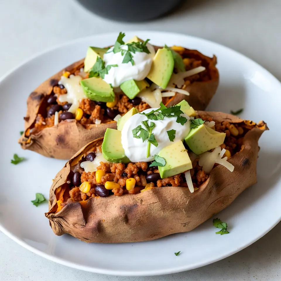 - 4 medium sweet potatoes - 1 lb ground turkey or chicken - 1 can black beans, drained and rinsed - 1 cup corn kernels (fresh or frozen) - 1 packet taco seasoning (about 2 tablespoons) - 1 cup diced tomatoes (canned or fresh) - 1 cup shredded cheese (cheddar or Mexican blend) - 1 ripe avocado, diced - ½ cup sour cream or Greek yogurt - Fresh cilantro, chopped (for garnish) - Salt and pepper to taste - Olive oil If you want to switch things up, here are some ideas: - Use ground beef or pork instead of turkey or chicken. - Swap black beans for pinto beans or kidney beans. - Try quinoa for a grain option instead of beans. - Use spicy cheese or add jalapeños for heat. - Greek yogurt can replace sour cream for a healthier twist. - If you want to skip dairy, use vegan cheese or avocado crema. These taco stuffed sweet potatoes are not just tasty; they are also packed with nutrition: - Calories: About 400 per serving - Protein: Approximately 30 grams - Carbohydrates: Roughly 45 grams - Fiber: Around 10 grams - Fat: About 15 grams Sweet potatoes give you vitamins A and C, while beans add protein and fiber. This meal is filling and balanced, perfect for a hearty lunch or dinner. {{ingredient_image_2}} Start by preheating your oven to 400°F (200°C). Rinse the sweet potatoes well under cold water, scrubbing off any dirt. Pat them dry with a paper towel. Use a fork to poke several holes in each sweet potato. This lets steam escape while they bake. Rub the skins with olive oil and sprinkle some salt on top. Place the sweet potatoes on a baking sheet lined with parchment paper. Bake for 45 to 60 minutes, or until they are soft and easy to pierce with a fork. While the sweet potatoes are baking, heat a large skillet over medium heat. Add 1 pound of ground turkey or chicken. Cook it for about 5 to 7 minutes, breaking it apart as it cooks. Once the meat is fully cooked, stir in 1 can of black beans, drained and rinsed, along with 1 cup of corn kernels and 1 cup of diced tomatoes. Sprinkle in 1 packet of taco seasoning. Mix everything well. Let it simmer for 5 to 10 minutes, stirring often, until heated through. Don’t forget to add salt and pepper to taste! After the sweet potatoes finish baking, take them out and let them cool for a few minutes. Carefully slice each sweet potato lengthwise to create a pocket. Use a fork to fluff the flesh inside each sweet potato, seasoning it lightly with salt. Now, fill each pocket with the taco mixture, making sure to distribute it evenly. Top each stuffed sweet potato with shredded cheese. Return them to the oven for another 5 to 10 minutes. This will melt the cheese and make it bubbly. Finally, add diced avocado, a dollop of sour cream or Greek yogurt, and a sprinkle of fresh cilantro on top. Enjoy your flavorful taco stuffed sweet potatoes! To get the best sweet potatoes, start by preheating your oven to 400°F (200°C). Rinse and scrub your sweet potatoes well. Make sure to poke holes in them with a fork. This helps steam escape while they roast. Rub olive oil on the skins and sprinkle a little salt. Place them on a baking sheet lined with parchment paper. Roast for 45 to 60 minutes. You want them soft enough that a fork goes in easily. This step ensures they’re perfectly tender inside. Toppings can take your taco stuffed sweet potatoes to the next level. After filling each potato, sprinkle on some shredded cheese. It melts beautifully, adding rich flavor. Fresh avocado adds creaminess and a nice texture. A dollop of sour cream or Greek yogurt brings a tangy contrast. Don’t forget the chopped cilantro for a burst of freshness. You can also add sliced jalapeños for heat or diced onions for crunch. Mix and match toppings to fit your taste! You can make taco stuffed sweet potatoes vegetarian too! Swap ground turkey or chicken for lentils or quinoa. Both options provide protein and fiber. Use black beans and corn to keep that hearty feel. You can also add extra veggies like bell peppers or zucchini to the mix. They add color and nutrients. With these variations, everyone can enjoy a delicious meal, no matter their dietary needs. Pro Tips Choosing Sweet Potatoes: Opt for sweet potatoes that are firm and free of blemishes or soft spots to ensure the best flavor and texture. Cooking Ground Meat: For a more flavorful filling, consider adding minced garlic and onion to the skillet when cooking the ground turkey or chicken. Cheese Options: Experiment with different types of cheese like Monterey Jack or queso fresco for a unique twist on the classic taco flavor. Make It Ahead: Prepare the taco mixture in advance and store it in the refrigerator. Simply reheat it when you're ready to serve it with the sweet potatoes! {{image_4}} You can switch up the protein in this dish. Ground turkey or chicken works great, but you can use beef or even pork. If you want a plant-based option, try lentils or tempeh. These choices give you variety and flavor. Each protein adds its own twist to the taco stuffed sweet potatoes. You control the spice level! If you like it hot, add some diced jalapeños or a dash of hot sauce. For a milder taste, skip the spicy ingredients. You can also use a mild taco seasoning for less heat. Adjusting the spice makes this meal perfect for everyone, no matter their taste. Don’t be shy about adding more veggies! Chopped bell peppers, zucchini, or spinach all work well. You can mix them into the taco filling for added nutrition. This not only boosts the flavor but also makes the meal more colorful and fun. Each bite will be a tasty surprise! After you enjoy your taco stuffed sweet potatoes, store any leftovers in an airtight container. Keep them in the fridge for up to four days. Make sure to let them cool down before sealing them up. If you want to keep them longer, consider freezing them. They will last for about three months in the freezer. Just remember to label the container with the date. To reheat your taco stuffed sweet potatoes, you can use the oven or microwave. For the oven, preheat it to 350°F (175°C). Place the stuffed sweet potatoes on a baking sheet and heat for about 15-20 minutes. If you’re in a hurry, the microwave works too! Heat each sweet potato for about 2-3 minutes. Just be sure to check if they are warm all the way through. Meal prep can make your week easier! You can prepare the taco filling ahead of time. Just cook the meat, beans, corn, and spices together. Store the filling in the fridge for up to three days. When you are ready to eat, roast the sweet potatoes fresh. This keeps them fluffy and tasty. You can also pre-bake the sweet potatoes and stuff them when you need them. Yes, you can make taco stuffed sweet potatoes ahead. You can cook the sweet potatoes and the taco filling separately. Store each in the fridge for up to three days. When you are ready to eat, just reheat them in the oven or microwave. This makes it easy for busy days! Taco stuffed sweet potatoes are great on their own, but you can add sides. Here are some good options: - A fresh green salad with lime dressing - Simple guacamole or salsa - Corn chips for crunch - A side of cilantro rice These sides can balance the meal and add more flavor! To make taco stuffed sweet potatoes healthier, try these tips: - Use lean ground turkey or chicken. - Swap sour cream for Greek yogurt. - Add more vegetables like bell peppers or zucchini to the filling. - Choose low-fat cheese or skip it entirely. These changes can lower calories while keeping the taste delicious! In this blog post, I shared how to make taco stuffed sweet potatoes. We covered key ingredients, step-by-step instructions, and helpful tips. I also suggested variations and how to store leftovers. Taco stuffed sweet potatoes are fun to make and tasty to eat. With different proteins and toppings, you can create your perfect dish. I hope these ideas inspire your cooking and bring joy to your meals. Enjoy your tasty creations!