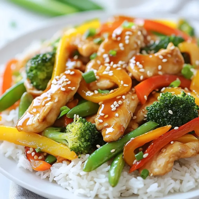 - 1 lb boneless, skinless chicken breasts, thinly sliced - 2 tablespoons soy sauce - 2 tablespoons teriyaki sauce - 2 cups mixed vegetables (bell peppers, broccoli, snap peas, carrots) - 1 tablespoon sesame oil - 1 teaspoon freshly grated ginger - 2 cloves garlic, finely minced - 1 tablespoon cornstarch - 1 tablespoon cold water - Sesame seeds - Sliced green onions - Lime wedges (for serving) The main ingredients in this stir fry make it easy to prepare a quick meal. I love using boneless, skinless chicken breasts. They cook fast and stay juicy. The soy sauce and teriyaki sauce add a sweet and salty flavor that is hard to resist. Mixed vegetables add color and crunch. You can choose any veggies you like. I suggest bell peppers, broccoli, snap peas, and carrots for a vibrant mix. For extra flavor, I use sesame oil, fresh ginger, and garlic. They work together to create a rich taste. The cornstarch mixed with water thickens the sauce. This gives the stir fry a nice glaze. Garnishes like sesame seeds and sliced green onions add a lovely touch. A lime wedge on the side gives a fresh burst of taste. This dish is not just quick; it’s also full of flavor and fun to make! {{ingredient_image_2}} To start, I combine the soy sauce, teriyaki sauce, sesame oil, grated ginger, and minced garlic in a bowl. This mix creates a tasty marinade. I then add the thinly sliced chicken strips. I ensure each piece is fully coated. Next, I cover the bowl and let it sit. This step takes about 15 minutes. Marinating helps the chicken soak up all the great flavors. Now it's time to cook the chicken. I heat a large skillet or wok over medium-high heat. If needed, I drizzle a bit of sesame oil to keep the chicken from sticking. When the skillet is hot, I carefully add the marinated chicken. I save the leftover marinade for later. I stir-fry the chicken for about 4-5 minutes. I want it to be fully cooked and lightly caramelized. Stirring often helps cook it evenly. Next, I add the mixed vegetables right into the skillet. I stir-fry them for about 3-4 minutes. I aim for vibrant colors and a nice crunch. The veggies should be tender but not mushy. After that, I make a cornstarch slurry by mixing cornstarch with cold water in a small bowl. I add the reserved marinade to the skillet, followed by the slurry. I stir constantly for 1-2 minutes. This helps thicken the sauce. Finally, I taste the stir fry and add salt and pepper as needed. I then remove it from heat. To ensure your chicken is evenly cooked, slice it thinly. Thin strips cook faster and more evenly. Heat your skillet well before adding the chicken. This helps it sear and caramelize. For stir-frying, sesame oil works best. It adds a rich flavor and prevents sticking. You can add different spices or sauces to the marinade. For example, try adding a bit of honey for sweetness. If you want heat, a dash of red pepper flakes works great. Adjusting the marinade time can also boost flavor. Letting the chicken sit for longer, up to an hour, allows flavors to deepen. Serve your stir fry in shallow bowls for a nice look. A sprinkle of sesame seeds and green onions adds color and crunch. For an extra burst of flavor, include lime wedges on the side. A squeeze of lime brightens the dish and makes it fresh. Pro Tips Marinate Longer for Flavor: For an even deeper flavor, consider marinating the chicken for 30 minutes to an hour. This will allow the marinade to penetrate the meat more thoroughly. Choose Fresh Vegetables: Use fresh, seasonal vegetables for the best texture and flavor. This not only enhances the dish but also adds vibrant color to your stir fry. High Heat Cooking: Ensure your skillet or wok is hot before adding the chicken. High heat helps to achieve that desirable caramelization and keeps the chicken juicy. Serve Immediately: For the best flavor and texture, serve your stir fry right after cooking. This ensures that the vegetables remain crisp and the chicken is tender. {{image_4}} You can swap the chicken for other tasty proteins. Beef works well for a richer flavor. Thinly slice flank steak or sirloin for quick cooking. Tofu is great if you want a meat-free option. Use firm tofu for the best texture. You can also try seafood. Shrimp or scallops add a nice touch to the dish. Just adjust the cooking time to keep them tender. Mix up your veggies for fun and flavor. Try seasonal options like zucchini or asparagus. These add freshness and crunch. You can also use unique combos. Try adding sweet potatoes or bok choy for added nutrition. The more colors you add, the more appealing and healthy your meal will be. Want to spice things up? Add sriracha or chili flakes for a kick. This will give your teriyaki a fun heat. If you prefer sweet, use pineapple juice in your sauce. It adds a fruity note that pairs well with the savory chicken. Experimenting with flavors keeps meals exciting and enjoyable. To store your Minute Teriyaki Chicken Stir Fry, let it cool first. Place it in an airtight container. This keeps the flavors fresh and prevents odors. You can keep it in the fridge for up to three days. If you plan to eat it later, refrigerating is the best choice. You can freeze leftover stir fry. Make sure it cools completely before packing. Use a freezer-safe container or bag, removing as much air as possible. This helps prevent freezer burn. Your stir fry can last for up to three months in the freezer. When you’re ready to eat, thaw it in the fridge overnight. This keeps it safe and tasty. To reheat, use a skillet over medium heat. Add a splash of water or broth to help keep it moist. Stir it often. This way, it won’t lose its texture. You can also use a microwave. Heat in short bursts and stir between each burst. This helps it heat evenly. Enjoy your stir fry just like fresh! You can pair Teriyaki Chicken Stir Fry with several great side dishes. Here are some tasty options: - Steamed rice: Plain white rice or brown rice works well. - Noodles: Choose rice noodles or egg noodles for a fun twist. - Salad: A light cucumber or seaweed salad adds freshness. - Spring rolls: Crispy spring rolls provide a nice crunch. - Miso soup: Warm miso soup balances the meal with umami flavor. These sides enhance the flavors of your stir fry and make the meal more filling. Yes, you can prep this stir fry ahead of time. Here’s how: - Marinate the chicken: You can marinate it a few hours or even overnight. This boosts flavor. - Chop vegetables: Cut your veggies a day in advance. Store them in the fridge. - Cook and store: You can cook the stir fry and store it in the fridge for up to three days. This makes weeknight dinners easy and quick. Just reheat and serve! Teriyaki Chicken can be a healthy choice. Here are some benefits: - Lean protein: Chicken breast is low in fat and high in protein. - Vitamins: Mixed vegetables add essential vitamins and minerals. - Low calories: This dish can be low in calories if you control the sauce. Overall, Teriyaki Chicken Stir Fry can fit well into a balanced diet. Just watch the sauces and portion sizes. This blog post covered a simple and delicious teriyaki chicken stir fry recipe. You learned about key ingredients, including chicken and vegetables, and important tips for cooking and storage. Flavor variations and protein swaps added extra options. You can make this dish your own with any veggies or sauce you love. It's easy to prep ahead, making it perfect for busy nights. Enjoy trying out these ideas, and happy cooking!