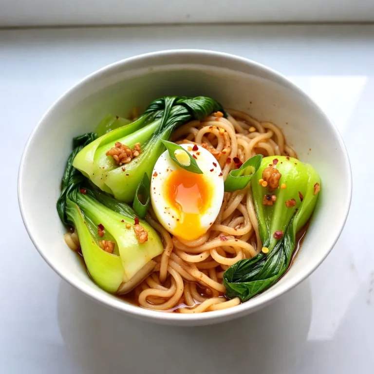 - 2 packs of instant ramen noodles (discard seasoning packets) - 4 tablespoons unsalted butter - 6 cloves garlic, minced - 1 teaspoon red pepper flakes - 2 cups vegetable broth - 1 cup water - 2 tablespoons soy sauce - 1 tablespoon sesame oil - 2 green onions, sliced - 1 cup baby bok choy, roughly chopped - 2 eggs (optional) - Salt and pepper to taste The heart of Spicy Garlic Butter Ramen lies in its simple yet bold ingredients. You start with instant ramen noodles, which make cooking quick and easy. Use unsalted butter for a rich flavor that blends well with the garlic. The minced garlic is key to a robust taste, while red pepper flakes add just the right amount of heat. For the broth, vegetable broth and water create a light base. Adding soy sauce enhances the umami flavor, while sesame oil brings a nutty aroma. When it comes to garnishes, fresh green onions add a bright crunch. Baby bok choy gives a pop of color and freshness. If you want extra creaminess, consider adding soft-boiled eggs. Don't forget to season your dish with salt and pepper for that perfect finishing touch! {{ingredient_image_2}} First, fill a large pot with water and bring it to a boil. Once the water is bubbling, add the instant ramen noodles. Cook them for about 3 to 4 minutes. You want them to be tender but not mushy. After cooking, drain the noodles and set them aside. Let them rest while you prepare the next steps. In the same pot, lower the heat to medium. Add the unsalted butter and let it melt. Once the butter is melted, toss in the minced garlic and red pepper flakes. Sauté the garlic for 1 to 2 minutes. Keep stirring to avoid burning it. You should smell a rich, savory aroma filling your kitchen. Pour in both the vegetable broth and water. Add the soy sauce and sesame oil. Stir well to mix all the flavors. Next, add the chopped baby bok choy. Cook this for about 2 minutes until the greens are bright and wilted. Then, return the drained ramen noodles to the pot. Toss everything together, making sure the noodles are well coated in the garlic butter sauce. Let it cook for an extra 1 to 2 minutes to blend the flavors. Taste your ramen and season it with salt and pepper as needed. If you want, you can prepare the eggs now. Boil or poach them until they're just right. Soft-boiled eggs add a lovely creaminess. Serve your ramen in colorful bowls, topped with sliced green onions and the eggs if you used them. Enjoy your delicious meal! To get your spicy garlic butter ramen just right, adjust the spice levels to fit your taste. Start with one teaspoon of red pepper flakes. If you like it hotter, add more! You can also mix in some chili oil for extra heat. When sautéing garlic, keep a close eye on it. Garlic cooks fast and can burn easily. Use medium heat and stir constantly. Once it turns golden and fragrant, it’s ready. If you want your ramen creamier, try adding more butter or a splash of heavy cream. You can also whisk in a little miso paste for depth. Using different types of broth can also make a big difference. Chicken broth adds richness. If you want a lighter taste, go for vegetable broth. Garnish your ramen with sliced green onions and a sprinkle of sesame seeds. This adds color and a nice crunch. Choose vibrant bowls that catch the eye. Serving with chopsticks makes it feel special. If you have large spoons, they work well too for slurping! Pro Tips Use High-Quality Noodles: For an even better texture and flavor, consider using fresh ramen noodles instead of instant ones. They can elevate the dish significantly. Adjust Spice Level: If you love heat, try adding sriracha or chili oil to the dish right before serving for an extra kick! Add Protein: For a more filling meal, you can add tofu, chicken, or shrimp to the dish. Cook the protein separately and mix it in before serving. Experiment with Vegetables: Feel free to mix in other vegetables like bell peppers, carrots, or snap peas for added color and nutrition. {{image_4}} You can change the protein in your ramen for more flavor. Chicken is a great choice. Use cooked, shredded chicken for a warm touch. Tofu is perfect for a vegetarian meal. Just cube it and sauté until golden. Shrimp also works well; just cook them until pink. If you want a vegetarian meal, skip meat and add extra veggies. Switch up the greens to brighten your dish. You can use spinach, kale, or even snap peas. Seasonal vegetables like asparagus or zucchini add a fresh twist. Carrots or bell peppers can give your ramen a crunch. Don’t be shy; add your favorites to make it yours! The broth sets the tone for your ramen. Chicken broth gives a rich flavor, while beef broth adds depth. If you want a lighter taste, stick to vegetable broth. You can also use flavored broth cubes or concentrates for quick options. They can save time and still pack a punch! To store leftover ramen, let it cool completely. Place it in an airtight container. Keep it in the fridge for up to three days. This keeps the noodles fresh and safe to eat later. For reheating, add a splash of water to the ramen. This helps to revive the noodles. Heat it in a pot or microwave. Stir it often to warm it evenly. You can freeze the ramen, but it's best to freeze the noodles and broth separately. This way, the texture stays better. Use freezer-safe bags or containers. When you want to enjoy it again, thaw the broth in the fridge overnight. Reheat it in a pot. Add the noodles once the broth is hot. This keeps your meal tasty and fresh. To make ramen noodles from scratch, you need flour, water, and salt. Mix 2 cups of flour with a pinch of salt. Slowly add 1/2 cup of water while mixing. Knead the dough for 10 minutes until smooth. Wrap it and let it rest for 30 minutes. Roll it out thin and cut it into strips. Cook these noodles in boiling water for 2-3 minutes. Fresh noodles will give you a great texture. Yes, you can easily make spicy garlic butter ramen vegetarian. Use vegetable broth instead of chicken broth. You can also add tofu or mushrooms for protein. Make sure to use soy sauce that is labeled vegetarian. This way, you keep all the flavors while making it suitable for vegetarians. If you need a substitute for garlic, try using shallots or garlic powder. Shallots have a milder taste and can add a nice flavor. If you use garlic powder, start with 1/4 teaspoon and adjust to your taste. You can also use chives for a fresh flavor. To make your ramen spicier, add more red pepper flakes. You can also use chili oil or hot sauce for extra heat. Sriracha is a great choice! Start with a little and taste as you go to find the right spice level for you. Ramen pairs well with many side dishes. You can serve it with edamame, gyoza, or a fresh salad. Pickled vegetables also make a nice side. They add a crunchy texture and balance the meal nicely. Enjoy your ramen with any of these tasty sides! In this post, we explored how to make delicious garlic butter ramen. First, we covered the key ingredients, from instant noodles to flavorful broth. Next, I shared step-by-step instructions for cooking and combining everything. We also discussed tips for perfecting flavor and enhancing presentation. Finally, I highlighted variations and storage tips. Enjoy making this easy recipe. You can customize it to your taste and liking. Get creative with your toppings and ingredients! Happy cooking!