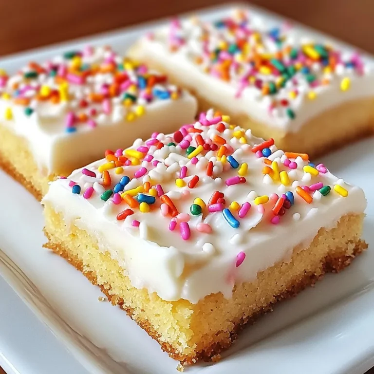 - 2 ¾ cups all-purpose flour - 1 teaspoon baking powder - ½ teaspoon baking soda - ½ teaspoon salt - ½ cup unsalted butter, softened - 1 cup granulated sugar - 1 large egg - 1 teaspoon vanilla extract - ½ teaspoon almond extract - 1 cup powdered sugar (for frosting) - 2 tablespoons milk (for frosting) - Food coloring (optional, for frosting) - Sprinkles (for garnish) For common allergens, here are some easy swaps: - Butter: Use coconut oil or margarine for a dairy-free option. - Egg: Replace with a flax egg (1 tablespoon flaxseed meal + 2.5 tablespoons water). - Milk: Use almond milk or soy milk for a dairy-free choice. - Flour: Use a gluten-free all-purpose flour blend. You will need specific tools to make these cookie bars: - Baking Dish: A 9x13-inch baking dish lined with parchment paper. - Mixing Bowls: A large bowl for mixing wet ingredients and a medium bowl for dry ingredients. - Electric Mixer: This helps cream the butter and sugar together easily. - Spatula: For spreading the dough and frosting evenly. - Wire Rack: To cool the cookie bars after baking. With these ingredients and tools, you are ready to create a sweet treat that everyone will love! {{ingredient_image_2}} 1. Preheat your oven to 350°F (175°C). 2. Prepare a 9x13-inch baking dish by lining it with parchment paper. Leave some paper hanging over the edges for easy removal later. 3. Mix dry ingredients: In a medium bowl, whisk together 2 ¾ cups of all-purpose flour, 1 teaspoon of baking powder, ½ teaspoon of baking soda, and ½ teaspoon of salt. Set aside. 4. Cream butter and sugar: In a large bowl, beat ½ cup of softened unsalted butter with 1 cup of granulated sugar. Use an electric mixer on medium speed for 3-4 minutes. You want it light and fluffy. 5. Incorporate wet ingredients: Add 1 large egg, 1 teaspoon of vanilla extract, and ½ teaspoon of almond extract to the butter mixture. Mix on low speed until well combined. 6. Combine mixtures: Gradually add the dry mixture to the wet mixture. Stir gently until just combined. Do not overmix; this keeps the bars soft and light. 7. Spread in pan: Spoon the dough into your prepared baking dish. Use a spatula to spread it evenly. 8. Bake: Place in the preheated oven for 20-25 minutes. The edges should be lightly golden. Check with a toothpick; it should come out clean. 9. Cool the bars: Allow the cookie bars to cool in the pan for 10 minutes. Then, lift them out using the parchment paper. Transfer to a wire rack to cool completely. 10. Prepare frosting: While cooling, whisk 1 cup of powdered sugar with 2 tablespoons of milk in a bowl until smooth. If you want color, add a few drops of food coloring. 11. Frost the cookies: Once cooled, spread the frosting generously over the bars. Use a spatula or knife for even coverage. 12. Add sprinkles: Finish by sprinkling colorful toppings over the frosting for a fun touch. 13. Slice and serve: Use a sharp knife to cut into squares or rectangles. Enjoy these sweet delights! To avoid common baking mistakes, measure your flour carefully. Use a spoon to fluff the flour and scoop it into your measuring cup. Don't pack it down. Overpacking can lead to dry cookie bars. Mix your dry ingredients well to ensure even baking. When combining wet and dry, mix just until blended. Overmixing makes the bars tough, not soft. To ensure the perfect texture, cream the butter and sugar until light and fluffy. This step helps create air in the dough. Also, cool the bars completely before frosting. Warm bars may melt the frosting, making it runny. For the best frosting consistency, start with room-temperature butter. Mix the powdered sugar and milk until smooth. If it’s too thick, add more milk slowly. If it’s too thin, add more powdered sugar. For mixing in food coloring effectively, use gel colors for vibrant shades. Add a little at a time and mix well. This helps you control the color and avoid a watery frosting. For serving and garnishing ideas, use a decorative platter or cake stand. This makes your cookie bars look extra special. Add colorful sprinkles on top for a festive touch. You can also use edible glitter for fun. To store leftovers attractively, place them in an airtight container. You can layer parchment paper between the bars to keep them from sticking together. This keeps them fresh and easy to grab later. Pro Tips Chill the Dough: For thicker cookie bars, chill the dough for 30 minutes before spreading it in the pan. This helps the bars maintain their shape while baking. Frosting Consistency: If your frosting is too thick, add a little more milk, a teaspoon at a time, until you reach the desired spreadable consistency. Make Ahead: These cookie bars can be made a day in advance. Just store them in an airtight container to maintain freshness. Customizable Toppings: Get creative with toppings! You can use crushed candies, nuts, or even drizzle melted chocolate over the frosting for added flavor and texture. {{image_4}} You can change the taste of your sugar cookie bars easily. Try adding different extracts, like lemon or orange. These will give your bars a fresh twist. You can also mix in spices like cinnamon or nutmeg for a warm flavor. If you love chocolate, fold in some chocolate chips. They add a sweet and rich taste. You can even use white chocolate or butterscotch chips. The options are endless, and you can make these bars your own! Frosting is where you can get creative. The basic frosting recipe is great. But you can try other flavors too! Adding cocoa powder gives you chocolate frosting. Or try cream cheese for a tangy twist. If you want a vegan option, use coconut cream instead of milk. You can also make a simple frosting with powdered sugar and nut milk. This way, everyone can enjoy these delicious bars. Pair your frosted sugar cookie bars with fun drinks. A glass of cold milk is a classic choice. But you could also serve them with hot cocoa or tea. These bars are perfect for parties! Use them for birthdays, holidays, or any celebration. You can even decorate them with themed sprinkles to match your event. Everyone will love these sweet treats! To store your cookie bars at room temperature, let them cool completely. Then, cut them into squares. Place the squares in an airtight container. This helps keep them fresh. Use parchment paper between layers to avoid sticking. You can enjoy them for up to a week this way. The best containers for maintaining freshness are glass or plastic containers with tight lids. If you have a cake dome, that works great too. Just make sure the bars are fully cooled before sealing them. For long-term storage, you can freeze the cookie bars. First, cut them into squares. Wrap each square in plastic wrap tightly. This protects against freezer burn. Then, place them in a freezer-safe bag or container. They can last up to three months in the freezer. When you want to enjoy them again, thaw the bars in the fridge overnight. If you need to reheat them, pop them in the microwave for about 10 to 15 seconds. This warms them up without drying them out. Enjoy your sweet treat! What is the best way to cut cookie bars? To cut cookie bars, first cool them completely. Use a sharp knife for clean cuts. For neat edges, wipe the knife with a damp cloth between cuts. You can also line the baking dish with parchment paper to help lift the bars out easily. How long do frosted sugar cookie bars last? Stored in an airtight container, these bars last for about five days. If you keep them in a cool place, they stay fresh longer. For best results, enjoy them within three days for peak flavor. Can I substitute ingredients in the recipe? Yes, you can swap some ingredients. If you need a dairy-free option, use vegan butter. Coconut flour can replace all-purpose flour, but you will need to adjust the amount. For a lower-sugar option, try using less granulated sugar or a sugar substitute. How to make these gluten-free? To make these bars gluten-free, use a gluten-free all-purpose flour blend. Make sure the blend includes a binding agent, like xanthan gum. Follow the recipe as written for the other ingredients. What to do if the bars come out too dry? If your bars are dry, you may have overbaked them. Check your oven temperature with an oven thermometer to ensure it's accurate. Next time, bake for a shorter time and watch for a lightly golden edge. How to fix over-chilled frosting? If your frosting gets too cold, let it sit at room temperature for a few minutes. Then, mix it again until smooth. If it’s still too thick, add a splash of milk to loosen it up. This blog post covered all you need to make perfect cookie bars. We went over key ingredients and helpful substitutions for allergies. I provided a thorough baking guide, from preparation to cooling and frosting. You now have tips and tricks to avoid common mistakes. I also shared variations for flavors and frostings to keep it fun. With proper storage tips, your cookie bars will stay fresh longer. Enjoy your baking journey! It's time to create something tasty.