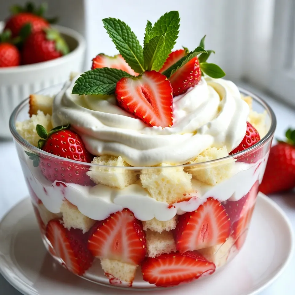 To make a delightful Strawberry Shortcake Trifle, you will need these simple ingredients: - 2 cups fresh strawberries, hulled and sliced - 2 tablespoons granulated sugar - 1 cup heavy whipping cream - 1 tablespoon pure vanilla extract - 1 cup shortcake or sponge cake, cut into bite-sized pieces - ½ cup creamy Greek yogurt - Fresh mint leaves for garnish Each ingredient plays a key role in the taste and texture of the trifle. Fresh strawberries provide sweetness and a juicy burst of flavor. The granulated sugar helps enhance the natural sweetness of the strawberries. Heavy cream gives the trifle its rich and creamy texture, while pure vanilla extract adds a warm depth of flavor. Using shortcake or sponge cake creates a light and airy base for the layers. Creamy Greek yogurt adds a hint of tang and richness, balancing the sweetness of the dessert. Lastly, fresh mint leaves not only garnish the trifle but also add a burst of color and a refreshing note. When you gather these ingredients, you set the stage for a beautiful and tasty dessert. Each layer will bring you closer to a delightful experience that celebrates the joy of fresh flavors. {{ingredient_image_2}} To start, you need to prepare the strawberries. Take 2 cups of fresh strawberries and hull them. Slice them into thin pieces. Place the strawberries in a medium bowl. Add 2 tablespoons of granulated sugar to the bowl. Gently toss the strawberries to coat them evenly. This step helps the strawberries release their juices. Let them sit for about 15 minutes at room temperature. This process is called maceration and makes the strawberries sweeter and juicier. While the strawberries sit, make the whipped cream mixture. In a separate mixing bowl, pour in 1 cup of heavy whipping cream. Add 1 tablespoon of pure vanilla extract to the bowl. Use a hand mixer or a whisk to whip the cream until soft peaks form. This should take a few minutes. Once you achieve soft peaks, grab ½ cup of creamy Greek yogurt. Gently fold the yogurt into the whipped cream with a spatula. Make sure the mixture is smooth and well blended. Now, it's time to assemble your trifle. Grab a trifle dish or some individual serving glasses. Start with a layer of shortcake or sponge cake. Cut the cake into bite-sized pieces for easy layering. Place an even layer of cake at the bottom of the dish. Spoon a generous layer of the macerated strawberries on top. Don't forget to include some of the syrup for added flavor. Then, add a layer of your whipped cream mixture over the strawberries. Spread it evenly. Repeat the layering process. Add more cake, strawberries, and whipped cream until you fill the dish. Make sure to finish with a nice layer of whipped cream on top. For the final touch, garnish your trifle with fresh strawberry slices and a few mint leaves. This adds color and freshness to your dessert. Enjoy this delightful and easy strawberry shortcake trifle! - Use even layers. Start with a layer of cake at the bottom. - Add strawberries next. Spoon the macerated strawberries over the cake. - Top with whipped cream. Spread the cream evenly over the strawberries. - Repeat layers. Keep going until you fill your dish. - Finish with cream. Always end with a nice layer of whipped cream. To get the perfect consistency, whip your cream until it forms soft peaks. This gives a light and fluffy texture. When you fold in the Greek yogurt, do it gently. This keeps the cream airy and smooth. - Use clear glass dishes. They show off the colorful layers well. - Garnish with mint. Add fresh mint leaves on top for a pop of color. - Use extra strawberries. Place a few slices on top for added flair. These simple touches make your trifle look stunning. Guests will love the bright colors and fresh taste. Enjoy making your dessert shine! Pro Tips Choose Ripe Strawberries: Select strawberries that are deep red and fragrant for the best flavor and sweetness in your trifle. Whip Cream to the Right Consistency: Be careful not to over-whip the cream; soft peaks are ideal for a light and airy texture. Layering Technique: For better presentation, add different layers of cake, strawberries, and whipped cream instead of repeating the same order to create visual interest. Chill Before Serving: Allow the trifle to chill in the refrigerator for at least an hour before serving to let the flavors meld together. {{image_4}} You can swap strawberries for other fruits. Blueberries and raspberries work great. They add a unique taste and color. Seasonal fruits can also make this trifle special. Think peaches, blackberries, or even cherries. Each fruit brings its fun twist to the dish. You don’t have to stick to shortcake. Angel food cake is a light choice that adds fluff. It soaks up flavors well but keeps its shape. Gluten-free options are perfect for those with diets. Look for gluten-free sponge cake or even almond flour cakes. These choices keep your trifle tasty and friendly for all. To store any leftover strawberry shortcake trifle, cover it tightly with plastic wrap or foil. This keeps the trifle fresh and prevents it from drying out. You can also use an airtight container if you have one. The trifle will stay good in the fridge for about 2 to 3 days for optimal freshness. After that, the layers may start to blend together, losing their lovely look and taste. You can freeze the trifle, but it’s best to freeze only the cake and the strawberries. The whipped cream does not freeze well and can lose its texture. To freeze, layer the cake and strawberries in a freezer-safe dish. Cover it tightly to avoid freezer burn. When ready to enjoy, thaw it in the fridge for several hours or overnight. Serve it cold, but be aware that the texture might change a bit. Enjoy it quickly after thawing for the best taste! Yes, you can make the trifle a day early. This helps the flavors mix well. To prepare ahead, layer the cake and strawberries first. Then, keep the whipped cream separate until serving. This will keep it fresh and fluffy. Store everything in the fridge until you're ready to serve. If you need a substitute for heavy cream, try these options: - Coconut cream for a dairy-free choice - Milk with butter (mix ¾ cup milk and ¼ cup melted butter) - Silken tofu blended until smooth for a healthy twist These alternatives can work well, though they may change the taste a bit. To keep your layers crisp, here are some tips: - Use day-old cake as it is firmer. - Add a layer of yogurt between the cake and strawberries. - Serve the trifle soon after assembling. Following these steps will help keep your trifle looking and tasting great! You now know how to create a delicious fruit trifle. We covered the key ingredients, from fresh strawberries to creamy yogurt. I provided step-by-step instructions to prepare, whip, and layer your trifle perfectly. You also learned useful tips for assembly and presentation, as well as fun variations. Storing your trifle properly keeps it fresh and tasty. Don't hesitate to customize it to fit your taste. Enjoy making this simple yet delightful dessert!