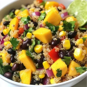 - 1 cup quinoa, thoroughly rinsed under cold water - 2 cups water or vegetable broth (for extra flavor) - 1 ripe mango, peeled and diced into bite-sized cubes - 1 can (15 oz) black beans, drained and thoroughly rinsed - 1 red bell pepper, finely diced - 1 small red onion, finely chopped - 1 cup corn (can use fresh kernels, frozen, or canned) - 1/4 cup fresh cilantro, chopped coarsely - Juice of 2 limes (about 1/4 cup) - 2 tablespoons extra virgin olive oil - 1 teaspoon ground cumin - Sea salt and freshly ground black pepper, to taste In this salad, quinoa stands out as the main ingredient. It adds a nice texture and a boost of protein. The bright mango adds sweetness, while black beans provide fiber and protein. Fresh veggies like bell pepper and onion give crunch and flavor. Corn adds a pop of sweetness and color. The dressing ties everything together. It combines lime juice, olive oil, cumin, salt, and pepper. This mix brightens the salad and enhances all the flavors. If you want to switch things up, try different grains. Brown rice or farro work well in this recipe. You can also use other beans, like chickpeas or kidney beans. Feel free to add more veggies. Chopped cucumber or shredded carrots can add more crunch. You might like to toss in some grilled chicken or shrimp for extra protein. You can change the dressing too. Swap lime juice for lemon juice or add some honey for sweetness. A dash of hot sauce can add a kick! {{ingredient_image_2}} First, rinse the quinoa. This step removes the bitter coating called saponin. Use a fine mesh strainer. Rinse it under cold water for about a minute. Next, choose your cooking method. You can use water or vegetable broth. Using broth adds more flavor to the quinoa. In a medium saucepan, add 1 cup of rinsed quinoa and 2 cups of your choice of liquid. Bring it to a boil on medium-high heat. Once boiling, reduce the heat to low. Cover the pan with a lid and let it simmer. Cook for 15-20 minutes until all the liquid absorbs. Once done, remove it from the heat and let it cool slightly. While the quinoa cools, prepare the salad ingredients. Start by dicing the ripe mango into small cubes. Next, finely dice the red bell pepper and chop the red onion. Open the can of black beans and drain them. Rinse the beans under cold water. Then, measure out 1 cup of corn. You can use fresh, frozen, or canned corn. In a large mixing bowl, combine the diced mango, black beans, corn, red bell pepper, red onion, and chopped cilantro. Gently toss these ingredients to mix them well. Now, let&rsquo;s make the dressing. In a small bowl, whisk together the juice of 2 limes, 2 tablespoons of olive oil, and 1 teaspoon of ground cumin. Add a pinch of sea salt and black pepper to taste. Mix until all the ingredients are combined. Once the quinoa has cooled to room temperature, use a fork to fluff it. Break apart any clumps. Add the fluffed quinoa to the bowl with the other salad ingredients. Drizzle the dressing over the salad and gently toss everything together. Make sure all the ingredients are coated well. Now, taste the salad. Adjust the seasoning if needed, adding more salt, pepper, or lime juice for extra flavor. For the best taste, cover the salad and chill it in the fridge for at least 30 minutes. This time helps the flavors blend and develop. To get quinoa just right, rinse it well. Rinsing removes the bitter coating. Use a fine mesh strainer for this. Cook the quinoa in water or vegetable broth for taste. To avoid mushy quinoa, stick to the 2:1 ratio of water to quinoa. Bring it to a boil, then reduce the heat. Cover and let it simmer for 15-20 minutes. After cooking, let it cool a bit. Fluff it with a fork gently. This helps to separate any clumps. Marinating adds depth to your salad. You can soak the black beans in lime juice for 30 minutes. This gives them a bright flavor. When mixing the dressing, taste as you go. If it&rsquo;s too tart, add a pinch of sugar. If you need more heat, add a dash of cayenne. Adjust salt and pepper to suit your taste too. For a stunning presentation, use a large, colorful bowl. This makes your salad pop! Garnish with extra cilantro leaves for freshness. Add lime wedges for a splash of color. This makes each serving look inviting and fresh. Enjoy the vibrant mix of flavors and colors! Pro Tips Perfectly Cooked Quinoa: Rinse the quinoa thoroughly before cooking to remove the bitter saponins. This ensures a fluffy and delicious texture. Fresh Mango Selection: Choose a ripe mango that gives slightly when pressed. This indicates it is sweet and ready to be diced. Flavor Boost: For an extra flavor kick, consider adding a pinch of cayenne pepper or diced jalape&ntilde;os to the salad for a spicy twist. Meal Prep Friendly: This salad stores well in the fridge for up to 3 days, making it a perfect option for meal prep. Just give it a good stir before serving. {{image_4}} You can add grilled chicken or shrimp to this salad. This makes the dish heartier and adds a nice flavor. Simply cook the meat until it's golden, then slice or cube it. Toss it in with the salad right before serving. If you're looking for a plant-based option, try tofu or tempeh. Both options soak up flavors well. For tofu, use firm or extra-firm types. Cut them into cubes and pan-fry until crispy. For tempeh, steam it first, then slice and saut&eacute;. This adds a great crunch and protein boost. Fresh seasonal fruits or vegetables can change the salad's taste. In summer, add diced peaches or strawberries for a sweet twist. In fall, roasted sweet potatoes or butternut squash work well. They add warmth and earthiness. You can get creative with each season. In winter, try adding pomegranate seeds for a pop of color. In spring, fresh herbs like basil or mint can brighten the dish. This keeps your salad exciting all year round. You can switch up the dressing for different flavors. Try using balsamic vinegar instead of lime juice for a tangy twist. Apple cider vinegar also adds a nice zing. For oils, swap olive oil for avocado oil or sesame oil. Each oil brings its own unique taste. You can also experiment with spices. Adding chili powder or smoked paprika can give the dressing a nice kick. Store your Mango Black Bean Quinoa Salad in an airtight container. This keeps it fresh longer. Make sure to seal it well to prevent air from getting in. The salad should stay in a cool, dark place like your fridge. The salad lasts about 3 to 5 days in the fridge. After that, the ingredients may lose their taste and texture. If you want to freeze it, keep in mind that quinoa can change texture. To freeze, place the salad in a freezer-safe container. It will stay good for about 1 month. When ready to eat, thaw it in the fridge overnight. You can use several grains instead of quinoa. Some great options include: - Brown rice - Farro - Couscous - Bulgur wheat These grains all have a nice texture and flavor. Brown rice is chewy and hearty. Farro has a nutty taste. Couscous cooks quickly and is light. Bulgur wheat is quick and tasty. Each choice brings its charm to the salad. Yes, you can make this salad ahead of time. Here are some best practices: - Prepare the quinoa and let it cool. - Mix the salad ingredients without the dressing. - Store it in the fridge for up to 24 hours. - Add the dressing just before serving. This keeps the salad fresh and crunchy. The flavors will blend nicely overnight. You can enjoy a quick meal on busy days. Yes, Mango Black Bean Quinoa Salad is vegan. It contains no animal products. The main ingredients are fruits, veggies, and grains. You can enjoy it without worry. It&rsquo;s a perfect dish for everyone. This blog post covered the delicious Mango Black Bean Quinoa Salad. We explored key ingredients, substitutions, and preparation steps. I shared tips for perfecting quinoa and dressing variations. You can customize your salad with extra protein or seasonal produce. Remember, proper storage keeps it fresh for later. Enjoy experimenting with flavors and variations. This salad is versatile and healthy, a great choice for any meal.