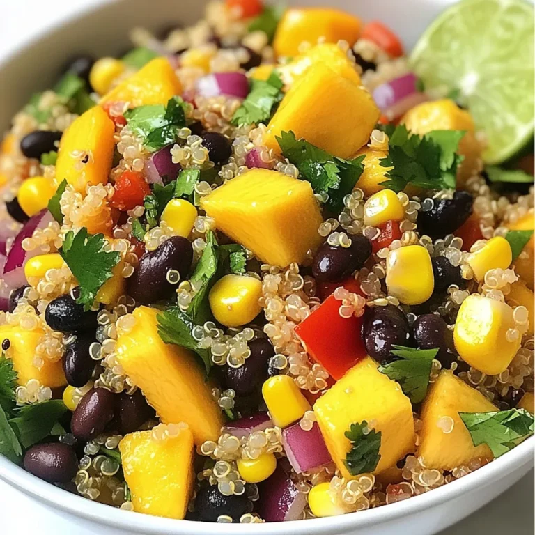 - 1 cup quinoa, thoroughly rinsed under cold water - 2 cups water or vegetable broth (for extra flavor) - 1 ripe mango, peeled and diced into bite-sized cubes - 1 can (15 oz) black beans, drained and thoroughly rinsed - 1 red bell pepper, finely diced - 1 small red onion, finely chopped - 1 cup corn (can use fresh kernels, frozen, or canned) - 1/4 cup fresh cilantro, chopped coarsely - Juice of 2 limes (about 1/4 cup) - 2 tablespoons extra virgin olive oil - 1 teaspoon ground cumin - Sea salt and freshly ground black pepper, to taste In this salad, quinoa stands out as the main ingredient. It adds a nice texture and a boost of protein. The bright mango adds sweetness, while black beans provide fiber and protein. Fresh veggies like bell pepper and onion give crunch and flavor. Corn adds a pop of sweetness and color. The dressing ties everything together. It combines lime juice, olive oil, cumin, salt, and pepper. This mix brightens the salad and enhances all the flavors. If you want to switch things up, try different grains. Brown rice or farro work well in this recipe. You can also use other beans, like chickpeas or kidney beans. Feel free to add more veggies. Chopped cucumber or shredded carrots can add more crunch. You might like to toss in some grilled chicken or shrimp for extra protein. You can change the dressing too. Swap lime juice for lemon juice or add some honey for sweetness. A dash of hot sauce can add a kick! {{ingredient_image_2}} First, rinse the quinoa. This step removes the bitter coating called saponin. Use a fine mesh strainer. Rinse it under cold water for about a minute. Next, choose your cooking method. You can use water or vegetable broth. Using broth adds more flavor to the quinoa. In a medium saucepan, add 1 cup of rinsed quinoa and 2 cups of your choice of liquid. Bring it to a boil on medium-high heat. Once boiling, reduce the heat to low. Cover the pan with a lid and let it simmer. Cook for 15-20 minutes until all the liquid absorbs. Once done, remove it from the heat and let it cool slightly. While the quinoa cools, prepare the salad ingredients. Start by dicing the ripe mango into small cubes. Next, finely dice the red bell pepper and chop the red onion. Open the can of black beans and drain them. Rinse the beans under cold water. Then, measure out 1 cup of corn. You can use fresh, frozen, or canned corn. In a large mixing bowl, combine the diced mango, black beans, corn, red bell pepper, red onion, and chopped cilantro. Gently toss these ingredients to mix them well. Now, let’s make the dressing. In a small bowl, whisk together the juice of 2 limes, 2 tablespoons of olive oil, and 1 teaspoon of ground cumin. Add a pinch of sea salt and black pepper to taste. Mix until all the ingredients are combined. Once the quinoa has cooled to room temperature, use a fork to fluff it. Break apart any clumps. Add the fluffed quinoa to the bowl with the other salad ingredients. Drizzle the dressing over the salad and gently toss everything together. Make sure all the ingredients are coated well. Now, taste the salad. Adjust the seasoning if needed, adding more salt, pepper, or lime juice for extra flavor. For the best taste, cover the salad and chill it in the fridge for at least 30 minutes. This time helps the flavors blend and develop. To get quinoa just right, rinse it well. Rinsing removes the bitter coating. Use a fine mesh strainer for this. Cook the quinoa in water or vegetable broth for taste. To avoid mushy quinoa, stick to the 2:1 ratio of water to quinoa. Bring it to a boil, then reduce the heat. Cover and let it simmer for 15-20 minutes. After cooking, let it cool a bit. Fluff it with a fork gently. This helps to separate any clumps. Marinating adds depth to your salad. You can soak the black beans in lime juice for 30 minutes. This gives them a bright flavor. When mixing the dressing, taste as you go. If it’s too tart, add a pinch of sugar. If you need more heat, add a dash of cayenne. Adjust salt and pepper to suit your taste too. For a stunning presentation, use a large, colorful bowl. This makes your salad pop! Garnish with extra cilantro leaves for freshness. Add lime wedges for a splash of color. This makes each serving look inviting and fresh. Enjoy the vibrant mix of flavors and colors! Pro Tips Perfectly Cooked Quinoa: Rinse the quinoa thoroughly before cooking to remove the bitter saponins. This ensures a fluffy and delicious texture. Fresh Mango Selection: Choose a ripe mango that gives slightly when pressed. This indicates it is sweet and ready to be diced. Flavor Boost: For an extra flavor kick, consider adding a pinch of cayenne pepper or diced jalapeños to the salad for a spicy twist. Meal Prep Friendly: This salad stores well in the fridge for up to 3 days, making it a perfect option for meal prep. Just give it a good stir before serving. {{image_4}} You can add grilled chicken or shrimp to this salad. This makes the dish heartier and adds a nice flavor. Simply cook the meat until it's golden, then slice or cube it. Toss it in with the salad right before serving. If you're looking for a plant-based option, try tofu or tempeh. Both options soak up flavors well. For tofu, use firm or extra-firm types. Cut them into cubes and pan-fry until crispy. For tempeh, steam it first, then slice and sauté. This adds a great crunch and protein boost. Fresh seasonal fruits or vegetables can change the salad's taste. In summer, add diced peaches or strawberries for a sweet twist. In fall, roasted sweet potatoes or butternut squash work well. They add warmth and earthiness. You can get creative with each season. In winter, try adding pomegranate seeds for a pop of color. In spring, fresh herbs like basil or mint can brighten the dish. This keeps your salad exciting all year round. You can switch up the dressing for different flavors. Try using balsamic vinegar instead of lime juice for a tangy twist. Apple cider vinegar also adds a nice zing. For oils, swap olive oil for avocado oil or sesame oil. Each oil brings its own unique taste. You can also experiment with spices. Adding chili powder or smoked paprika can give the dressing a nice kick. Store your Mango Black Bean Quinoa Salad in an airtight container. This keeps it fresh longer. Make sure to seal it well to prevent air from getting in. The salad should stay in a cool, dark place like your fridge. The salad lasts about 3 to 5 days in the fridge. After that, the ingredients may lose their taste and texture. If you want to freeze it, keep in mind that quinoa can change texture. To freeze, place the salad in a freezer-safe container. It will stay good for about 1 month. When ready to eat, thaw it in the fridge overnight. You can use several grains instead of quinoa. Some great options include: - Brown rice - Farro - Couscous - Bulgur wheat These grains all have a nice texture and flavor. Brown rice is chewy and hearty. Farro has a nutty taste. Couscous cooks quickly and is light. Bulgur wheat is quick and tasty. Each choice brings its charm to the salad. Yes, you can make this salad ahead of time. Here are some best practices: - Prepare the quinoa and let it cool. - Mix the salad ingredients without the dressing. - Store it in the fridge for up to 24 hours. - Add the dressing just before serving. This keeps the salad fresh and crunchy. The flavors will blend nicely overnight. You can enjoy a quick meal on busy days. Yes, Mango Black Bean Quinoa Salad is vegan. It contains no animal products. The main ingredients are fruits, veggies, and grains. You can enjoy it without worry. It’s a perfect dish for everyone. This blog post covered the delicious Mango Black Bean Quinoa Salad. We explored key ingredients, substitutions, and preparation steps. I shared tips for perfecting quinoa and dressing variations. You can customize your salad with extra protein or seasonal produce. Remember, proper storage keeps it fresh for later. Enjoy experimenting with flavors and variations. This salad is versatile and healthy, a great choice for any meal.