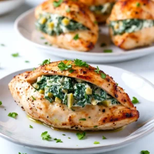 - 2 large chicken breasts - 1 cup fresh spinach, finely chopped - 1 cup canned artichoke hearts, thoroughly drained and coarsely chopped - 1/2 cup cream cheese, softened to room temperature - 1/4 cup creamy Greek yogurt - 1/2 cup shredded mozzarella cheese - 1/4 teaspoon garlic powder - 1/4 teaspoon onion powder - Salt and freshly cracked black pepper to taste - Fresh parsley or basil leaves for garnish (optional) - 2 tablespoons extra virgin olive oil To make spinach artichoke stuffed chicken, gather your ingredients first. Start with two large chicken breasts. These will be the stars of your dish. You want them fresh and plump. Next, chop one cup of fresh spinach. This adds both flavor and color. Use one cup of canned artichoke hearts, drained and chopped. This brings a tender and tangy taste. Now, let's add creaminess. You will need half a cup of cream cheese. Make sure it's softened. Then, use a quarter cup of creamy Greek yogurt for a twist. This adds a nice tang and makes the filling lighter. For flavor, gather half a cup of shredded mozzarella cheese. This will melt beautifully inside the chicken. You will also need a quarter teaspoon each of garlic powder and onion powder. These spices boost the overall taste. Don't forget salt and freshly cracked black pepper to season to your liking. Finally, for a touch of freshness, have some parsley or basil leaves on hand for garnish. You can use them at the end to brighten your dish. Now you have all the ingredients ready. This dish is not only tasty but also visually appealing. It&rsquo;s a perfect dinner delight! {{ingredient_image_2}} - Preheat the oven to 375&deg;F (190&deg;C). - In a bowl, mix the spinach and artichoke filling. Combine: - 1 cup fresh spinach, finely chopped - 1 cup canned artichoke hearts, drained and chopped - 1/2 cup cream cheese, softened - 1/4 cup creamy Greek yogurt - 1/2 cup shredded mozzarella cheese - 1/4 teaspoon garlic powder - 1/4 teaspoon onion powder - Salt and pepper to taste. This mixture will be creamy and full of flavor. - Take each chicken breast and cut a pocket. - Be careful not to cut all the way through. - Now, stuff each chicken breast with the spinach and artichoke filling. - Press the filling gently to get as much inside as you can. - If the pocket opens, use toothpicks to seal it. This keeps all the goodness inside while cooking. - Heat 2 tablespoons of extra virgin olive oil in a skillet over medium-high heat. - Once the oil is hot, add the stuffed chicken breasts. - Sear them for 2-3 minutes on each side until golden brown. - After searing, transfer the skillet to the preheated oven. - Bake for about 20-25 minutes. The chicken is done when its internal temperature is 165&deg;F (74&deg;C). Let it rest for a few minutes after baking. This helps keep the chicken juicy. You can garnish it with fresh parsley or basil for a nice touch! To seal the chicken pocket, use toothpicks. After stuffing, push the pocket's edge together and insert the toothpicks to hold it. You can also wrap the chicken in kitchen twine for extra support. To keep chicken moist, avoid overcooking. Use a meat thermometer to check the inside temperature. The chicken is ready when it hits 165&deg;F (74&deg;C). Let it rest for a few minutes after cooking. This keeps the juices inside. For extra flavor, try adding spices like paprika or cayenne. You can also mix in different cheeses, like feta or Parmesan, for a unique taste. Serve this dish with a simple salad or roasted veggies. These sides add freshness and balance to the meal. A sharp knife is your best friend for cutting the chicken. Use a sturdy cutting board to keep things safe. A large oven-safe skillet works well for both searing and baking. This way, you can go from stovetop to oven without changing pans. A meat thermometer is a must for perfect cooking. Pro Tips Use Fresh Ingredients: Whenever possible, opt for fresh spinach and high-quality artichoke hearts. Fresh ingredients enhance the flavor and texture of the dish significantly. Don't Overstuff: While it's tempting to load the chicken with filling, overstuffing can cause the chicken to burst while cooking. Aim for a balanced amount of filling. Let It Rest: Allowing the chicken to rest after baking is crucial. This step ensures the juices redistribute, keeping the meat moist and flavorful. Experiment with Cheeses: Feel free to mix different types of cheese such as feta or parmesan for added flavor complexity. This can elevate the dish to a whole new level! {{image_4}} You can mix things up with different cheese options. Try using feta, goat cheese, or even cheddar. Each cheese brings its own taste and texture. Adding sun-dried tomatoes or olives can also boost flavor. These ingredients add a tangy twist that makes every bite exciting. Grilling the chicken gives it a smoky flavor. You can marinate the chicken before grilling for extra taste. Baking is a classic method that keeps the chicken juicy. If you want a faster method, use an Instant Pot. It cooks the chicken quickly and keeps it moist. A slow cooker is perfect for busy days. It allows you to set it and forget it while enjoying a tasty meal later. For gluten-free options, use gluten-free chicken broth or breadcrumbs in the stuffing. You can also swap the cream cheese with a dairy-free version. For a vegan take, replace chicken with tofu or portobello mushrooms. Use a plant-based cream cheese and add more veggies to the filling. These options ensure everyone can enjoy this dish. After you enjoy your spinach artichoke stuffed chicken, store any leftovers right away. Place them in an airtight container. This keeps the chicken fresh for up to three days in the fridge. Make sure to let the chicken cool down before sealing it. If you want to save it longer, freezing is a great option. Wrap each chicken breast in plastic wrap, then put them in a freezer-safe bag. You can freeze them for up to three months. When you reheat stuffed chicken, you want to keep it juicy. The best way is to use the oven. Preheat it to 350&deg;F (175&deg;C). Place the chicken in a baking dish, cover it with foil, and bake for about 15-20 minutes. This method helps keep the chicken moist and warm. You can also use a microwave, but be careful. Heat it in short bursts to avoid drying it out. Meal prepping makes dinner easy. Start by chopping your spinach and artichokes a day ahead. You can also mix the filling in advance. Store it in the fridge until you&rsquo;re ready to stuff the chicken. When it comes to cooking, just take out the filling and stuff the chicken. This saves time on a busy day. Always label your containers with dates, so you know when to use them! How do I know when the chicken is fully cooked? You can check if the chicken is done by using a meat thermometer. The center should reach 165&deg;F (74&deg;C). If you don&rsquo;t have a thermometer, cut into the chicken. The meat should be white, not pink. Can I make this recipe ahead of time? Yes, you can prepare the stuffing and stuff the chicken the day before. Store it in the fridge until you&rsquo;re ready to cook. Just remember to add a few extra minutes to the cooking time. What can I use instead of cream cheese? If you want a lighter option, you can use ricotta cheese or cottage cheese. Greek yogurt can also work for a tangy flavor. Just make sure it&rsquo;s thick enough to hold the stuffing together. What else can I stuff chicken with? You can get creative! Try using cheese and herbs, sun-dried tomatoes, or even bacon bits. Veggies like mushrooms or peppers can add extra flavor too. How can I modify this recipe for a larger crowd? To serve more people, simply double or triple the ingredients. Use larger chicken breasts or butterfly them for more stuffing space. Just make sure to check the cooking time. What is the best way to sear chicken? Start with a hot skillet and add olive oil. Place the chicken in the pan and don&rsquo;t move it for a few minutes. This helps create a nice crust. Flip it gently to avoid tearing. How do I keep stuffed chicken from leaking? Make sure to cut a deep pocket, but not all the way through. Stuff it tightly, and use toothpicks to seal the opening. This will help keep the filling inside while cooking. This blog post covered how to make spinach artichoke stuffed chicken. We looked at the key ingredients and cooking steps. I shared tips for tasty variations and smart storage methods. Now, you have a delicious and easy recipe to try. Whether you want to impress guests or enjoy a cozy meal, this chicken dish does it all. Happy cooking!