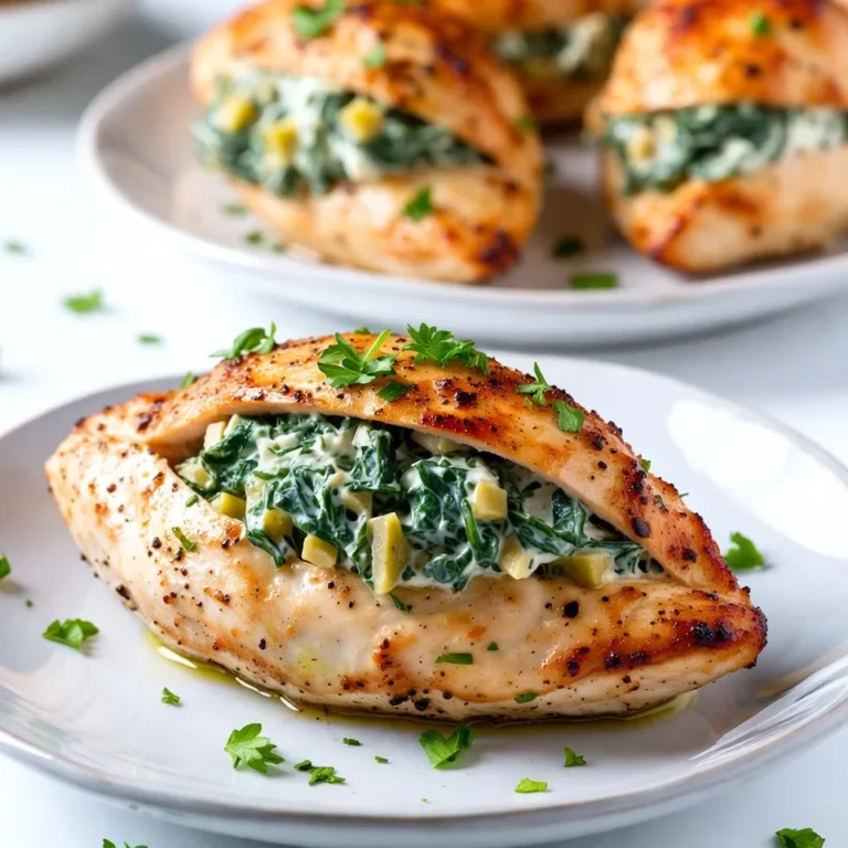 - 2 large chicken breasts - 1 cup fresh spinach, finely chopped - 1 cup canned artichoke hearts, thoroughly drained and coarsely chopped - 1/2 cup cream cheese, softened to room temperature - 1/4 cup creamy Greek yogurt - 1/2 cup shredded mozzarella cheese - 1/4 teaspoon garlic powder - 1/4 teaspoon onion powder - Salt and freshly cracked black pepper to taste - Fresh parsley or basil leaves for garnish (optional) - 2 tablespoons extra virgin olive oil To make spinach artichoke stuffed chicken, gather your ingredients first. Start with two large chicken breasts. These will be the stars of your dish. You want them fresh and plump. Next, chop one cup of fresh spinach. This adds both flavor and color. Use one cup of canned artichoke hearts, drained and chopped. This brings a tender and tangy taste. Now, let's add creaminess. You will need half a cup of cream cheese. Make sure it's softened. Then, use a quarter cup of creamy Greek yogurt for a twist. This adds a nice tang and makes the filling lighter. For flavor, gather half a cup of shredded mozzarella cheese. This will melt beautifully inside the chicken. You will also need a quarter teaspoon each of garlic powder and onion powder. These spices boost the overall taste. Don't forget salt and freshly cracked black pepper to season to your liking. Finally, for a touch of freshness, have some parsley or basil leaves on hand for garnish. You can use them at the end to brighten your dish. Now you have all the ingredients ready. This dish is not only tasty but also visually appealing. It’s a perfect dinner delight! {{ingredient_image_2}} - Preheat the oven to 375°F (190°C). - In a bowl, mix the spinach and artichoke filling. Combine: - 1 cup fresh spinach, finely chopped - 1 cup canned artichoke hearts, drained and chopped - 1/2 cup cream cheese, softened - 1/4 cup creamy Greek yogurt - 1/2 cup shredded mozzarella cheese - 1/4 teaspoon garlic powder - 1/4 teaspoon onion powder - Salt and pepper to taste. This mixture will be creamy and full of flavor. - Take each chicken breast and cut a pocket. - Be careful not to cut all the way through. - Now, stuff each chicken breast with the spinach and artichoke filling. - Press the filling gently to get as much inside as you can. - If the pocket opens, use toothpicks to seal it. This keeps all the goodness inside while cooking. - Heat 2 tablespoons of extra virgin olive oil in a skillet over medium-high heat. - Once the oil is hot, add the stuffed chicken breasts. - Sear them for 2-3 minutes on each side until golden brown. - After searing, transfer the skillet to the preheated oven. - Bake for about 20-25 minutes. The chicken is done when its internal temperature is 165°F (74°C). Let it rest for a few minutes after baking. This helps keep the chicken juicy. You can garnish it with fresh parsley or basil for a nice touch! To seal the chicken pocket, use toothpicks. After stuffing, push the pocket's edge together and insert the toothpicks to hold it. You can also wrap the chicken in kitchen twine for extra support. To keep chicken moist, avoid overcooking. Use a meat thermometer to check the inside temperature. The chicken is ready when it hits 165°F (74°C). Let it rest for a few minutes after cooking. This keeps the juices inside. For extra flavor, try adding spices like paprika or cayenne. You can also mix in different cheeses, like feta or Parmesan, for a unique taste. Serve this dish with a simple salad or roasted veggies. These sides add freshness and balance to the meal. A sharp knife is your best friend for cutting the chicken. Use a sturdy cutting board to keep things safe. A large oven-safe skillet works well for both searing and baking. This way, you can go from stovetop to oven without changing pans. A meat thermometer is a must for perfect cooking. Pro Tips Use Fresh Ingredients: Whenever possible, opt for fresh spinach and high-quality artichoke hearts. Fresh ingredients enhance the flavor and texture of the dish significantly. Don't Overstuff: While it's tempting to load the chicken with filling, overstuffing can cause the chicken to burst while cooking. Aim for a balanced amount of filling. Let It Rest: Allowing the chicken to rest after baking is crucial. This step ensures the juices redistribute, keeping the meat moist and flavorful. Experiment with Cheeses: Feel free to mix different types of cheese such as feta or parmesan for added flavor complexity. This can elevate the dish to a whole new level! {{image_4}} You can mix things up with different cheese options. Try using feta, goat cheese, or even cheddar. Each cheese brings its own taste and texture. Adding sun-dried tomatoes or olives can also boost flavor. These ingredients add a tangy twist that makes every bite exciting. Grilling the chicken gives it a smoky flavor. You can marinate the chicken before grilling for extra taste. Baking is a classic method that keeps the chicken juicy. If you want a faster method, use an Instant Pot. It cooks the chicken quickly and keeps it moist. A slow cooker is perfect for busy days. It allows you to set it and forget it while enjoying a tasty meal later. For gluten-free options, use gluten-free chicken broth or breadcrumbs in the stuffing. You can also swap the cream cheese with a dairy-free version. For a vegan take, replace chicken with tofu or portobello mushrooms. Use a plant-based cream cheese and add more veggies to the filling. These options ensure everyone can enjoy this dish. After you enjoy your spinach artichoke stuffed chicken, store any leftovers right away. Place them in an airtight container. This keeps the chicken fresh for up to three days in the fridge. Make sure to let the chicken cool down before sealing it. If you want to save it longer, freezing is a great option. Wrap each chicken breast in plastic wrap, then put them in a freezer-safe bag. You can freeze them for up to three months. When you reheat stuffed chicken, you want to keep it juicy. The best way is to use the oven. Preheat it to 350°F (175°C). Place the chicken in a baking dish, cover it with foil, and bake for about 15-20 minutes. This method helps keep the chicken moist and warm. You can also use a microwave, but be careful. Heat it in short bursts to avoid drying it out. Meal prepping makes dinner easy. Start by chopping your spinach and artichokes a day ahead. You can also mix the filling in advance. Store it in the fridge until you’re ready to stuff the chicken. When it comes to cooking, just take out the filling and stuff the chicken. This saves time on a busy day. Always label your containers with dates, so you know when to use them! How do I know when the chicken is fully cooked? You can check if the chicken is done by using a meat thermometer. The center should reach 165°F (74°C). If you don’t have a thermometer, cut into the chicken. The meat should be white, not pink. Can I make this recipe ahead of time? Yes, you can prepare the stuffing and stuff the chicken the day before. Store it in the fridge until you’re ready to cook. Just remember to add a few extra minutes to the cooking time. What can I use instead of cream cheese? If you want a lighter option, you can use ricotta cheese or cottage cheese. Greek yogurt can also work for a tangy flavor. Just make sure it’s thick enough to hold the stuffing together. What else can I stuff chicken with? You can get creative! Try using cheese and herbs, sun-dried tomatoes, or even bacon bits. Veggies like mushrooms or peppers can add extra flavor too. How can I modify this recipe for a larger crowd? To serve more people, simply double or triple the ingredients. Use larger chicken breasts or butterfly them for more stuffing space. Just make sure to check the cooking time. What is the best way to sear chicken? Start with a hot skillet and add olive oil. Place the chicken in the pan and don’t move it for a few minutes. This helps create a nice crust. Flip it gently to avoid tearing. How do I keep stuffed chicken from leaking? Make sure to cut a deep pocket, but not all the way through. Stuff it tightly, and use toothpicks to seal the opening. This will help keep the filling inside while cooking. This blog post covered how to make spinach artichoke stuffed chicken. We looked at the key ingredients and cooking steps. I shared tips for tasty variations and smart storage methods. Now, you have a delicious and easy recipe to try. Whether you want to impress guests or enjoy a cozy meal, this chicken dish does it all. Happy cooking!