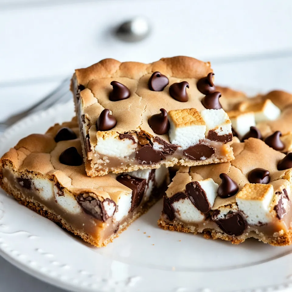 To make S’mores cookie bars, gather these items: - 1 cup unsalted butter, softened - 1 cup packed brown sugar - ½ cup granulated sugar - 2 large eggs, at room temperature - 1 teaspoon pure vanilla extract - 2 ¼ cups all-purpose flour - 1 teaspoon baking soda - ½ teaspoon salt - 1 cup semisweet chocolate chips - 1 cup mini marshmallows - 1 cup graham cracker crumbs These ingredients create a rich, gooey treat that will impress everyone. You can swap some ingredients based on your needs: - Use coconut oil instead of butter for a dairy-free option. - Swap brown sugar for coconut sugar for a lighter flavor. - Use egg substitutes like applesauce or flaxseed meal for a vegan version. - If you want a different taste, try white chocolate chips instead of semisweet. These substitutions keep the essence of S’mores alive while catering to different diets. To prepare these cookie bars, you will need: - A 9x13 inch baking pan - Parchment paper (optional, for easy removal) - Large mixing bowl - Electric mixer or whisk - Measuring cups and spoons - Rubber spatula - Wire rack for cooling Having the right tools makes the process smooth and enjoyable, ensuring delicious results. {{ingredient_image_2}} First, you need to preheat your oven to 350°F (175°C). This step warms the oven for even baking. Next, grab a 9x13 inch baking pan. You can grease it or line it with parchment paper. Lining helps with easy removal later. In a large bowl, add 1 cup of softened unsalted butter. Next, add 1 cup of packed brown sugar and ½ cup of granulated sugar. Use an electric mixer to blend them together. Aim for a light and fluffy mix. This should take about 2-3 minutes. Now, it’s time to add the eggs. Include 2 large eggs, one at a time. Mix well after each addition. Then, pour in 1 teaspoon of pure vanilla extract. Make sure it is combined well with the butter and sugar mixture. In another bowl, whisk together the dry ingredients. You will need 2 ¼ cups of all-purpose flour, 1 teaspoon of baking soda, and ½ teaspoon of salt. Mix these until they are well combined. Gradually add this dry mix to the wet ingredients. Stir until there are no visible flour streaks left. Gently fold in 1 cup of semisweet chocolate chips and 1 cup of graham cracker crumbs. Make sure they are evenly distributed in the dough. Now, pour half of the cookie dough into your baking pan. Press it down evenly to create a base layer. Next, sprinkle 1 cup of mini marshmallows over the first layer. After that, add the remaining cookie dough on top. Spread it gently to cover the marshmallows. Place the pan in the preheated oven. Bake for 25-30 minutes. You want the edges to be golden brown. A toothpick inserted in the center should come out with a few moist crumbs. Once baked, let the bars cool in the pan for at least 15 minutes. Then, transfer them to a wire rack to cool completely. Finally, cut into squares and serve! To get the best texture in your S’mores cookie bars, use softened butter. This helps create a light and fluffy dough. Make sure your eggs are at room temperature. This also helps the dough mix well. When you add the dry ingredients, mix just until no flour streaks remain. Overmixing can lead to tough bars. For a richer taste, consider adding a touch of sea salt on top before baking. This will enhance the chocolate flavor. You can also use different types of chocolate chips, like dark or milk chocolate. This will create new flavor profiles. For a fun twist, try adding a bit of peanut butter to the dough. It pairs nicely with the chocolate and marshmallows. If your bars are too dry, check your measurements. Too much flour can lead to dry bars. If they come out too gooey, they might need more baking time. Keep an eye on them in the oven. If the edges brown too fast, cover the pan with foil. This will help the center bake without overcooking the outside. Pro Tips Chill the Dough: For a thicker cookie bar, chill the dough in the refrigerator for 30 minutes before baking. This helps prevent spreading and enhances the texture. Use Fresh Ingredients: Ensure your baking soda and chocolate chips are fresh for the best flavor and texture. Stale ingredients can affect the outcome of your cookie bars. Don’t Overbake: Keep an eye on the baking time and remove the bars when the edges are golden brown. Overbaking can lead to dry cookie bars. Customize Toppings: Feel free to add other mix-ins like peanut butter chips, nuts, or even a sprinkle of sea salt on top for an extra flavor boost! {{image_4}} To make gluten-free S’mores cookie bars, swap out the all-purpose flour. Use a gluten-free flour blend instead. Many blends work great in baking. Look for one that includes xanthan gum. This will help with texture. Your bars will still be soft and delicious. Ensure all other ingredients are gluten-free too. You can switch the chocolate chips for different types. Try dark chocolate chips for a richer taste. Milk chocolate gives a sweeter flavor. White chocolate can add a fun twist. You can even mix them together. Each type brings its own unique flavor to the bars. Feel free to get creative with add-ins! You can add nuts like walnuts or pecans for crunch. Try using peanut butter chips for a nutty flavor. You might even mix in some toffee bits for extra sweetness. Just remember to keep the balance of flavors in mind. Adding these options can make your bars even more special. To keep your S’mores Cookie Bars fresh, store them in an airtight container. Place a piece of parchment paper between layers to avoid sticking. They stay best at room temperature for up to five days. If you want them to last longer, consider refrigeration. These cookie bars freeze well! First, let them cool completely. Then, wrap them tightly in plastic wrap. Place them in a freezer-safe bag or container. They can stay frozen for up to three months. When ready to enjoy, just thaw them in the fridge overnight. To reheat S’mores Cookie Bars, use an oven set to 350°F (175°C). Place the bars on a baking sheet and warm them for about 10 minutes. You can also microwave individual squares for 15-20 seconds. This brings back the gooey goodness of the marshmallows! S’mores cookie bars last about 5 to 7 days when stored correctly. Keep them in an airtight container at room temperature. This keeps them soft and chewy. If you want to keep them longer, you can freeze them for up to three months. Just wrap them well in plastic wrap and place them in a freezer-safe bag. Yes, you can make these bars ahead of time. They are perfect for meal prep or gatherings. Bake and cool the bars, then store them in an airtight container. You can also freeze the dough before baking. Just thaw it in the fridge overnight before baking. If you don’t have marshmallows, try using marshmallow fluff. You can also use chocolate-covered marshmallows for a twist. For a different texture, mini meringues can work as a fun alternative. They won’t melt like marshmallows but will still add a nice crunch. Absolutely! Adding nuts can give these bars a nice crunch. Chopped walnuts or pecans pair well with the chocolate and graham crackers. Just fold them in with the chocolate chips and graham cracker crumbs. Aim for about ½ cup of nuts for a great balance. This article covered all you need for S’mores cookie bars. We looked at ingredients, step-by-step instructions, and tips for the best results. You can substitute items based on what you have at home. Remember to store, freeze, or reheat your bars correctly. With the right tools and a few tricks, you can make these treats perfectly every time. Enjoy experimenting with the variations and don’t hesitate to try something new! Happy baking!