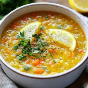 - 1 cup green or brown lentils, thoroughly rinsed - 1 medium onion, finely diced - 2 cloves garlic, minced - 2 medium carrots, diced into small pieces - 1 celery stalk, finely diced - 1 teaspoon turmeric powder - 1 teaspoon ground cumin - Sea salt and freshly cracked black pepper, to taste - 6 cups vegetable broth (preferably low-sodium) - 1 lemon, zested and juiced - 2 tablespoons extra virgin olive oil - Fresh parsley, chopped, for garnish For this Golden Lemon Lentil Soup, each ingredient plays a vital role. Lentils are the star; they give the soup its hearty base. They pack protein and fiber, making the soup filling. Onions and garlic add depth and flavor. They make the soup smell amazing as they cook. Carrots provide sweetness and color. Celery adds a nice crunch and balances the flavors. The spices here are key. Turmeric brings warmth and health benefits. Cumin gives a slight earthiness that complements the lentils well. I always use sea salt and fresh pepper to enhance the soup's taste. The vegetable broth is the liquid gold of this recipe. It adds richness and depth. I prefer low-sodium broth to control the saltiness. Finally, the lemon zest and juice brighten the soup. They add a fresh, citrus note that lifts the dish. Olive oil adds richness and helps the flavors blend. Don't forget the fresh parsley; it adds color and a fresh taste. Gathering these ingredients sets you up for a delicious and nutritious meal. Enjoy the process, and let the aromas fill your kitchen as you cook! {{ingredient_image_2}} - Rinse the lentils thoroughly to remove any dirt or dust. - Dice one medium onion into small pieces. - Mince two cloves of garlic. - Dice two medium carrots into small cubes. - Finely dice one celery stalk. - Heat two tablespoons of extra virgin olive oil in a large pot over medium heat. - Add the diced onion and saut&eacute; for about five minutes. You want it to be soft and clear. - Next, stir in the minced garlic, diced carrots, and celery. Cook for another five minutes. Stir often to cook evenly. - Sprinkle in one teaspoon of turmeric powder and one teaspoon of ground cumin. Mix well and let it cook for two minutes. This helps the spices shine. - Add the rinsed lentils to the pot, then pour in six cups of vegetable broth. Turn up the heat to bring it all to a boil. - Once boiling, reduce the heat to a low simmer. Cover the pot and let it cook for 25 to 30 minutes. Stir now and then to keep it from sticking. These steps create a rich base for your soup. Add zing with lemon zest and juice later for a bright flavor! To get the best lentils, cook them right. For green or brown lentils, the cooking time is key. They need about 25 to 30 minutes to become tender. Stir them often to avoid sticking. If you want a softer texture, cook a bit longer. Rinsing lentils is simple but important. Start by placing them in a fine mesh strainer. Rinse under cold water until the water runs clear. This removes dust and debris. It also helps prevent any off flavors. Want to boost the flavor? Try adding spices like smoked paprika or a pinch of cayenne. They add warmth and depth to the soup. Fresh herbs like thyme or cilantro bring a bright taste. Adjust the lemon flavor to your liking. If you love lemon, add more zest or juice. For a subtle taste, start with half the lemon and taste as you go. Serve your soup in a wide bowl. This makes it look nice and inviting. Add a sprinkle of fresh parsley on top for color. You can also drizzle a bit of olive oil for shine. Pair the soup with some crusty bread or a fresh salad. This makes for a complete meal. A nice glass of white wine can also enhance the experience. Enjoy your delicious Golden Lemon Lentil Soup! Pro Tips Use Fresh Ingredients: Fresh vegetables and herbs can brighten the flavor of your soup and make a significant difference in taste. Adjust Consistency: If you prefer a thinner soup, gradually add more vegetable broth or water until you reach your desired consistency. Enhance with Acidity: A squeeze of fresh lemon juice just before serving can enhance the flavors and add a refreshing zing. Storage Tips: This soup stores well in the refrigerator for 3-5 days and can also be frozen for longer preservation. {{image_4}} You can change the lentils in this soup. Use red lentils for a sweeter taste. They cook faster, so adjust the time. You can also try black or yellow lentils for a different look and flavor. Feel free to add more veggies. Try spinach or kale for greens. Sweet potatoes add a nice touch. Bell peppers can bring more color and taste. Just chop them small so they cook well. This soup is easy to make gluten-free. All the ingredients are naturally gluten-free. Just check your broth to ensure it is safe. This makes it great for those with gluten issues. For vegan options, skip the broth with animal products. You can also add chickpeas for more protein. They blend well with lentils and add texture. This keeps the soup healthy and satisfying. Do you love heat? Add chopped chilies or a pinch of cayenne. This gives the soup a nice kick. Just be careful with the amount if you don&rsquo;t like it too spicy. Herbs can also change the taste. You can add thyme for a more earthy flavor. Basil brings a sweet and fresh touch. Experiment to find your favorite mix! To keep your Golden Lemon Lentil Soup fresh, store it in an airtight container. This helps maintain its flavor and texture. It&rsquo;s best to refrigerate the soup within two hours of cooking. In the fridge, it stays good for about 3 to 5 days. The soup may thicken as it sits, but don&rsquo;t worry; a little broth can fix that. If you want to save some soup for later, freezing is a great option. Let the soup cool completely before you put it in a freezer-safe container. Leave some space at the top, as the soup will expand when frozen. You can freeze it for up to 3 months. When you're ready to enjoy it again, transfer it to the fridge to thaw overnight. To reheat, the best method is using the stove. Pour the soup into a pot and heat it on medium-low. Stir it often to prevent sticking. If the soup seems too thick, add a splash of broth or water. You can also use the microwave. Just heat it in short bursts, stirring in between. This helps avoid overcooking. Always check the soup's temperature before serving. Enjoy your warm and tasty soup! To change the thickness, you have two main options. - Thickening: For a thicker soup, cook it longer. The lentils will break down more. You can also mash some lentils with a fork to create a creamier texture. - Thinning: If your soup is too thick, add more vegetable broth or water. Stir it well and let it heat for a few minutes. This method keeps the flavor strong while adjusting the texture. Yes, you can use canned lentils! They save time and are very convenient. - Benefits: Canned lentils are already cooked, so they cut down on prep time. They are also soft and easy to mix into your soup. - Adjustments: If using canned lentils, add them near the end of cooking. This prevents them from becoming mushy. Reduce the cooking time in your recipe by about 15 minutes. This soup pairs well with many side dishes. - Bread: Serve it with crusty bread or garlic bread. It is perfect for dipping. - Salads: A fresh green salad with light dressing complements the soup. - Rice: You can also serve it over rice or quinoa for a heartier meal. These sides enhance the flavor and make your meal more filling. This blog post covers how to make delicious Golden Lemon Lentil Soup. We discussed essential ingredients like lentils, vegetables, and spices. The step-by-step instructions guide you from preparation to cooking. I shared valuable tips to enhance flavor and presentation. You learned about variations and how to store leftovers. In conclusion, this soup is easy to make and tastes great. It fits many diets and is perfect for meal prep. Enjoy your cooking adventure with this nourishing dish!