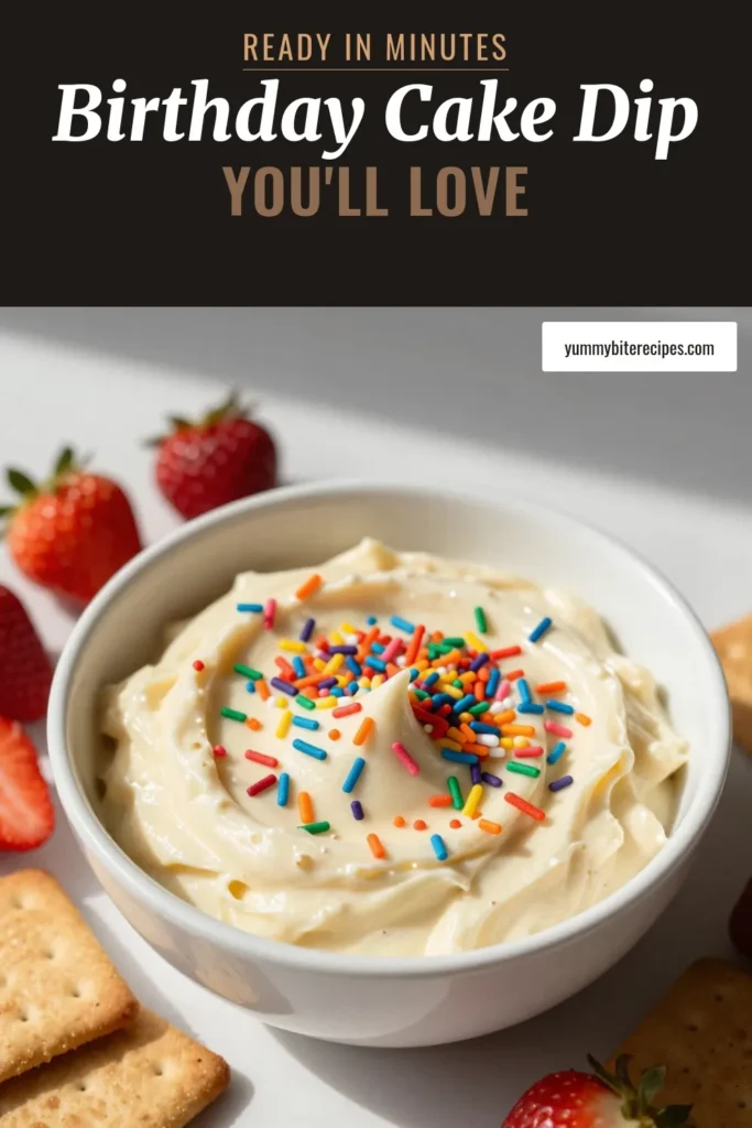 Looking for a fun treat to celebrate? Try this delicious Funfetti birthday cake dip! This creamy Funfetti dip recipe is perfect for any birthday party and features a colorful mix of sprinkles. It's an easy dessert dip with sprinkles that everyone will love. Plus, it's a no-bake cake dip recipe, making it a breeze to whip up. Serve with fresh strawberries and graham crackers for a festive touch! Save this for your next celebration! #FunfettiDip #BirthdayPartyIdeas #DessertDip #EasyRecipes