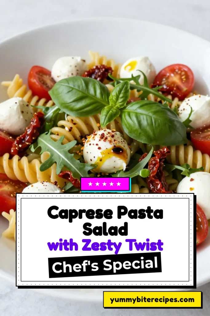 Discover the perfect summer dish with this Caprese Pasta Salad! This quick and easy Fusilli Pasta Salad Recipe combines cherry tomatoes, fresh mozzarella, arugula, and sun-dried tomatoes for a deliciously refreshing meal. Ideal for picnics or family gatherings, this Fresh Mozzarella Salad is a must-try. Don't miss out on this Arugula Caprese Salad that’s bursting with flavor! Save this recipe now! #CapresePastaSalad #FusilliPasta #SummerPasta #FreshMozzarellaSalad