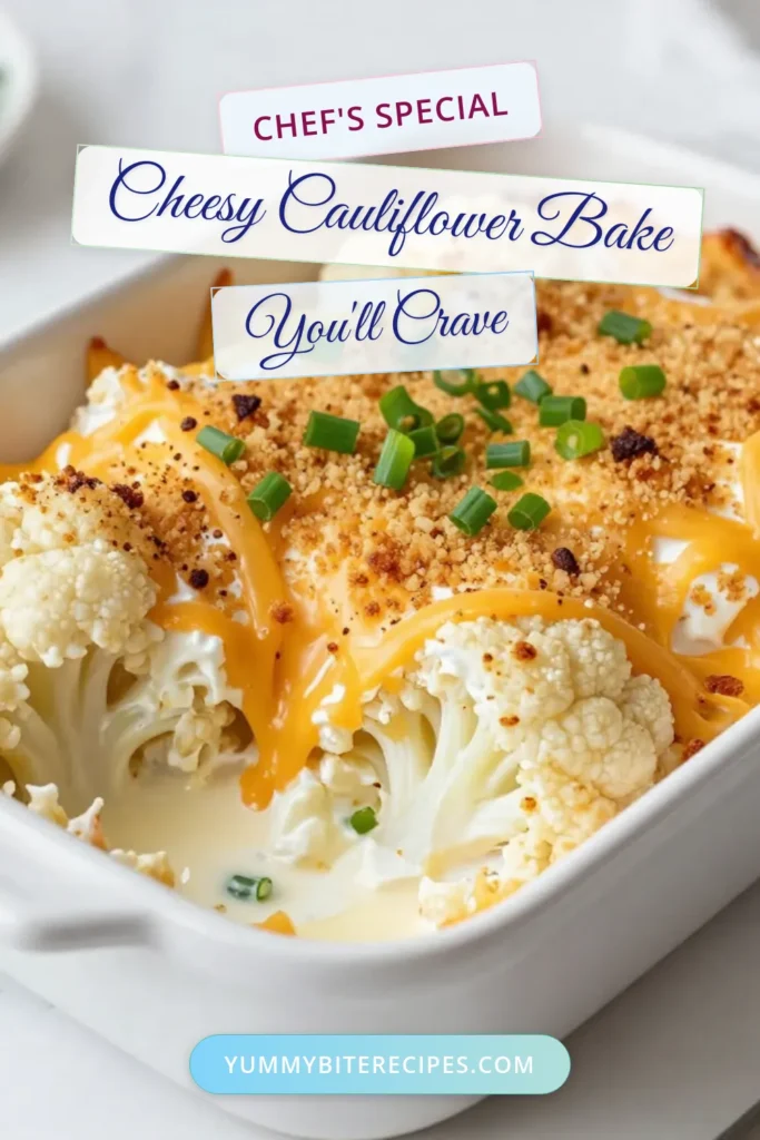 Savor the rich flavors of our Loaded Cheesy Cauliflower Bake! This mouthwatering cheesy cauliflower recipe combines tender cauliflower with creamy cheeses and crispy bacon for a perfect low carb cauliflower dish. Ideal for gatherings, this baked cauliflower casserole will delight your guests! Try this delicious and easy recipe today for a comforting meal. Save it for later! #CheesyCauliflower #LowCarbRecipes #CauliflowerCasserole #BakedCauliflower