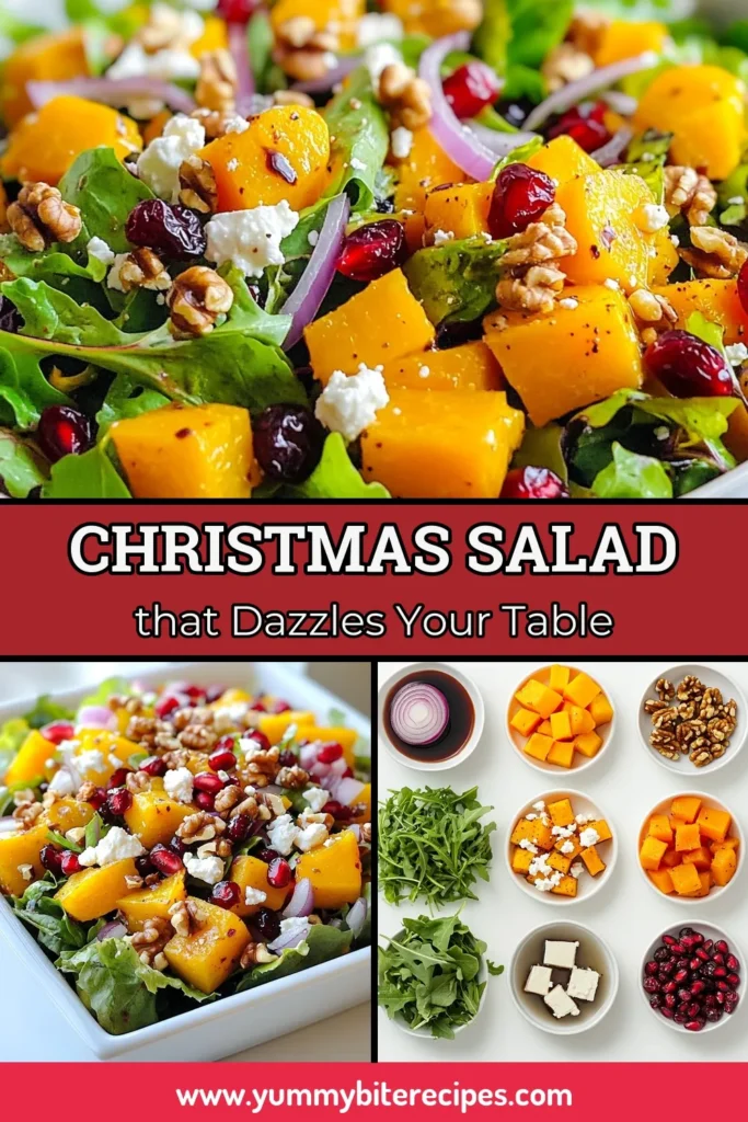 Elevate your holiday gatherings with this delightful Christmas salad recipe! This festive salad features a colorful mix of greens, sweet pomegranate seeds, roasted butternut squash, and creamy feta cheese. It's a healthy holiday salad that’s perfect for any occasion. Try this pomegranate butternut squash salad for a burst of flavor! Don’t forget to save this creamy feta salad recipe for your next celebration! #ChristmasSalad #FestiveSaladIdeas #HealthyHolidaySalad #PomegranateButternutSquashSalad