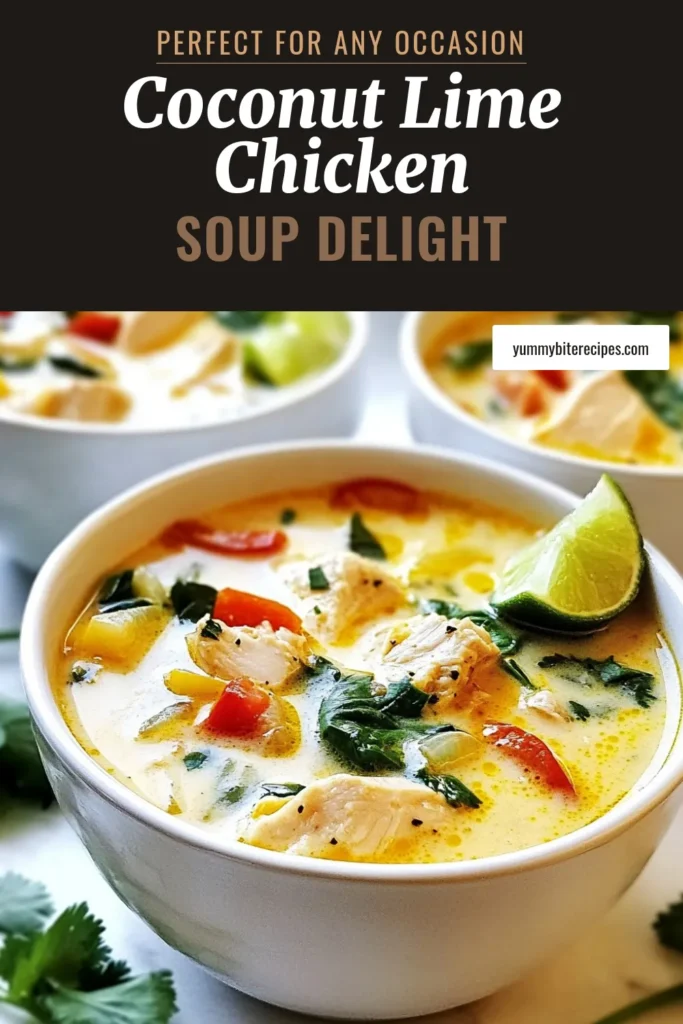 Discover the vibrant flavors of Coconut Lime Chicken Soup with this easy chicken soup recipe. Made with creamy coconut milk, tender chicken, and fresh lime, this healthy chicken soup is a delightful Asian-inspired soup recipe perfect for any occasion. Ready in just 35 minutes, it’s a comforting dish the whole family will love. Try it today and elevate your meal prep! Save this recipe now! #CoconutLimeChickenSoup #EasyChickenSoupRecipe #CoconutMilkSoup #HealthyChickenSoup