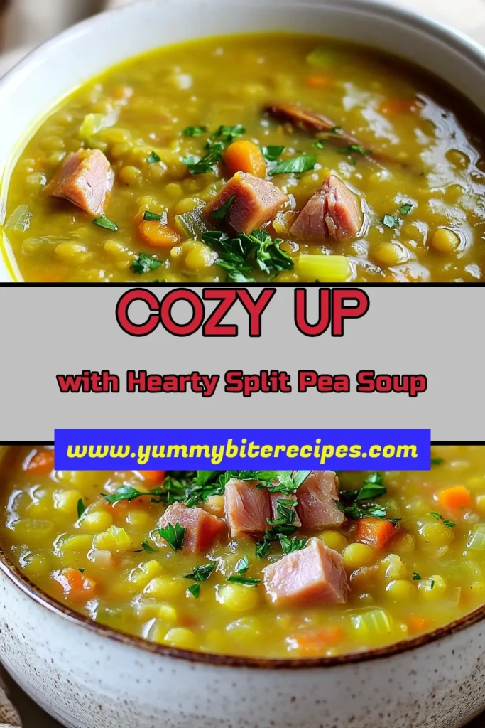 Warm up with our hearty split pea soup with ham, a perfect comfort food soup recipe! This slow cooker split pea soup is packed with flavor and nutrition, making it a favorite among healthy soup recipes. With easy preparation and minimal ingredients, you can enjoy a delicious meal that’s both satisfying and wholesome. Dive into this soothing bowl today and savor every bite! Save this recipe for your next family dinner! #SplitPeaSoup #ComfortFood #HealthyRecipes #SlowCookerMeals