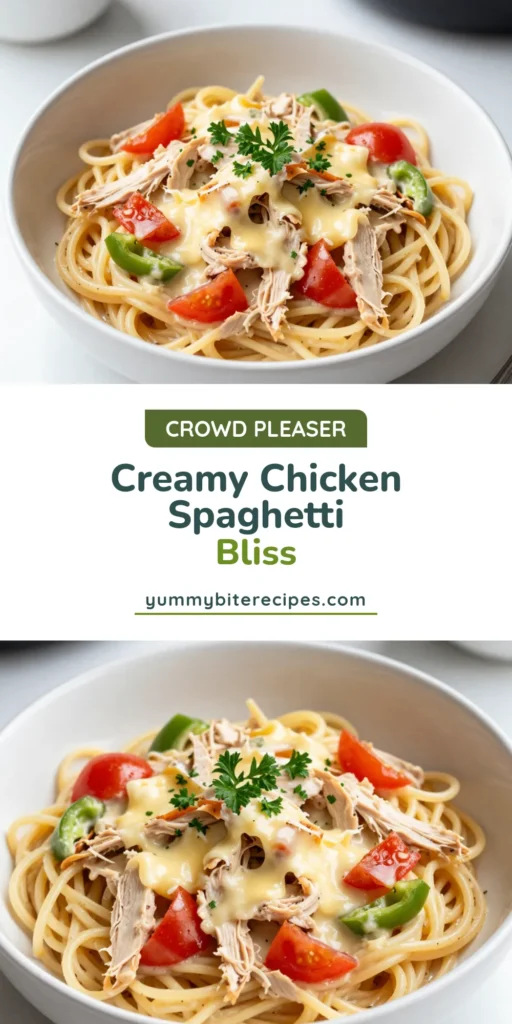 Discover this Crockpot Chicken Spaghetti Recipe that is perfect for busy nights! This creamy chicken spaghetti combines tender chicken, rich cream cheese, and cheesy mozzarella for a delicious and easy spaghetti crockpot meal. Ideal for family dinners, this slow cooker chicken pasta is a winner. Get ready to impress with this cheesy spaghetti chicken dinner! Save this recipe now! #CrockpotRecipes #ChickenPasta #EasyDinner #SlowCookerMeals