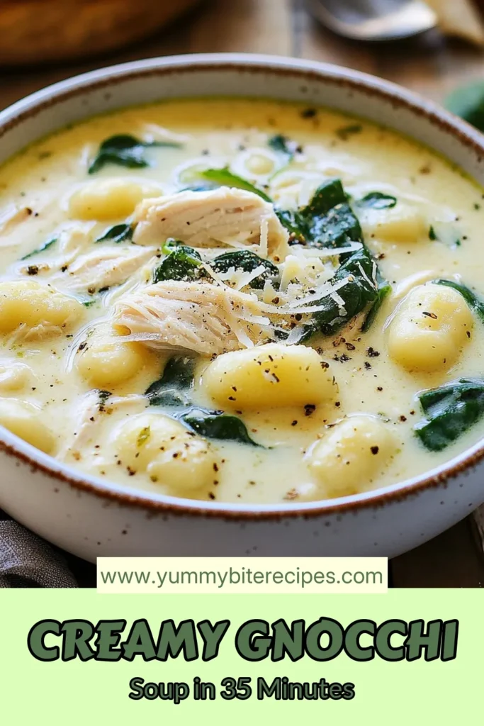 Warm up with this delicious creamy chicken gnocchi soup, a perfect one-pot meal that’s both comforting and easy to prepare. This chicken gnocchi recipe combines tender chicken, fluffy gnocchi, and fresh spinach, all simmered in a rich and creamy broth. Ideal for chilly nights, this easy creamy soup is sure to become your new favorite comfort food gnocchi soup. Give it a try and save for later! #ComfortFood #OnePotRecipe #ChickenGnocchi #SoupLovers