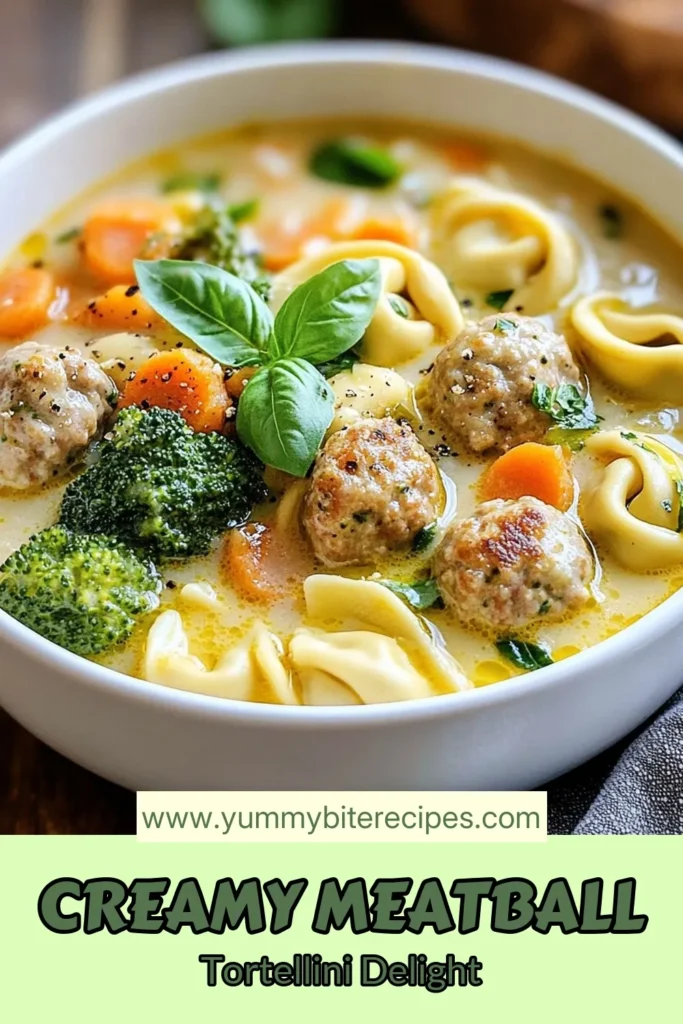Savor the comforting flavors of creamy meatball tortellini soup with this easy Italian meatball soup recipe. Packed with tender meatballs, cheesy tortellini, and vibrant veggies, this homemade meatball soup is perfect for family dinners. Ready in just 40 minutes, it's a delightful and creamy Italian soup recipe that will warm your heart and soul. Try it today and save for later! #CreamyMeatballTortelliniSoup #ItalianMeatballSoup #CheesyTortelliniSoup #HomemadeMeatballSoup