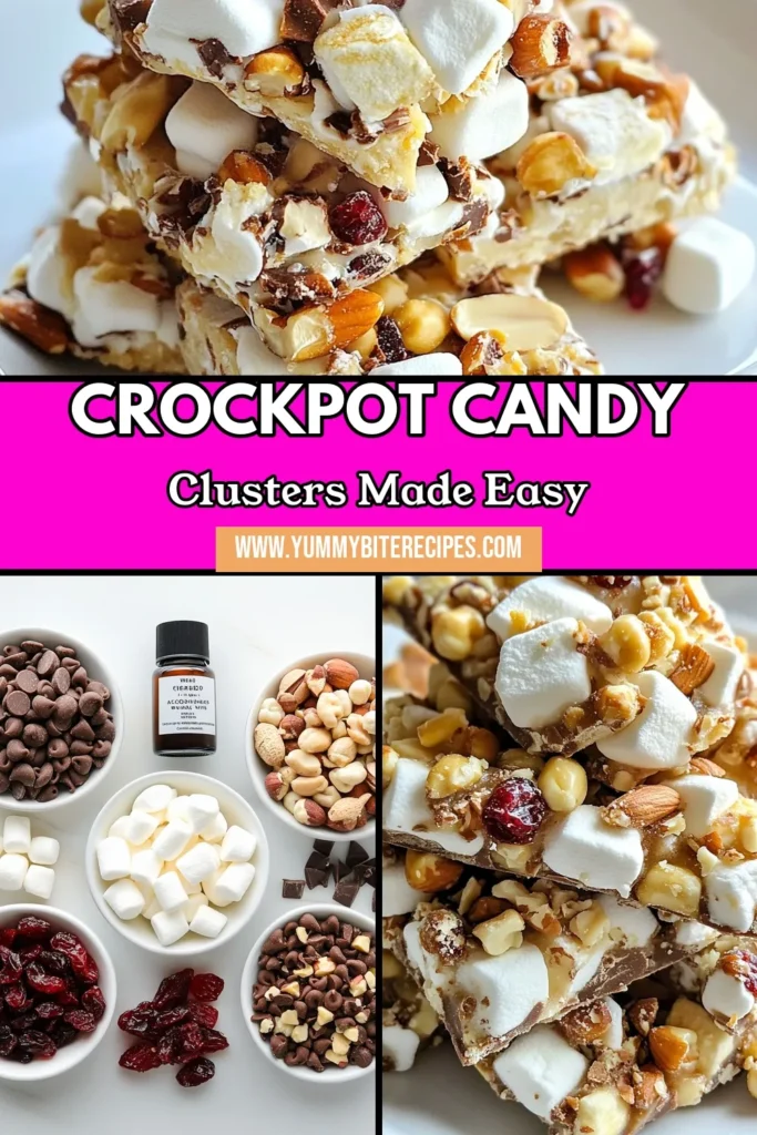 Indulge in this easy Crockpot candy recipe with delightful chocolate clusters that are perfect for any occasion! This no-bake chocolate treats recipe combines semi-sweet, milk, and white chocolate with crunchy peanuts and pecans. Make these holiday candy clusters in just a few simple steps and impress your friends and family. Enjoy or gift these delightful treats! Save this chocolate clusters recipe for your next celebration! #CrockpotCandy #EasyCandyRecipes #NoBakeTreats #HolidayCandyClusters