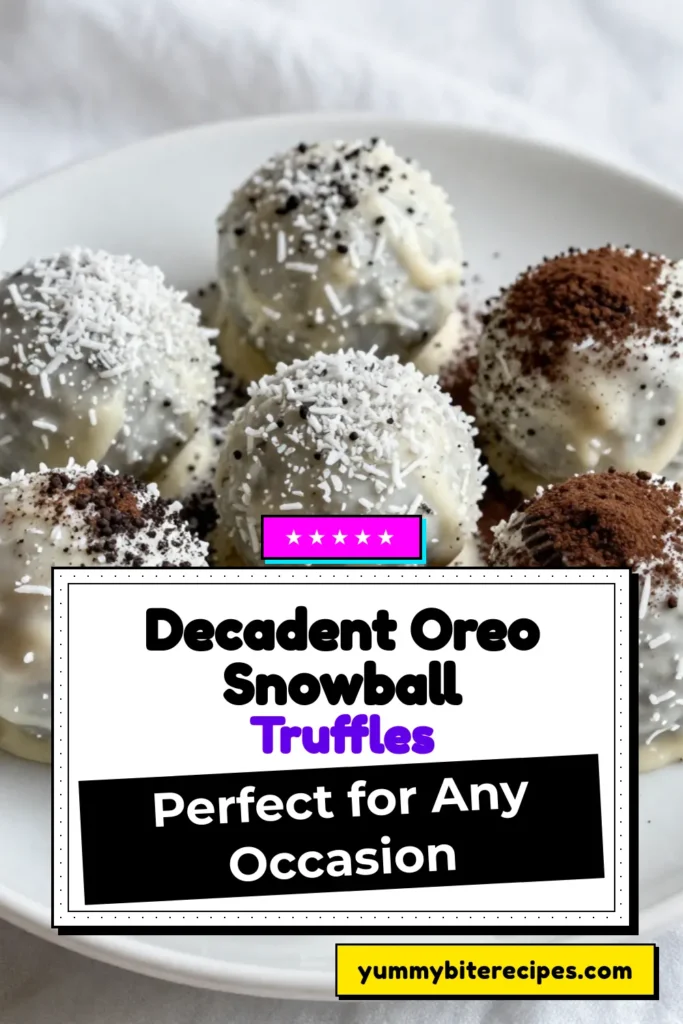 Indulge in these Oreo Snowball Truffles, the perfect no-bake Oreo dessert for any holiday gathering! This easy white chocolate truffle recipe features delicious coconut-covered truffles that are simple to make and delightful to eat. Ready in just over an hour, these festive treats are sure to impress. Gather your ingredients and create this dreamy dessert today! Save this recipe for your holiday baking! #OreoSnowballTruffles #NoBakeDessert #HolidayTreats #TruffleRecipe