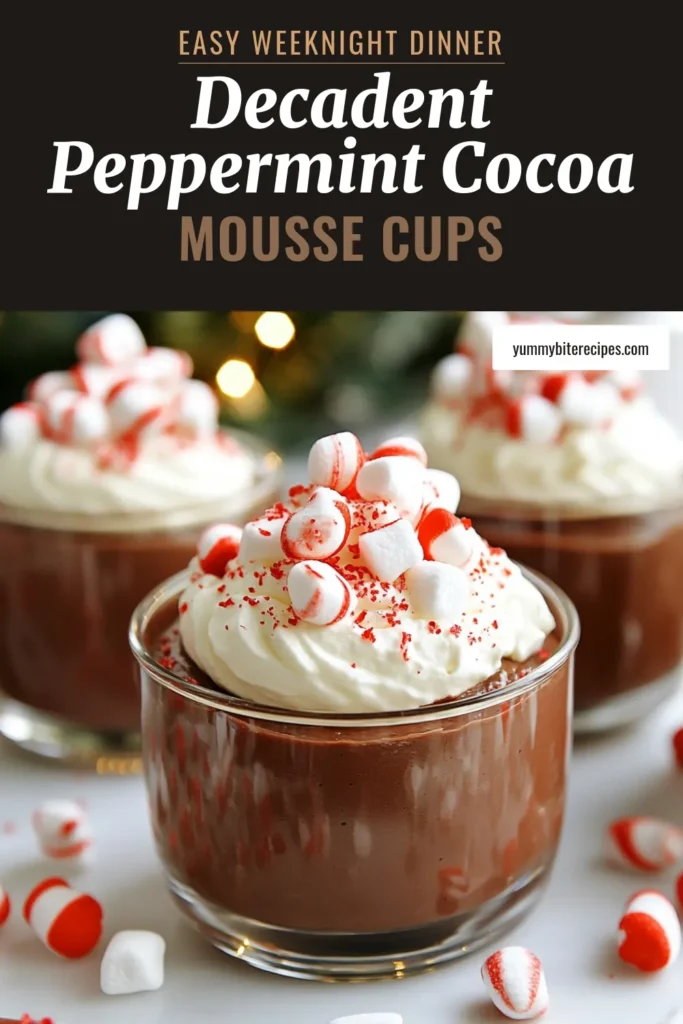Indulge in the festive flavors of peppermint with these delightful Peppermint Hot Cocoa Chocolate Mousse Cups. This chocolate mousse cups recipe is an easy holiday dessert that's perfect for any gathering. With whipped cream topping ideas and a sprinkle of crushed peppermint candies, it's sure to impress. Discover how to make this simple yet delicious festive dessert! Save this recipe for your holiday celebrations! #PeppermintHotCocoaMousse #ChocolateMousseCupsRecipe #EasyHolidayDesserts #FestiveDessertRecipes