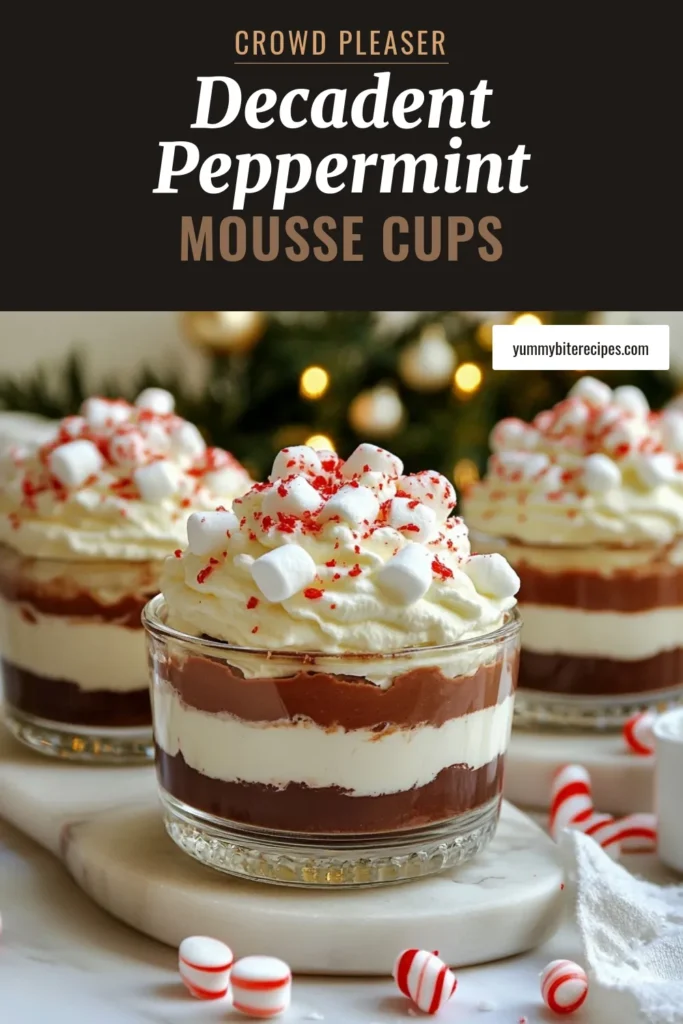 Indulge in the festive spirit with these delightful Peppermint Hot Cocoa Mousse Cups! This easy chocolate mousse cups recipe features a whipped chocolate mousse recipe that's velvety smooth and bursting with minty flavor. Perfect for holiday gatherings, these easy holiday desserts will impress your guests. Treat yourself to a layer of bliss topped with mini marshmallows and crushed peppermint. Try this festive dessert recipe today! #PeppermintMousse #ChocolateMousse #HolidayDesserts #EasyRecipes