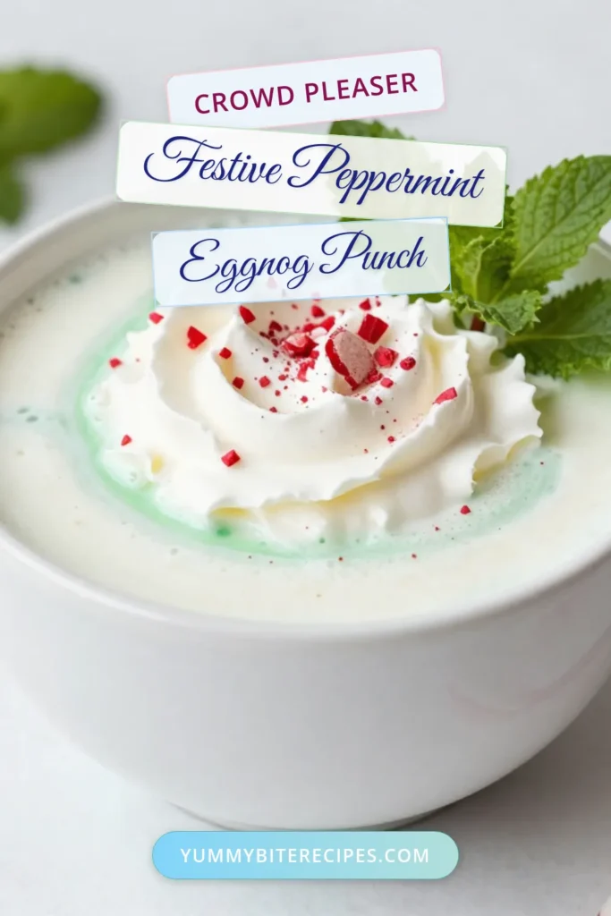 Get ready to impress this holiday season with a delightful Peppermint Eggnog Punch! Perfect for parties, this festive cocktail combines creamy eggnog with peppermint syrup for a refreshing twist. Ideal for holiday gatherings, this easy eggnog recipe brings a festive vibe to your table. Top it off with whipped cream and crushed peppermint candies for a charming Christmas dessert! Try this festive drink and make your holidays unforgettable! #PeppermintEggnogPunch #HolidayDrinkRecipes #FestiveCocktails #ChristmasDesserts
