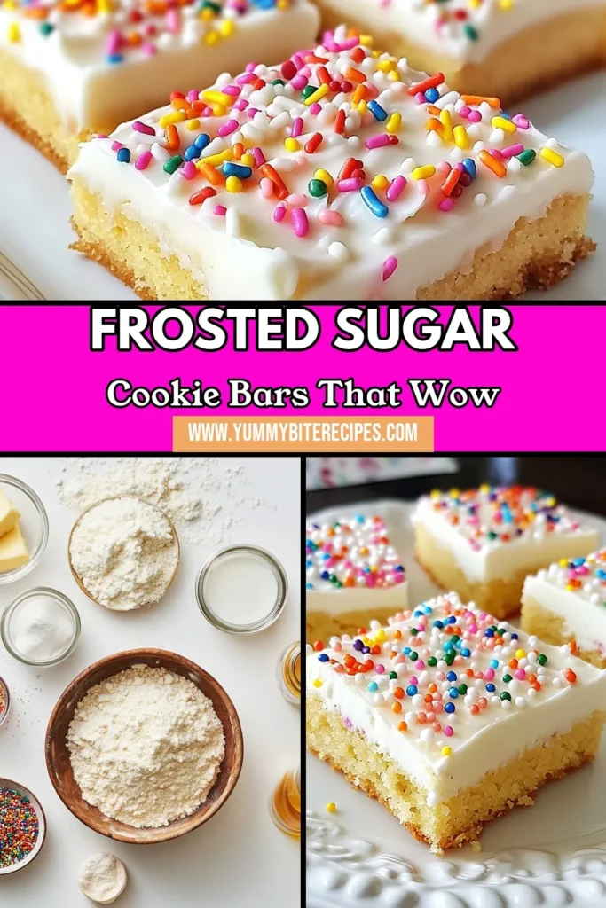 Indulge in these festive frosted sugar cookie bars—your new go-to dessert! This easy sugar cookie recipe transforms traditional cookies into delightful decorated cookie bars perfect for any occasion. With just simple ingredients, you can create delicious, colorful treats that everyone will love. Bake a batch today and add some joy to your celebrations! Save this recipe for your next baking adventure! #FrostedSugarCookieBars #EasyCookieBars #FestiveDessertBars #SugarCookieRecipe