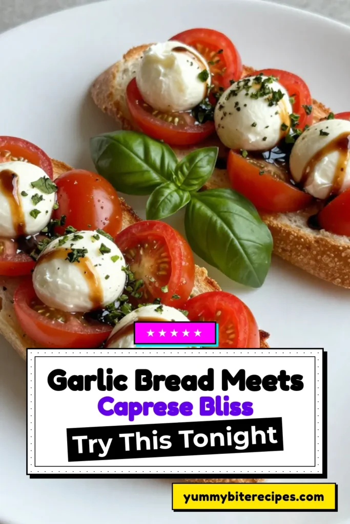 Savor the taste of Caprese garlic bread, a delightful twist on the classic garlic bread recipe! This easy appetizer features a crispy baked garlic baguette topped with juicy mozzarella, vibrant tomatoes, and fragrant basil. Perfect for gatherings or a cozy night in, this mozzarella tomato basil bread will impress your guests. Try this simple, delicious recipe today and elevate your snacking! Save this pin for later! #CapreseGarlicBread #GarlicBreadRecipe #EasyAppetizers #BakedGarlicBaguette