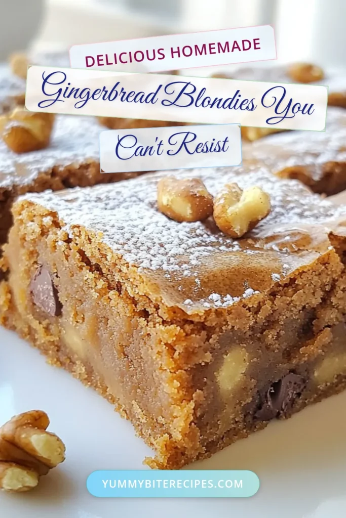Indulge in these delicious spiced gingerbread blondies that make the perfect holiday baking recipe! This easy gingerbread blondies recipe combines warm spices and rich chocolate chips for a cozy treat. Ideal for gatherings or a sweet gift, these gingerbread desserts will impress your family and friends. Try this blondie recipe with chocolate chips this season and experience the festive flavors! Save this recipe for your holiday baking! #GingerbreadBlondies #HolidayBaking #BlondieRecipe #DessertRecipe