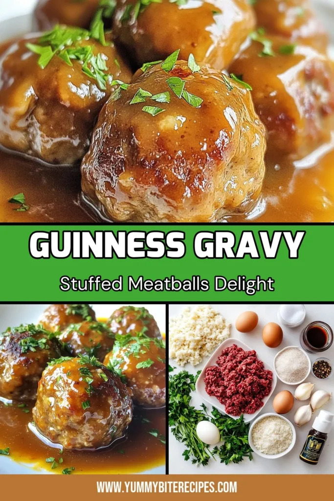 Try this Guinness meatballs recipe for a savory meatball dinner that will impress everyone! These juicy stuffed meatballs with gravy combine ground beef and pork, all topped with rich non-alcoholic Guinness-flavored gravy. Perfect for family meals or gatherings! Discover how to make them now and enjoy an unforgettable dish. Save this recipe to add some deliciousness to your dinner table! #GuinnessMeatballs #StuffedMeatballs #SavoryDinner #MeatballRecipes