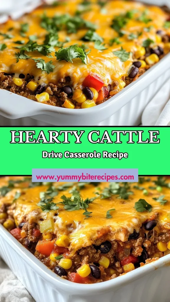 Looking for a hearty dish that impresses with minimal effort? Try this Cattle Drive Casserole recipe! This ground beef casserole combines tender rice, corn, and black beans, all topped with gooey cheddar cheese for a cheesy beef and rice casserole everyone will love. Perfect for weeknight dinners, it's an easy casserole with corn that your family will ask for again and again. Click to get the full recipe! #CattleDriveCasserole #GroundBeefCasserole #EasyCasserole #CheesyCasserole
