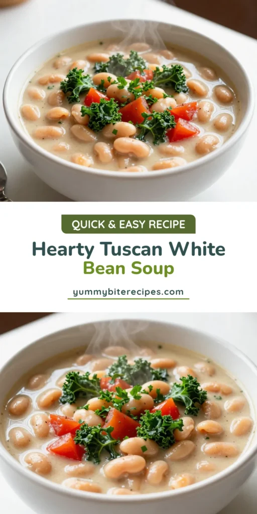 Savor the flavors of Italy with this delicious Tuscan white bean soup! This easy vegetable soup recipe features creamy cannellini beans, vibrant kale, and hearty tomatoes, making it a perfect, healthy choice for any meal. Try this Mediterranean bean soup today and experience the warmth of homemade comfort food. Perfect for family dinners or meal prep! Save this tasty cannellini bean soup recipe now! #TuscanWhiteBeanSoup #HealthySoup #EasyVegetableSoup #MediterraneanBeanSoup