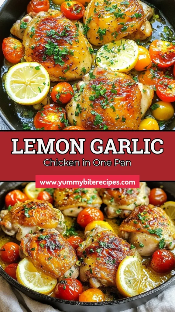Discover the perfect recipe for One-Pan Lemon Garlic Chicken Thighs that will make dinner a breeze. This easy chicken dinner features succulent roasted chicken thighs infused with zesty lemon and garlic, complemented by vibrant cherry tomatoes. Ideal for busy weeknights, this one-pan chicken recipe is not just delicious but also hassle-free. Try this roasted chicken thighs recipe tonight and impress your family! Save this for your next meal! #OnePanRecipes #ChickenThighs #EasyDinner #ZestyDishes