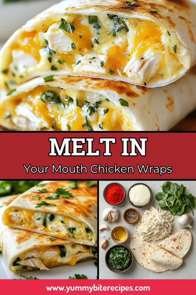 Indulge in these Cheesy Garlic Chicken Wraps that are perfect for a quick lunch or dinner! This easy chicken wrap recipe features tender shredded chicken and gooey mozzarella cheese, all wrapped in soft tortillas. With the perfect blend of garlic and fresh spinach, these cheesy chicken tortillas are sure to impress. Try this delicious garlic chicken recipe today, and don't forget to save for later! #CheesyChickenWraps #EasyChickenWraps #GarlicChickenRecipe #MozzarellaChickenWraps
