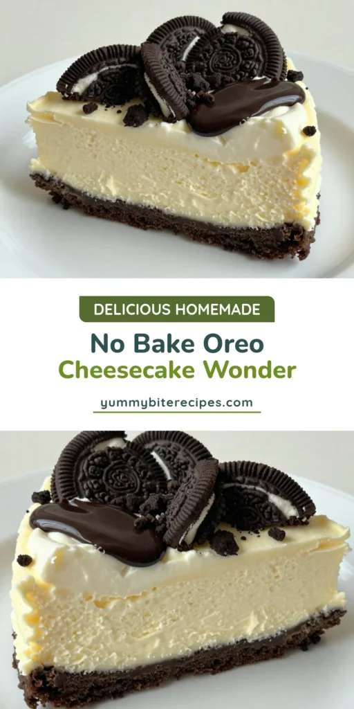 Indulge in this delicious No-Bake Oreo Cheesecake that's perfect for any occasion. This easy no-bake dessert features a rich cream cheese filling combined with your favorite Oreo cookies, making it a delightful Oreo cheesecake recipe. Chill for four hours for the best results and impress your guests with this creamy treat. Try this No-Bake Cheesecake Delight today and bring joy to your dessert table! Save this recipe! #OreoCheesecake #NoBakeDessert #CreamCheeseOreo #DessertRecipes