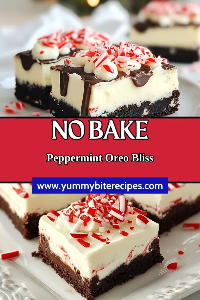 Get ready to impress this holiday season with these delightful No-Bake Peppermint Oreo Bars! This easy dessert recipe combines Oreo cookies, cream cheese, and minty flavor for a perfect festive treat. If you're looking for peppermint dessert ideas, these cream cheese dessert bars are a must-try. Perfect for gatherings or cozy nights in, make these delicious bars today! Save and share your experience! #NoBakeDesserts #HolidayTreats #PeppermintDesserts #EasyRecipes
