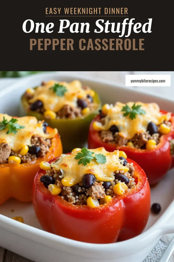 Looking for a delicious and healthy meal? Try this stuffed bell pepper casserole! Our quinoa stuffed peppers recipe combines ground turkey and vibrant veggies for an easy bell pepper recipe that’s packed with flavor. Perfect for a weeknight dinner, this healthy casserole dish will please the whole family. Save this recipe and get ready to enjoy a comforting, nutritious meal tonight! #CasseroleRecipes #HealthyEating #MealPrep #QuinoaRecipes